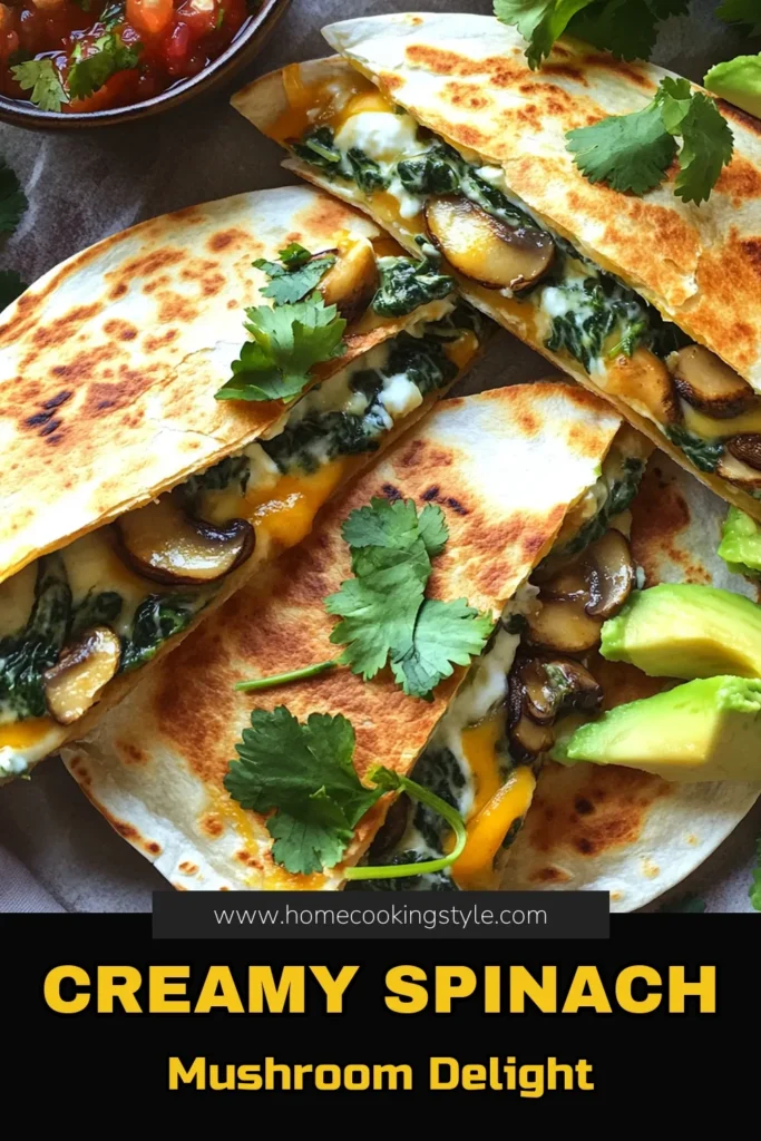 Savor the deliciousness of Creamy Spinach Mushroom Quesadillas with this easy recipe! Packed with fresh ingredients like spinach and mushrooms, combined with creamy cheeses, these quesadillas are perfect for a quick meal or snack. Follow our step-by-step guide to create these tasty treats in just 30 minutes. Click through for the full recipe and add a burst of flavor to your dinner tonight! #SpinachQuesadillas #MushroomRecipes #EasyDinner #ComfortFood