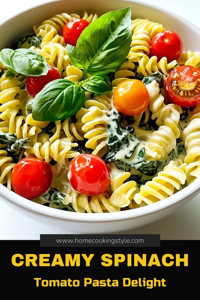 Savor the deliciousness of creamy spinach tomato pasta with this easy recipe! Made with fresh spinach, juicy tomatoes, and a rich cream sauce, this dish is perfect for a quick weeknight dinner. Enjoy satisfying flavors in just 25 minutes! Click to discover how to make this mouthwatering pasta and elevate your meal tonight. Don't miss out on this culinary delight! #PastaRecipe #CreamyPasta #HealthyEating #QuickMeals