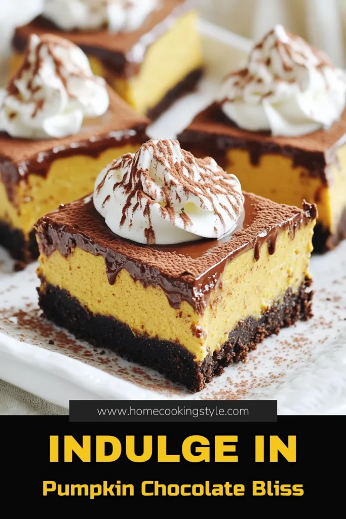 Indulge in the best of fall flavors with these delicious Chocolate Pumpkin Cheesecake Bars! This easy recipe combines creamy pumpkin cheesecake with a rich chocolate crust, perfect for any gathering. Whether you're entertaining or treating yourself, these bars are sure to impress! Click through to discover how to make this sweet treat and elevate your dessert game. #PumpkinCheesecake #DessertIdeas #FallBaking #ChocolateLovers