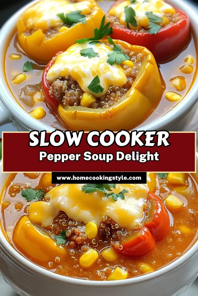 Warm up with a bowl of delicious Slow Cooker Stuffed Pepper Soup! This hearty recipe combines bell peppers, ground turkey, quinoa, and spices for the ultimate comfort food. Perfect for busy days, simply set your slow cooker and enjoy a nutritious meal later. Ready to try it? Click through for the full recipe and step-by-step instructions that will have you savoring every bite. #SlowCookerRecipes #StuffedPepperSoup #ComfortFood #HealthyEating