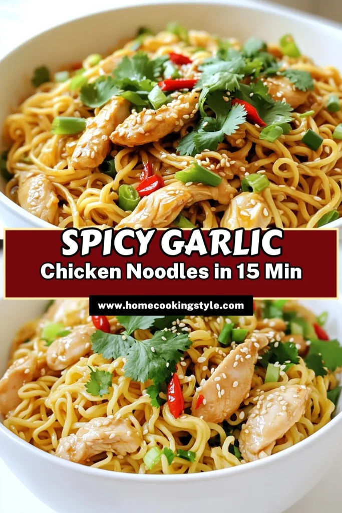 Savor the spiciness of Chili Garlic Chicken Noodles with this quick and easy recipe! This flavorful dish combines tender chicken, egg noodles, and vibrant veggies, all tossed in a delicious garlic and chili sauce. It's perfect for a weeknight dinner or meal prep. Click through for the full recipe and enjoy a fragrant, mouthwatering experience at home tonight! #ChiliGarlicChicken #Noodles #QuickDinner #EasyRecipes