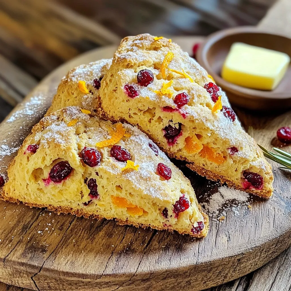 To make delicious bakery-style orange cranberry scones, you need these key ingredients: - 2 cups all-purpose flour - 1/3 cup granulated sugar - 1 tablespoon baking powder - 1/2 teaspoon salt - 1/2 cup unsalted butter, cold and cubed - 1/2 cup dried cranberries - Zest of 1 orange - 1/2 cup heavy cream - 1 large egg - 1 teaspoon vanilla extract - 1 tablespoon milk (for brushing) - Turbinado sugar (for sprinkling on top) Sometimes, you may not have every ingredient on hand. Here are some easy swaps: - For all-purpose flour, try whole wheat flour or gluten-free flour. - You can replace granulated sugar with brown sugar for added flavor. - If you don’t have heavy cream, use milk or almond milk, but the scones may be less rich. - If you lack dried cranberries, any dried fruit like raisins or cherries works well. - For vanilla extract, you can use almond extract for a different taste. Using fresh ingredients is key for tasty scones. Fresh fruits provide vibrant flavors and aromas. Cold butter gives the scones a flaky texture. Quality ingredients lead to a better end result. If you use fresh items, your scones will rise well and taste amazing. Always check your ingredients before you start baking for the best outcome. Start by preheating your oven to 400°F (200°C). This helps the scones rise well. While the oven heats, line a baking sheet with parchment paper. This keeps the scones from sticking. In a large bowl, mix together 2 cups of all-purpose flour, 1/3 cup of granulated sugar, 1 tablespoon of baking powder, and 1/2 teaspoon of salt. Whisk them well until they blend together. This step is crucial for even flavor. Next, add 1/2 cup of cold, cubed unsalted butter to your dry mix. Using a pastry cutter or your fingers, work the butter into the flour. Stop when the mixture looks like coarse crumbs. This keeps the scones tender and flaky. In a separate bowl, whisk together 1/2 cup of heavy cream, 1 large egg, and 1 teaspoon of vanilla extract. Mix until smooth. This blend adds richness to the dough and binds everything together. Pour the wet mix into the dry ingredients. Stir gently with a spatula until just combined. The dough should feel crumbly but hold together. Transfer it to a floured surface and knead it gently to form a flat disk about 1 inch thick. Cut the disk into 8 equal wedges. Place the wedges on your prepared baking sheet, giving them space. Brush the tops with 1 tablespoon of milk and sprinkle with turbinado sugar for a crunchy top. Bake for 15-18 minutes until lightly browned. A toothpick should come out clean. Let cool on the baking sheet for a few minutes before moving to a wire rack. Enjoy your warm scones! To get the best texture in your scones, keep your butter cold. Cold butter creates flaky layers. When mixing, use your fingers or a pastry cutter. Stop mixing when the dough looks crumbly. You want to keep some small butter bits for a light scone. If you have leftover scones, store them in an airtight container. This keeps them fresh. You can store them at room temperature for up to two days. For longer storage, place them in the fridge. They will last about a week this way. These scones taste great warm. Serve them with clotted cream or butter. You can also add jam or honey for extra flavor. For a fun twist, pair them with a cup of tea or coffee. Enjoy them during breakfast or as a snack. {{image_2}} You can mix up the fruits in your scones. Try adding blueberries, raspberries, or chopped apples. Each fruit gives a new flavor. If you like nuts, add chopped walnuts or pecans. This adds crunch and depth to the scones. Just make sure to keep the total amount around 1 cup. This way, the dough stays balanced. A glaze can dress up your scones. To make a simple orange glaze, mix powdered sugar with fresh orange juice. Drizzle it over the scones once they cool. You can also try a cranberry glaze by mixing cranberry juice with powdered sugar. The glaze adds sweetness and a nice shine to your baked goods. You can change the sugar based on your taste. If you like less sweet, cut the sugar by a few tablespoons. You can also use honey or maple syrup for a different sweet flavor. Just remember to adjust the wet ingredients if you change the sweetener. It’s all about finding the balance you enjoy the most. To keep your orange cranberry scones fresh, store them in an airtight container. Make sure they cool completely before sealing. This helps prevent moisture build-up, which can make them soggy. You can keep them at room temperature for up to two days. If you want them to last longer, consider refrigerating them. Just let them sit for about 30 minutes before serving. Reheating scones is easy. Preheat your oven to 350°F (175°C). Place the scones on a baking sheet. Heat them for about 5-10 minutes. This warms them up and helps regain their texture. If you like, you can wrap them in foil to keep them soft. You can also use a microwave, but be careful. Heat them in short bursts to avoid making them tough. Freezing scones is a great way to enjoy them later. Allow them to cool, then wrap each scone tightly in plastic wrap. Place the wrapped scones in a freezer bag. They can stay in the freezer for up to three months. When you’re ready to eat them, thaw them in the fridge overnight. Then, reheat as mentioned above. Enjoy your delicious scones anytime! Yes, you can use whole wheat flour. It will change the texture. The scones may be denser but still taste great. I suggest using half whole wheat and half all-purpose flour for best results. The scones are done when they are lightly browned. Insert a toothpick in the center; it should come out clean. The tops should feel firm but soft to the touch. Yes, making the dough in advance is easy. You can store it in the fridge for up to 24 hours. Just wrap it tightly in plastic wrap. You can serve the scones warm with clotted cream or butter. A side of jam or honey works well too. Fresh fruit pairs nicely for a bright touch. To prevent dry scones, avoid overmixing the dough. Use cold butter and cream for moisture. Bake them just until golden brown, not longer. You learned the key ingredients for delicious scones and how fresh ones enhance the flavor. I shared simple steps to mix, shape, and bake. You saw tips to get the right texture, store properly, and serve your scones. We explored fun variations for unique tastes and answered common questions. Enjoy making scones that fit your taste and impress your friends!