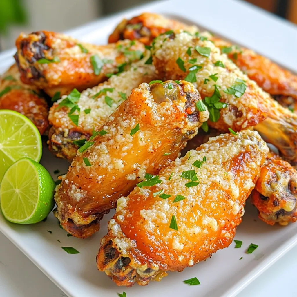 To make your Air Fryer Garlic Parmesan Wings Spicy, gather these items: - 2 lbs chicken wings - 3 tablespoons olive oil - 1 teaspoon garlic powder - 1 teaspoon onion powder - 1 teaspoon smoked paprika - 1 teaspoon cayenne pepper (adjust to taste) - Salt and pepper to taste - ½ cup grated Parmesan cheese - 2 tablespoons fresh parsley, chopped (for garnish) - 1 lime, cut into wedges (for serving) You will need some tools to create this dish: - Air fryer - Large mixing bowl - Measuring spoons - Tongs - Serving platter I love using fresh ingredients whenever I can. Fresh parsley brightens the dish and adds flavor. Fresh lime gives a zesty kick. However, dried spices like garlic powder and onion powder work well. They mix easily and add depth. If you want a stronger flavor, use fresh garlic instead of powder. The key is to balance flavors for your taste. First, gather all your ingredients. You will need 2 lbs of chicken wings. In a large bowl, add the wings with 3 tablespoons of olive oil. Next, sprinkle in 1 teaspoon each of garlic powder, onion powder, and smoked paprika. Add 1 teaspoon of cayenne pepper for spice. You can adjust this to fit your taste. Season with salt and pepper, then mix well. Make sure each wing gets coated with the spices. This step is key to great flavor. Now, preheat your air fryer to 400°F (200°C) for about 5 minutes. This helps the wings cook evenly. Place the seasoned wings in a single layer in the basket. Be careful not to overcrowd them; it’s better to cook in batches if needed. Air fry the wings for 25-30 minutes. Flip them halfway to ensure they brown nicely. When they look golden and crispy, they are ready. Once cooked, take the wings out of the air fryer. Place them in a large bowl and add ½ cup of grated Parmesan cheese. Toss the wings until they are well-coated. This adds a rich, cheesy flavor. Serve the wings hot. Garnish them with fresh parsley and lime wedges. The lime adds a nice pop of flavor. Enjoy your spicy garlic Parmesan wings! To get your wings nice and crispy, preheat the air fryer to 400°F. It needs a few minutes to warm up. The hot air helps the wings cook fast and crisp up well. Make sure to coat them with olive oil and spices. This adds flavor and helps with crispiness. Don't crowd the basket; give them space. If needed, cook in batches. This ensures even cooking and crunch. You can control the heat in your wings. If you like it spicy, add more cayenne pepper. Start with one teaspoon, then taste. You can always add more, but you can’t take it out. For milder wings, cut back on the cayenne or leave it out. Play with spice levels until you find what you love. One mistake is cooking wings straight from the fridge. Bring them to room temp for even cooking. Also, don’t skip the tossing step after cooking. Tossing with Parmesan right after cooking gives the wings a great cheesy coating. Lastly, avoid using too much oil, as it can make wings soggy. A little goes a long way in air frying. {{image_2}} You can change the flavor of your wings with different spices. If you love heat, add more cayenne pepper. Try a mix of chili powder and cumin for a smoky twist. For a milder option, use lemon pepper or Italian seasoning. You can also blend in some dried herbs like oregano or thyme for extra flavor. Each blend gives the wings a unique taste. While Parmesan is classic, you can try other cheeses too. Grated Pecorino Romano adds a sharp taste. For a creamier option, use shredded mozzarella. You can even mix in some crumbled blue cheese for a bold flavor. Each cheese brings its own character, making the wings fun and different every time. Serve these wings with fresh lime wedges to add brightness. Pair them with ranch or blue cheese dressing for dipping. A spicy buffalo sauce can kick things up a notch. You can also offer a sweet chili sauce for a unique contrast. Try serving the wings on a platter with celery and carrot sticks for a crunchy side. Each dip or side enhances the wing experience. After enjoying these tasty wings, let them cool down. Place the wings in an airtight container. You can keep them in the fridge for up to three days. Make sure the container seals well to keep them fresh. If you have extra sauce, store it separately. To reheat your wings, use the air fryer for the best results. Preheat the air fryer to 350°F (175°C). Place the wings in the basket for about 5 to 7 minutes. Check them often to avoid overcooking. This method keeps them crispy and tasty. If you want to save wings for later, freezing is a great option. Wrap each wing in plastic wrap, then place them in a freezer bag. Squeeze out as much air as possible. You can freeze them for up to three months. When ready to eat, thaw in the fridge overnight before reheating. Cook the wings for 25-30 minutes at 400°F (200°C). Flip them halfway for even cooking. They should be golden brown and crispy when done. Yes, you can use frozen wings. Just add 5-10 extra minutes to the cooking time. Always check for doneness before serving. Great side dishes include: - Celery sticks with ranch dressing - Fresh garden salad - Crispy potato wedges - Garlic bread - Veggie platter with dip These sides pair well with the spicy and cheesy flavor of the wings. Enjoy your meal! You now have all the tools to make great air-fried chicken wings. We covered the key ingredients, cooking methods, and tips for crispiness. Don't forget to explore spice blends and cheese options for variety. Store leftovers properly to enjoy them later. The right side dishes will elevate your meal, too. Keep perfecting your technique, and you'll impress everyone with each batch! Enjoy your cooking adventure!