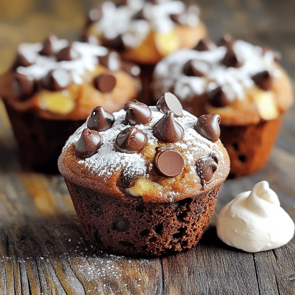 - 2 ripe bananas, mashed - 1/2 cup granulated sugar - 1/4 cup brown sugar, packed - 1/3 cup melted coconut oil or vegetable oil - 1 large egg - 1 teaspoon vanilla extract - 1 teaspoon baking soda - 1/2 teaspoon baking powder - 1/4 teaspoon salt - 1 and 1/2 cups all-purpose flour - 1/2 cup semi-sweet chocolate chips - Optional: 1/4 cup chopped walnuts or pecans You can switch coconut oil for vegetable oil. Both work well in this recipe. If you want a healthier sweetener, use honey or maple syrup instead of granulated sugar. For flour, try whole wheat or gluten-free options if needed. Using ripe bananas is key. They add natural sweetness and moisture. Look for bananas with brown spots for the best flavor. When it comes to chocolate chips, always choose high-quality ones. This choice makes a big difference in taste. Good chocolate adds richness that pairs perfectly with the sweet banana. 1. Preheating the oven Start by preheating your oven to 350°F (175°C). This helps the muffins bake evenly. 2. Preparing the muffin tin Line a muffin tin with paper liners or lightly grease it. This will keep the muffins from sticking. 1. Combining wet ingredients In a large bowl, mash the ripe bananas. Add the granulated and brown sugars. Mix well until combined. Then, stir in the melted coconut oil, egg, and vanilla extract. Whisk until smooth. 2. Incorporating dry ingredients In a separate bowl, whisk together the baking soda, baking powder, salt, and flour. Gradually add this mix to the wet ingredients. Stir gently until just combined. Do not overmix; some lumps are okay. 1. Filling the muffin cups Spoon the muffin batter into the prepared tin. Fill each cup about two-thirds full. This allows room for rising. 2. Testing for doneness Bake muffins for 18 to 20 minutes. To check if they're done, insert a toothpick into the center. If it comes out clean, they are ready. Let them cool for five minutes in the tin before moving to a wire rack. To make the best chocolate chip banana bread muffins, you must avoid overmixing. When you mix too much, your muffins can turn out tough. Mix just until you can no longer see any dry flour. This keeps them soft. Uniform baking is also key. Make sure to fill each muffin cup about two-thirds full. This helps them bake evenly. Rotate your muffin tin halfway through baking for even heat. Presentation is important. A light dusting of powdered sugar on top looks great. You can also add a dollop of whipped cream. This makes your muffins feel extra special. Pair these muffins with coffee or tea for a delightful treat. The warmth of the drink complements the muffins well. Having the right tools makes baking easier. Use a good-quality muffin tin. Non-stick options work best for easy removal. You can also use paper liners for quick cleanup. A mixing bowl and whisk are essential too. These help you blend your ingredients smoothly. Consider having a set of measuring cups for accuracy. This ensures your muffins turn out just right every time. {{image_2}} You can easily change the flavor of your muffins. Add nuts like walnuts or pecans for a nice crunch. Dried fruit like raisins or cranberries can also add sweetness and texture. For an extra kick, mix in a teaspoon of cinnamon or nutmeg. These spices enhance the banana and chocolate flavors nicely. If you prefer vegan muffins, swap the egg for a flax egg. To make a flax egg, mix one tablespoon of ground flaxseed with three tablespoons of water. Let it sit for a few minutes until it thickens. For low-sugar options, you can cut down on the granulated sugar. Try using mashed dates or applesauce for sweetness instead. Change your muffins with the seasons. In fall, you can make pumpkin chocolate chip muffins by adding half a cup of pumpkin puree. You can also sprinkle in pumpkin spice for more flavor. In winter, consider making apple cinnamon muffins. Just add one cup of diced apples and a teaspoon of cinnamon to the batter. These variations keep your muffins exciting all year long! To keep your muffins fresh, store them in an airtight container. This helps to keep moisture in and prevents them from getting dry. You can keep them at room temperature for up to three days. If your home is warm, it’s best to put them in the fridge. This will help them last longer, but they may become a bit dense. For long-term storage, freezing is a great option. Wrap each muffin in plastic wrap or aluminum foil. Then, place them in a freezer bag. They can last up to three months in the freezer. When you want to eat one, take it out and let it thaw at room temperature. You can also reheat them in the oven at 350°F for about 10 minutes for a warm treat. These muffins last about three days at room temperature. If stored in the fridge, they can last up to a week. Signs of spoilage include an off smell, mold, or a change in texture. If you see any of these signs, it’s best to throw them away. Enjoy your muffins while they’re fresh! Can I use frozen bananas? Yes, you can use frozen bananas. Just thaw them first. Drain excess liquid to keep the mix right. Frozen bananas work well for flavor. How do I make these muffins gluten-free? To make these muffins gluten-free, use a gluten-free flour mix. Just swap regular flour with it. This change keeps the muffins soft and tasty. What to do if muffins are too dry? If your muffins are too dry, they likely baked too long. Check the oven time next time. You can also try adding more mashed banana for moisture. How to tell if the muffins are overbaked? Overbaked muffins look dark brown. They may also feel hard to the touch. Always check with a toothpick. If it comes out clean, they are done. Best ways to serve these muffins warm Serve these muffins warm with a light dusting of powdered sugar. You can add whipped cream or extra chocolate chips on top. This makes them even more delightful. Can I double the recipe? Yes, you can double the recipe. Just make sure to use a larger bowl. Bake in batches if needed to avoid crowding the oven. This blog post covers all you need for perfect banana chocolate chip muffins. We discussed the key ingredients and possible substitutions. You learned easy preparation steps and tips for perfecting your muffins. We explored fun variations and how to store them. Now you're ready to make delicious muffins that everyone will love. Enjoy your baking journey! Remember, using fresh ingredients is key to success. Happy baking!