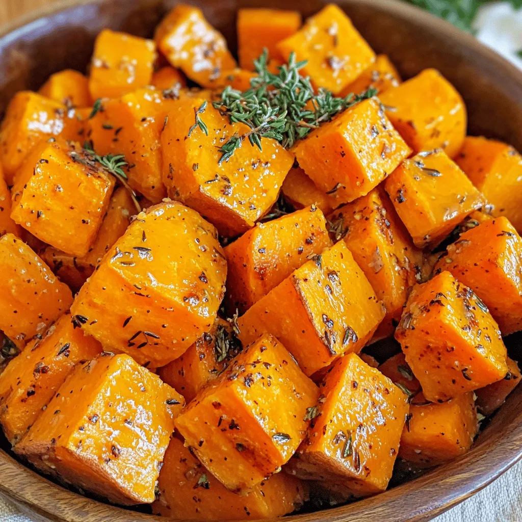 - 4 medium sweet potatoes, peeled and diced into 1-inch cubes - 4 cloves garlic, minced - 3 tablespoons olive oil Sweet potatoes are the star of this dish. They are sweet and creamy. The garlic adds a strong flavor that pairs well with the sweet potatoes. Olive oil helps everything roast nicely, giving it a golden color. - 1 teaspoon dried thyme - 1 teaspoon dried rosemary - 1 teaspoon smoked paprika Dried thyme brings a warm, earthy note. Dried rosemary adds a pine-like taste that brightens the dish. Smoked paprika gives a subtle smoky flavor that takes it up a notch. - Salt and pepper - Fresh parsley for garnish Salt and pepper enhance all the flavors. Fresh parsley adds a pop of color and freshness on top. This simple garnish makes the dish look inviting and vibrant. 1. Preheat your oven to 425°F (220°C). This step is key for crispy edges. 2. Peel the sweet potatoes. Then, dice them into 1-inch cubes. Make sure the pieces are even for best cooking. 1. In a large mixing bowl, combine the diced sweet potatoes with: - 4 cloves garlic, minced - 3 tablespoons olive oil - 1 teaspoon dried thyme - 1 teaspoon dried rosemary - 1 teaspoon smoked paprika - Salt and pepper to taste 2. Toss everything together well. You want all the sweet potato cubes coated nicely with the herbs and oil. This mix gives the sweet potatoes a great flavor. 1. Spread the sweet potatoes in a single layer on a baking sheet. Use parchment paper to help with cleanup. 2. Roast them in the oven for 25-30 minutes. Flip the sweet potatoes halfway through. This helps them brown evenly. Look for a golden color and fork-tender texture. Enjoy the amazing aroma while they cook! Choosing the right sweet potatoes For the best flavor, select medium sweet potatoes. They should feel firm to the touch. Look for vibrant color. This shows they are fresh. Avoid any soft spots or blemishes. Ensuring even cooking Cut the sweet potatoes into 1-inch cubes. This size helps them cook evenly. Spread them in a single layer on your baking sheet. Overcrowding leads to steaming, not roasting. Flip the sweet potatoes halfway through cooking. This ensures all sides get that nice golden brown. Additional herbs or spices You can mix in other herbs like oregano or basil. A pinch of cayenne adds a warm kick. These simple changes keep the dish exciting. Feel free to try different combinations. Drizzling olive oil for serving Before serving, drizzle a bit of olive oil on top. It adds shine and flavor. This small step makes a big difference. You can also sprinkle some sea salt for an extra flavor boost. Stylish serving ideas Serve the sweet potatoes in a rustic bowl. This gives a cozy feel to the dish. A touch of fresh parsley on top makes it pop. It adds color and freshness to your meal. Additional toppings for flavor Consider adding toasted nuts for crunch. Chopped pecans or walnuts pair well with sweet potatoes. You might also try a dollop of Greek yogurt. This adds creaminess and balances the sweetness. {{image_2}} You can switch up the herbs in your garlic herb roasted sweet potatoes. Try using fresh herbs, like basil or oregano. They add bright flavors. For a spicy kick, add red pepper flakes. This change brings warmth and depth to each bite. These sweet potatoes pair well with proteins. Serve them with grilled chicken or fish. They also work great alongside a juicy steak. If you want a lighter meal, toss them into salads. They add sweetness and texture to greens. This recipe is vegan-friendly. You can enjoy it without any animal products. It is also gluten-free, making it safe for those with gluten sensitivities. With these options, everyone can enjoy this tasty dish. After you enjoy your garlic herb roasted sweet potatoes, store any leftovers. Let them cool first. Place them in an airtight container. This helps keep them fresh. Store them in your fridge for up to four days. Use glass or plastic containers with lids for the best results. When it's time to reheat, you have options. You can use an oven or a microwave. The oven keeps the texture crispy. Set it to 350°F (175°C). Place the sweet potatoes on a baking sheet. Heat for about 10-15 minutes. Flip them halfway to warm evenly. The microwave is fast but may make them soft. Heat in 30-second bursts. Check often to avoid overheating. Want to save some for later? Freezing is a great option. First, let the sweet potatoes cool completely. Spread them in a single layer on a baking sheet. Freeze them for about an hour. Once frozen, transfer them to a freezer-safe bag or container. Remove as much air as possible. They can last for up to three months. When you're ready to eat, thaw them in the fridge overnight. Reheat them in the oven for the best texture. Garlic herb roasted sweet potatoes will last about 3 to 5 days in the fridge. Make sure to store them in an airtight container. This keeps them fresh and tasty. Check for any signs of spoilage before eating. Yes, you can make garlic herb roasted sweet potatoes ahead of time. You can roast them a day in advance. Just store them in the fridge after cooling. Reheat them in the oven to keep them crispy. This makes meal prep easy and saves time. Garlic herb roasted sweet potatoes pair well with many main dishes. Try them with grilled chicken or fish for a hearty meal. They also go great with a fresh salad, like a spinach or arugula mix. Adding a zesty dressing will bring more flavor to your plate. Garlic herb roasted sweet potatoes bring warmth and flavor to any meal. We explored key ingredients like sweet potatoes, garlic, and olive oil, along with herbs such as thyme and rosemary. You learned step-by-step preparation and roasting tips to achieve delicious results. I shared ways to enhance flavor and serve your dish stylishly. Remember, you can customize herbs, adjust seasonings, and easily store leftovers. Enjoy experimenting with this recipe and making it your own. Happy cooking!