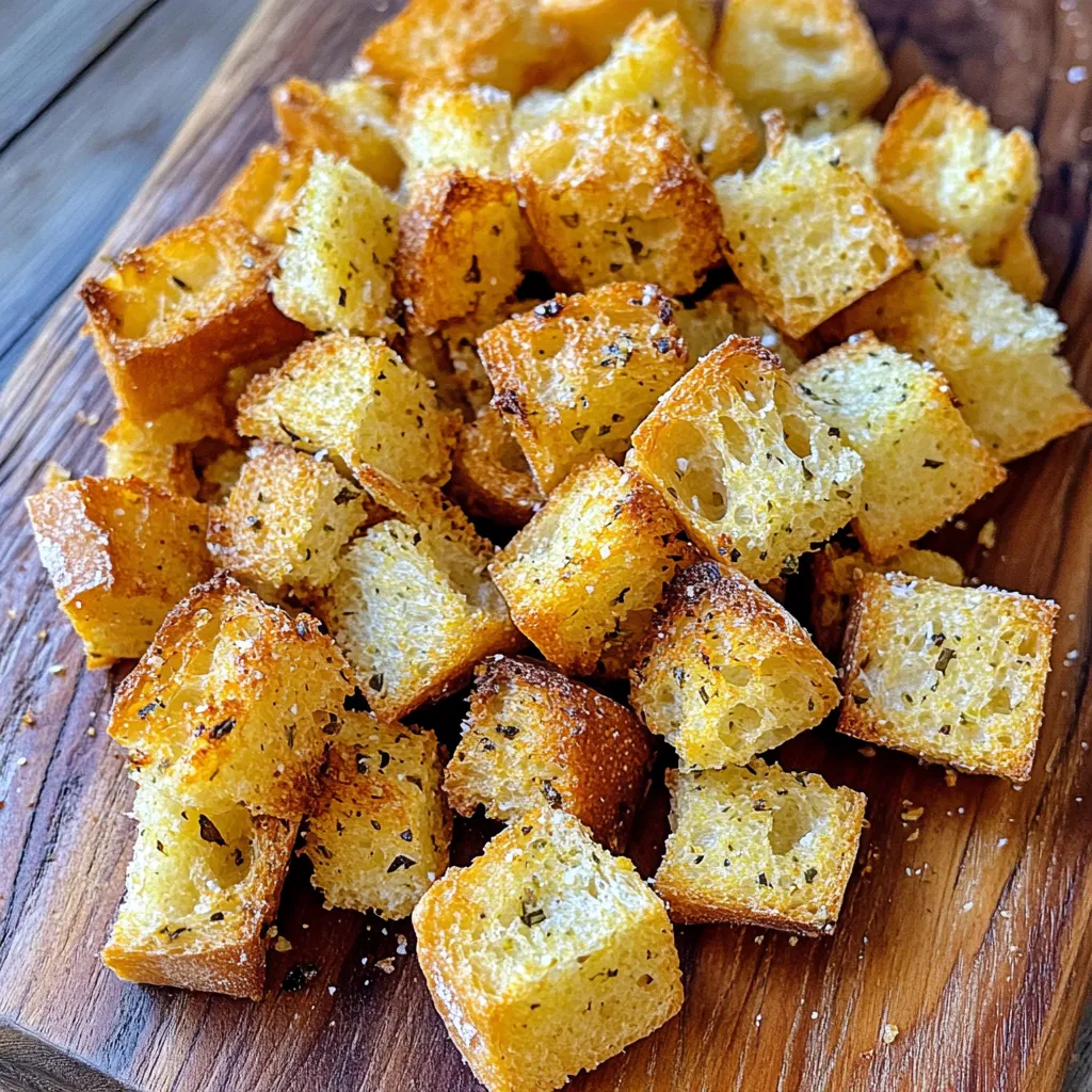 To make these croutons, you need the following items: - 4 slices of day-old bread (preferably French or Italian) - ¼ cup olive oil - 4 cloves garlic, minced - 2 teaspoons dried Italian herbs (oregano, basil, thyme) - 1 teaspoon salt - ½ teaspoon black pepper These ingredients create a simple yet tasty base for your croutons. The day-old bread adds great texture. Fresh garlic packs a punch of flavor. The herbs give it that Italian flair you love. To make your croutons even tastier, consider adding: - ¼ cup grated Parmesan cheese This cheese adds a nice richness. It melts slightly and creates a savory crust on your croutons. If you love cheese, don’t skip this step! You can use different bread types for your croutons. Here are my favorites: - French bread - Italian bread - Sourdough These breads have the right texture for croutons. They turn crispy and golden in the air fryer. You can experiment with others, but stick to denser breads for the best results. Cut your day-old bread into 1-inch cubes. Use a sharp knife for clean cuts. Place the cubes in a large mixing bowl. Day-old bread works best because it holds up well in the air fryer. Fresh bread may turn too soft or mushy. In a separate bowl, mix together the olive oil and minced garlic. Then add the dried Italian herbs, salt, and black pepper. Stir well until everything is combined. This mixture is what gives the croutons their tasty flavor. You can add grated Parmesan cheese here if you like. Preheat your air fryer to 350°F (175°C) for about 5 minutes. Once hot, drizzle the garlic herb mixture over the bread cubes. Toss them well to coat every piece. Add the croutons to the air fryer basket in a single layer. You may need to do this in batches. Air fry the croutons for 8-10 minutes. Shake the basket halfway through cooking. This helps them cook evenly. When they are golden brown and crispy, remove them from the air fryer. Let them cool on a wire rack. This cooling step keeps them crunchy. Store any leftover croutons in an airtight container. Enjoy them on salads or soups! To get croutons that are perfectly crunchy, use day-old bread. Fresh bread can become soggy. Cut the bread into 1-inch cubes. This size helps them cook evenly. Toss the cubes in the garlic herb mixture well. Make sure each piece is coated. The olive oil is key for that crispy crunch. Air fryers cook fast, so be mindful. Preheat your air fryer to 350°F (175°C). This helps the croutons cook evenly. Spread the crouton mixture in a single layer. Avoid overcrowding the basket. If needed, cook in batches. Shake the basket halfway through. This ensures even browning on all sides. You can boost the flavor with more herbs. Try adding a pinch of red pepper flakes for heat. Fresh herbs can work too, like parsley or thyme. For a cheesy touch, sprinkle extra Parmesan on top. Mix it in well before air frying. These steps will make your croutons stand out! {{image_2}} You can easily make gluten-free croutons. Use gluten-free bread instead of regular bread. Brands like Udi's or Schär work well. Just follow the same steps to prepare and cook them. You’ll still get that nice crunch and flavor! Feel free to mix different herbs for your croutons. Try using fresh parsley, dill, or even rosemary. These herbs add unique flavors. You can also swap dried herbs for fresh ones if you have them. Just use about three times more fresh herbs than dried ones. Want a spicy twist? Add red pepper flakes or smoked paprika to your garlic herb mix. This will give your croutons a nice heat. You can also try garlic powder or onion powder for extra flavor. Mix and match to find your favorite spice blend! To keep your croutons fresh, store them in an airtight container. This helps prevent moisture from making them soggy. You can use a glass jar or a plastic container. Make sure it seals well. Avoid storing croutons in a warm place. A cool, dry spot works best. When stored properly, croutons can last up to two weeks. After this time, they may lose their crunch. You might notice they taste stale. Always check for any signs of spoilage, like mold or an odd smell. If you see or smell anything off, it's best to toss them. If your croutons lose their crunch, don't worry! You can easily re-crisp them. Preheat your air fryer to 300°F (150°C). Place the croutons in the basket in a single layer. Air fry them for about 3-5 minutes. Keep an eye on them to avoid burning. They will taste fresh again! Yes, you can use fresh herbs. Fresh herbs add a bright flavor. Chop them finely before mixing them with the oil. Use about three times the amount of fresh herbs. For example, use 6 teaspoons of fresh herbs to replace 2 teaspoons of dried. This change will make your croutons taste fresh and vibrant. You can bake croutons in your oven. Preheat the oven to 375°F (190°C). Follow the same steps to prepare the bread and herb mixture. Spread the bread cubes on a baking sheet in a single layer. Bake for 12-15 minutes or until golden brown. Toss them halfway through for even cooking. This method works great for making crispy croutons without an air fryer. Croutons are perfect for many dishes. They add a nice crunch to soups and salads. Try them in classic tomato soup, creamy broccoli soup, or a hearty minestrone. For salads, they work well in Caesar salad, garden salads, or spinach salads. Use croutons to elevate the texture and flavor of your meals. In this post, we explored making croutons, from essential ingredients to storage tips. Using fresh or dried herbs will add flavor. Air frying gives a perfect crunch, while variations let you customize for your taste. Remember, croutons pair well with salads and soups, enhancing your meals. Store them right to keep them crisp. Enjoy your cooking!