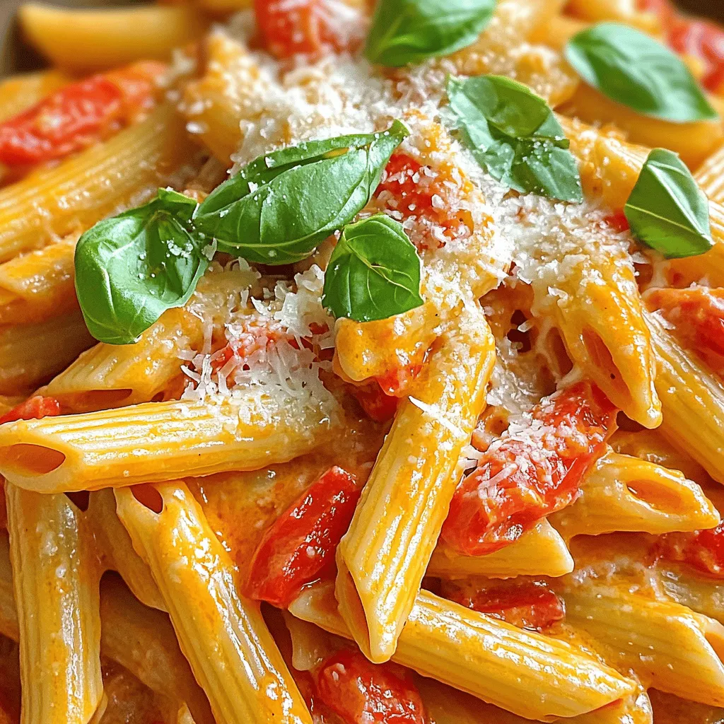 To make creamy roasted red pepper pasta, gather the following tasty ingredients: - 12 oz pasta (penne or fettuccine) - 3 large roasted red peppers (jarred or homemade) - 1/2 cup heavy cream - 1/2 cup grated Parmesan cheese - 2 cloves garlic, minced - 1 tablespoon olive oil - 1/2 teaspoon red pepper flakes (optional for spice) - Salt and pepper to taste - Fresh basil leaves for garnish - Extra Parmesan cheese for serving Each ingredient plays a role in bringing flavor and richness to the dish. The pasta serves as the base, while roasted red peppers add depth. Heavy cream makes the sauce smooth and creamy, and Parmesan cheese adds a salty, nutty flavor. Garlic gives the dish an aromatic kick, while the red pepper flakes can bring a bit of heat if you like spice. Don't forget to finish your plate with fresh basil and more Parmesan on top! To make creamy roasted red pepper pasta, start by boiling your pasta. Use a large pot and fill it with water. Add a generous pinch of salt. Bring the water to a boil. Add 12 oz of penne or fettuccine. Cook it according to the package instructions until it is al dente. This means it should be firm but not hard. Once the pasta is ready, drain it in a colander. Remember to save 1 cup of the pasta water. This water can help later if your sauce is too thick. Next, you will create the sauce. In a blender, add the three large roasted red peppers, ½ cup of heavy cream, and 2 minced garlic cloves. If you like it spicy, add ½ teaspoon of red pepper flakes. Season with salt and pepper to taste. Blend all the ingredients until the mixture is smooth and creamy. Now it’s time to mix everything together. In a large skillet, heat 1 tablespoon of olive oil over medium heat. Pour in your roasted red pepper sauce and warm it for 2-3 minutes. Then, add the drained pasta to the sauce. Toss the pasta well to coat each piece evenly. If your sauce feels too thick, slowly add the reserved pasta water. Stir until you reach the creaminess you want. Finally, mix in ½ cup of grated Parmesan cheese. Taste the dish and adjust the seasoning with more salt or pepper if needed. To keep your creamy pasta smooth, avoid clumping by stirring well. Use a large pot for boiling pasta. This lets the noodles move freely. A good non-stick skillet works best for heating sauces. A blender or food processor ensures your sauce blends evenly. Want some heat? Add red pepper flakes for a spicy kick. You can also try mixing in garlic powder or Italian herbs. These will enhance the flavor and give your dish a unique twist. Fresh herbs can bring out the best taste in this pasta. Garnish your dish with fresh basil leaves for a pop of color. Grate extra Parmesan on top for a rich finish. Serve in a wide bowl to show off the creamy sauce. This makes the dish look more inviting and delicious. {{image_2}} You can make this dish even better by adding veggies. Try these: - Spinach: It wilts nicely and adds color. - Zucchini: Cut into small pieces for crunch. - Bell Peppers: Use yellow or green for sweetness. - Mushrooms: They bring a rich, earthy taste. For a creamier texture, think about cheese swaps. Instead of Parmesan, try: - Cream cheese: For a thicker sauce. - Ricotta: It adds a gentle creaminess. - Nutritional yeast: Great for vegan options. Want to make it a full meal? Add some protein! Here are tasty ideas: - Grilled chicken: Cooked and sliced, it pairs well with the sauce. - Shrimp: Sauté until pink and add to the pasta. - Tofu: Use firm tofu, pan-fried for crispiness. To add these proteins, cook them separately and mix them in when you combine the pasta and sauce. This keeps the flavors bright. You can change the flavor of this dish with a few tweaks. To explore new cuisines: - Add basil for an Italian twist. - Use cumin for a hint of spice. - Swap in a dash of soy sauce for an Asian flavor. Experiment with different peppers too. Yellow or orange peppers can give a sweeter taste. Smoked peppers will add a nice depth. Try different cheeses like feta or goat cheese for unique flavors! To store leftover creamy roasted red pepper pasta, place it in an airtight container. Make sure to let it cool first. You can keep it in the fridge for up to three days. For the best taste, store the sauce separately. This helps keep the pasta from getting too soggy. When reheating, use the stove or microwave. If using the stove, heat the pasta slowly over low heat. Add a splash of water or cream to keep it moist. In the microwave, cover the dish and heat in short bursts. Stir in between to ensure even heating. This way, your pasta stays creamy and delicious. To freeze portions of the pasta, use freezer-safe containers. Make sure to leave some space for the sauce to expand. Label the containers with the date and type of dish. For thawing, place the container in the fridge overnight. When ready, reheat using the methods above. This keeps your creamy roasted red pepper pasta tasty and fresh. For this dish, I recommend using either penne or fettuccine. These shapes hold the sauce well. Penne’s tube shape captures the creamy sauce inside. Fettuccine offers a wide surface area, perfect for a rich coating. Both options enhance the meal’s overall taste and texture. Yes, you can make this dish ahead. Cook the pasta and prepare the sauce separately. Store the sauce in an airtight container. Keep the pasta in a separate container. This way, you avoid mushy noodles. When you’re ready, just reheat the sauce and combine it with the pasta. To add some heat, sprinkle red pepper flakes into the sauce. Start with half a teaspoon. You can increase the amount if you like more spice. For an extra kick, add some diced jalapeños or crushed chili peppers. This will bring a new flavor and warmth to your pasta. In this blog post, we covered the key ingredients for creamy roasted red pepper pasta and provided step-by-step cooking instructions. I shared tips on ensuring your pasta is the perfect texture and helped you understand flavor adjustments to elevate your dish. You can also explore variations to match your dietary needs and preferences. Finally, we discussed how to store and reheat leftovers to maintain the dish’s quality. Enjoy creating this delicious meal, and remember to experiment with flavors to make it your own.