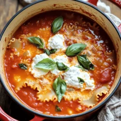 - 1 tablespoon olive oil - 1 medium onion, chopped - 3 cloves garlic, minced - 1 pound ground beef or Italian sausage (optional for a vegetarian version) - 1 can (28 oz) crushed tomatoes - 4 cups vegetable or chicken broth - 1 teaspoon dried oregano - 1 teaspoon dried basil - ½ teaspoon crushed red pepper flakes - Salt and pepper to taste - 8 lasagna noodles, broken into pieces - 1 cup ricotta cheese - 1 cup shredded mozzarella cheese - Grated Parmesan cheese for serving - Fresh basil leaves for garnish These ingredients create a rich and tasty soup. The ground meat adds depth, while the herbs bring freshness. The lasagna noodles give the soup its heartiness. The cheeses add creaminess and flavor that makes this dish comforting. You may want to try some optional ingredients to switch things up. Here are a few ideas: - Spinach or kale for added greens - Zucchini or bell peppers for extra veggies - Italian herbs like thyme or parsley for more flavor - Different types of cheese, like fontina or gouda These additions can change the taste and make it your own. Feel free to experiment! When serving, some toppings can elevate your soup. Here are my favorites: - Shredded mozzarella for that melty goodness - Grated Parmesan for a salty bite - Fresh basil leaves for a bright finish - Crusty bread on the side for dipping These toppings not only look nice but also enhance the flavors. They make each bowl feel special and inviting! To start, I heat a tablespoon of olive oil in a large pot over medium heat. I add one chopped onion and let it cook for about three to four minutes. This step helps the onion soften and release its sweet flavor. Next, I stir in three minced garlic cloves. I cook this for one more minute until I smell that amazing garlic aroma. If you choose to include meat, now is the time to add one pound of ground beef or Italian sausage. I break it apart with a spoon and cook until it turns brown. This takes about five to seven minutes. If there’s extra fat, I drain it away. This keeps my soup from being too greasy. After the meat is cooked, I stir in a can of crushed tomatoes and four cups of vegetable or chicken broth. Then, I add one teaspoon of dried oregano, one teaspoon of dried basil, and half a teaspoon of crushed red pepper flakes for a little heat. I sprinkle in salt and pepper to taste, then bring everything to a boil. Once it boils, I reduce the heat and add eight broken lasagna noodles. I let them cook for about ten to twelve minutes, stirring now and then. When the noodles are tender, I take the pot off the heat and mix in one cup of ricotta cheese. This makes the soup creamy and rich. I serve it hot, topped with shredded mozzarella, grated Parmesan, and fresh basil leaves for a burst of flavor. To get the best flavor, start with fresh ingredients. Use ripe tomatoes and fresh herbs. Cook the onion until it's soft. This adds a nice base flavor. When adding garlic, stir it in for just a minute. Overcooking can make it bitter. For a touch of heat, adjust the red pepper flakes to your taste. You can also add a splash of balsamic vinegar for depth. Stir in the ricotta for a creamy texture right before serving. Top the soup with mozzarella and Parmesan for that cheesy finish. If you want a vegetarian version, skip the meat and use more veggies. Try mushrooms, spinach, or zucchini for added flavor. You can swap out the chicken broth for vegetable broth. For gluten-free needs, use gluten-free lasagna noodles. Just remember to check the package for cooking times. If you're lactose intolerant, you can use dairy-free cheese. This way, everyone can enjoy this tasty soup without worry. Store any leftover soup in an airtight container. It keeps well in the fridge for up to three days. If you want to store it longer, freeze it. Make sure to let it cool first. Use freezer-safe containers to keep it fresh. When reheating, add a bit of broth to restore the soup's texture. Stir well as it heats to ensure even warmth. Enjoy your hearty meal even after the first serving! {{image_2}} To make a vegetarian version, skip the meat. Use 1 pound of mushrooms instead. Slice them and cook them with the onions. This adds great flavor and texture. You can also add zucchini or spinach for extra greens. They cook down well and blend nicely. Use vegetable broth instead of chicken broth. This keeps it tasty and meat-free. The rest of the steps stay the same. For a gluten-free option, swap out the lasagna noodles. Use gluten-free pasta or rice noodles. Make sure to check the package for cooking times. Adjust the broth as needed for the right consistency. You can also use lentils for a hearty touch. Just add them earlier in the cooking process. This keeps everything gluten-free and delicious. If you like heat, add more crushed red pepper flakes. Start with 1 teaspoon and adjust to your taste. You can also add sliced jalapeños for extra spice. Consider using spicy Italian sausage for a meaty kick. The flavors will blend beautifully with the tomatoes and herbs. This version of the soup warms you up and excites your taste buds. To keep your One Pot Lasagna Soup fresh, place it in an airtight container. Make sure it cools down to room temperature first. This helps to prevent moisture build-up. Store it in the fridge for up to three days. Label the container with the date for easy tracking. If you want to store the soup for longer, freezing is a great option. Pour the cooled soup into freezer-safe bags or containers. Leave some space at the top, as the soup will expand when frozen. It can last for up to three months in the freezer. Remember to label the bags with the date. When you are ready to enjoy your soup again, reheating is easy. If frozen, thaw it in the fridge overnight. For quick reheating, place the soup in a pot over low heat. Stir often to ensure it warms evenly. You can also use a microwave; just heat it in short bursts, stirring in between. Add a splash of broth or water if it seems too thick. Enjoy your delicious soup! Yes, you can use no-boil lasagna noodles in this soup. They cook well in the broth. Just break them into smaller pieces before adding them to the pot. They will soften as the soup simmers. This saves time and effort. You will still get that lovely lasagna taste without the fuss. One Pot Lasagna Soup lasts about 3-4 days in the fridge. Store it in an airtight container to keep it fresh. If you want to enjoy it later, let it cool before sealing it up. Reheat it on the stove over low heat for the best flavor. To make your soup creamier, you can add more ricotta cheese. Stir it in right before you serve. You can also add heavy cream or sour cream for extra richness. Another option is to mix in cream cheese for a delicious twist. Each of these options will give you a smooth and rich texture. One Pot Lasagna Soup is easy to make and fun to enjoy. We covered the key ingredients, step-by-step instructions, and helpful tips. You can personalize the soup with variations like vegetarian or gluten-free options. Storing leftovers and reheating them is simple too. Remember, you can always adjust flavors to fit your taste. Enjoy making this dish for friends or family. It’s sure to please everyone!