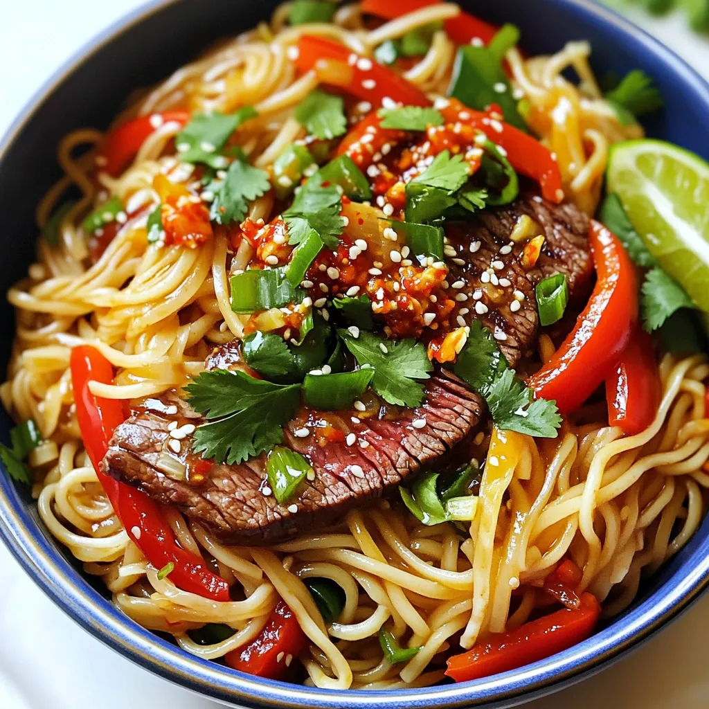 To make my Minute Chili Garlic Steak Noodles, you need a few key items. Here’s a list to get you started: - 8 oz. flat iron steak, thinly sliced - 8 oz. rice noodles - 2 tablespoons vegetable oil - 4 cloves garlic, minced - 1 tablespoon ginger, grated - 1 red bell pepper, sliced - 2 green onions, chopped - 1 tablespoon chili paste (adjust for spiciness) - 3 tablespoons soy sauce - 1 tablespoon sesame oil - 1 tablespoon lime juice - Salt and pepper to taste - Fresh cilantro for garnish These ingredients give the dish a rich flavor and a nice crunch. You can switch things up based on what you have. For the steak, try chicken or tofu. You can also use different veggies like carrots or snap peas. If you want more heat, add more chili paste. For a sweeter taste, a splash of honey works well too. Feel free to mix and match as you like. To make this dish, you need some basic kitchen tools: - A large skillet or wok - A pot for boiling water - A cutting board and knife - A spatula or tongs for stirring These tools help you cook quickly and keep everything organized. To start, bring a pot of water to a boil. Add the rice noodles and cook them as per the package instructions. This usually takes just a few minutes. Once cooked, drain the noodles and set them aside. This step is key to getting your noodles just right. Overcooking can make them mushy. Now, take your flat iron steak and slice it thinly. Make sure to season the slices with salt and pepper. This adds flavor to the beef. Let it sit for a few minutes so the seasoning can soak in. It helps enhance the taste when you cook it. Heat a large skillet or wok over high heat. Add one tablespoon of vegetable oil. Once hot, add the steak slices. Sear them for about two minutes. You want them browned but not overcooked. Remove the steak from the skillet and set it aside. In the same skillet, add the remaining oil. Sauté the minced garlic and grated ginger for about 30 seconds. They should smell great but not burn. Next, toss in the sliced red bell pepper. Stir-fry for about two minutes until it softens. Now it’s time to bring everything together. Add the cooked steak back into the skillet with the bell pepper. Then, toss in the drained rice noodles. Add chili paste, soy sauce, sesame oil, and lime juice. Stir-fry for another two to three minutes. This ensures everything is coated well and heated through. Finally, top with chopped green onions and fresh cilantro before serving. Enjoy your delicious meal! To sear the steak well, start with a hot pan. Use a large skillet or wok. Heat 1 tablespoon of vegetable oil over high heat. Add the steak in a single layer. Do not crowd the pan. Sear for about 2 minutes until browned. This creates a nice crust. Remove the steak and let it rest. This keeps it juicy. Chili paste adds heat and flavor to the dish. You can adjust how much you use. If you like it spicy, add more. For less heat, use less chili paste. Start with 1 tablespoon, then taste. You can always add more later. Mix it in when you add the soy sauce and other liquids. To keep the noodles from sticking, rinse them after cooking. After draining, run cold water over them. This stops the cooking process. Toss the noodles gently with a bit of oil. This helps keep them loose. When you add them to the skillet, stir quickly. This prevents clumping and helps them absorb flavor. {{image_2}} You can swap the steak for chicken or tofu. Thinly slice chicken breast for a lighter meal. Tofu is great for a vegetarian option. Just press it to remove extra water before cooking. This way, it will soak up more flavor. Both options work well with the same spices and sauces. Feel free to add more veggies to your dish. Broccoli, snap peas, or carrots add crunch and color. Mushrooms bring a nice umami taste. You can also toss in some spinach for extra nutrients. Just remember to sauté them until they are tender. This makes your meal more vibrant and healthy. If you need gluten-free options, rice noodles are a great choice. They are already gluten-free, making them perfect for this dish. You can also try zucchini noodles or quinoa noodles. These alternatives cook quickly and blend well with the flavors. Always check labels to ensure they meet your dietary needs. After enjoying your Minute Chili Garlic Steak Noodles, store any leftovers in the fridge. Use an airtight container to keep them fresh. They will last for about three days. Make sure to let the noodles cool down before sealing them. This helps prevent sogginess. To reheat, use a skillet over medium heat. Add a splash of water or soy sauce to keep them moist. Stir frequently until heated through. Avoid using the microwave, as it can make the noodles tough. For best taste, add a little fresh lime juice before serving. If you want to freeze your noodles, it’s best to separate the steak and noodles. Place them in freezer bags. The steak can last up to three months, while the noodles will keep for about two months. When ready to eat, thaw them overnight in the fridge. Reheat as described above for the best flavor. Yes, you can use other noodles. Egg noodles or udon work well. You can also try soba noodles for a unique taste. Just remember to adjust cooking times based on the noodle type. To lower the spice, reduce the chili paste amount. You can also skip it entirely if you want no heat. Add a touch of honey or sugar for sweetness. This helps balance flavors and gives a tasty twist. This dish pairs well with a simple side salad. A cucumber salad adds freshness and crunch. You can also serve it with steamed broccoli or bok choy. These vegetables enhance the meal's health and flavor. This blog post covered all you need for Chili Garlic Steak Noodles. We explored the main and alternative ingredients, ensuring you can customize your dish. You learned step-by-step instructions and handy tips to perfect searing and spice levels. Variations let you swap proteins and add veggies, so there’s something for everyone. Plus, storage info helps keep leftovers fresh. With these insights, you can make this dish your own. Enjoy cooking and sharing this delicious meal!