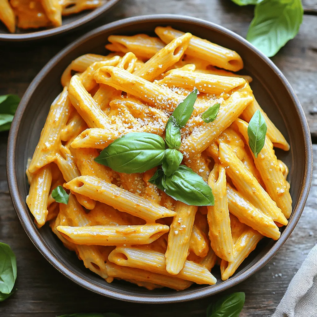 To make this Vegan Creamy Roasted Red Pepper Pasta, you need: - 12 oz (340g) pasta of choice (e.g., penne or fusilli) - 3 large red bell peppers - 1 medium onion, chopped - 3 cloves garlic, minced - 1 cup canned coconut milk - 1/4 cup nutritional yeast - 2 tablespoons olive oil - 1 teaspoon smoked paprika - Salt and pepper to taste - Fresh basil or parsley for garnish You can add more flavor with these ingredients: - A pinch of red pepper flakes for spice - A squeeze of lemon juice for brightness - Cherry tomatoes for a burst of sweetness - Vegan parmesan for extra creaminess When choosing your red bell peppers, look for these signs: - Bright color with no blemishes - Firm texture without soft spots - Heavy for their size, which means they are fresh For the onion and garlic, choose firm, dry bulbs. Store them in a cool, dry place. Fresh ingredients make all the difference in taste. Start by preheating your oven to 400°F (200°C). This helps the red peppers roast perfectly. Next, take three large red bell peppers and place them on a baking sheet. Roast the peppers in the oven for 25-30 minutes. You want the skins to be charred and blistered. Once they are done, remove them from the oven and let them cool. This cooling step is key. While your peppers cool, fill a large pot with water and add salt. Bring the water to a boil. Once boiling, add 12 oz (340g) of your chosen pasta, like penne or fusilli. Cook the pasta according to the package instructions until it is al dente. This means it should be firm to the bite. After cooking, drain the pasta and set it aside. Now, let’s make the sauce. In a skillet over medium heat, add two tablespoons of olive oil. Once the oil is hot, add one chopped medium onion. Sauté the onion for about five minutes until it becomes translucent. Then, add three minced garlic cloves and sauté for one more minute. Take the cooled roasted peppers, peel off the skins, and remove the seeds. Add them to the skillet. Now stir in one cup of canned coconut milk, a quarter cup of nutritional yeast, one teaspoon of smoked paprika, salt, and pepper to taste. Let this mixture simmer for about 5-7 minutes. This allows the flavors to blend beautifully. Once done, pour the mixture into a blender. Blend until it is smooth and creamy. If the sauce is too thick, add a little water or more coconut milk. Finally, pour the creamy sauce back into the skillet. Add the cooked pasta and toss everything together. Make sure the pasta is well coated with the sauce. Taste and adjust the seasoning if needed. Serve your pasta right away, garnished with fresh basil or parsley. Enjoy! To get that dreamy creamy texture, blend well. After cooking the roasted peppers and spices, use a good blender. Make sure to blend long enough to reach a smooth consistency. If your sauce is too thick, add a little water or more coconut milk. This will keep it creamy but not too runny. Want to kick up the flavor? Add fresh herbs like basil or parsley right before serving. You can also try squeezing in some lemon juice for a bright taste. A pinch of red pepper flakes can add a nice kick. Remember, taste your sauce before mixing it with pasta. Adjust the salt and pepper to your liking. Don’t skip roasting the peppers. This step adds a lot of flavor. Also, be careful not to overcook the pasta. You want it to be al dente so it holds up in the sauce. Lastly, when blending, don’t rush it. A smooth sauce makes a big difference in the final dish. {{image_2}} You can use any pasta you like for this dish. I often choose penne or fusilli. These shapes hold sauce well. You can also try whole wheat or gluten-free pasta. Each type brings its own taste and texture. Experiment to find your favorite! If you want more protein, add chickpeas or tofu. Chickpeas give a nice, nutty flavor. Just toss them in with the pasta. Cooked tofu adds creaminess and absorbs the sauce well. Use firm or extra-firm tofu for the best results. You can also sauté it with the onion for added taste. If you like spice, add red pepper flakes or jalapeños. You can sprinkle these in when cooking the onion and garlic. For a smoky flavor, try adding chipotle peppers. A squeeze of lemon juice can brighten the dish too. This mix of flavors makes it more exciting! To store leftover vegan creamy roasted red pepper pasta, let it cool first. Place it in an airtight container. Store it in the fridge for up to three days. Make sure to seal it well to keep the flavors fresh. When you're ready to eat, you can reheat the pasta. Place it in a skillet over medium heat. Add a splash of water or coconut milk to help it warm up. Stir often until it's hot. You can also use a microwave. Warm it in short bursts, stirring in between. This keeps it creamy and prevents it from drying out. If you want to save some for later, freezing works great. Allow the pasta to cool completely. Transfer it to a freezer-safe container. Be sure to leave some space at the top, as it will expand. You can freeze it for up to three months. To eat, thaw it overnight in the fridge before reheating. This way, it stays tasty and delicious! Yes, you can use other non-dairy milk. Almond milk, soy milk, or oat milk work well. Just remember, these milks may change the flavor a bit. Coconut milk gives a rich creaminess. Other milks might be lighter. If you want a thicker sauce, choose a creamier option. This pasta dish lasts about 3 to 5 days in the fridge. Store it in an airtight container. Make sure it cools down before you store it. If you want to keep it fresh longer, you can freeze it. Just thaw it in the fridge before reheating. You can make this recipe gluten-free with the right pasta. Look for gluten-free penne or fusilli. Many brands offer these options. Always check the label to be sure. This way, anyone can enjoy the creamy roasted red pepper pasta. This blog covered key ingredients for a tasty pasta dish. We explored how to prep, cook, and make the creamy sauce. You learned tips to perfect texture and flavor, plus ways to avoid common mistakes. We also looked at fun variations and how to store leftovers. In the end, cooking should be simple and fun. Enjoy trying new flavors and make this dish your own!