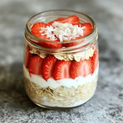 To make this tasty dish, you need a few simple ingredients. Here’s the list: - 1 cup rolled oats - 1 cup coconut milk (canned or carton) - 1/2 cup Greek yogurt (or dairy-free alternative) - 1 tablespoon chia seeds - 1 tablespoon maple syrup (or honey) - 1/2 teaspoon vanilla extract - 1 cup fresh strawberries, hulled and sliced - 1/4 cup shredded coconut (unsweetened preferred) - Pinch of salt These ingredients come together to create a creamy and flavorful meal. The rolled oats provide a hearty base, while coconut milk adds a rich taste. Greek yogurt gives it a nice creaminess and protein boost. Chia seeds help thicken the mix and offer healthy fiber. When choosing strawberries, look for bright red ones. They should be firm and shiny with no soft spots. Fresh strawberries give the best flavor and texture. As for coconut, unsweetened shredded coconut works best. It adds a nice chewiness without making the dish too sweet. If you need dairy-free options, use almond, soy, or oat milk instead of coconut milk. For yogurt, try dairy-free yogurt made from almond or coconut. If you prefer sweeteners, you can swap maple syrup for honey or agave nectar. Each option will still keep your overnight oats delicious. To make the oat mixture, I start with a medium bowl. I add 1 cup of rolled oats to the bowl. Next, I pour in 1 cup of coconut milk. You can use canned or carton coconut milk. Then, I add 1/2 cup of Greek yogurt. If you prefer dairy-free, use a dairy-free yogurt instead. I mix in 1 tablespoon of chia seeds and 1 tablespoon of maple syrup for sweetness. A pinch of salt and 1/2 teaspoon of vanilla extract round out the flavors. I stir everything until it is well combined. This mixture will give my overnight oats a creamy texture. I choose a glass or jar for layering. First, I scoop half of the oat mixture into the bottom. Next, I add a layer of fresh strawberries. I slice 1 cup of strawberries and place them on top of the oats. After that, I sprinkle half of the 1/4 cup of shredded coconut over the strawberries. I then pour the rest of the oat mixture on top. To finish, I layer the remaining strawberries and coconut on the very top. This layering creates a beautiful and tasty dish. Once I finish layering, I cover the glass tightly. A lid or plastic wrap works well for this. I place the glass in the refrigerator overnight. You can also leave it for at least 4 hours if you are in a hurry. In the morning, I stir the oats to mix the layers before serving. For a fun touch, I sometimes add more fresh strawberries or a sprinkle of nuts for crunch. Enjoy your delicious Strawberry Coconut Overnight Oats! To get the best texture in your overnight oats, use rolled oats. They soak up the liquid well. Avoid instant oats; they turn mushy. You want a creamy mix that still has some bite. The chia seeds also help by adding a nice thickness. You can sweeten your oats in many ways. Maple syrup gives a great flavor. Honey is another option if you prefer natural sweeteners. For a fruity touch, try adding mashed banana or a splash of fruit juice. Adjust the sweetener to fit your taste. Serve your oats with extra toppings. Fresh strawberries on top add color and taste. You can also sprinkle some nuts for crunch. A dollop of Greek yogurt makes it creamier. Pair your oats with a glass of juice or a smoothie for a full meal. {{image_2}} You can make your strawberry coconut overnight oats even better! Try adding different fruits. Sliced bananas, blueberries, or peaches work well. They add color and taste. You can also mix in spices like cinnamon or nutmeg for extra flavor. Want a tropical twist? Add some pineapple or mango. These fruits pair nicely with coconut. If you want a dairy-free version, use coconut yogurt instead of Greek yogurt. This keeps the creamy texture. For sweetening, use maple syrup or agave nectar. Both are great vegan options. You can also swap coconut milk with almond or oat milk. This way, you still get a tasty treat without dairy. Adding nuts or seeds can give your oats a great crunch. Try walnuts, almonds, or pecans. They add healthy fats and protein. You can also sprinkle on some pumpkin seeds or sunflower seeds. These add a nice bite and boost nutrition. Just remember to add them just before you eat. This keeps them crunchy! To keep your strawberry coconut overnight oats fresh, store them in a sealed container. Glass jars work great for this. Make sure to layer the oats properly. This helps the flavors mix well. Keep your oats in the fridge right after making them. The sooner, the better. When stored correctly, your oats can last up to five days in the fridge. They taste best within the first three days. After that, they may lose their texture. If the oats look or smell off, it’s best to toss them. You can freeze your strawberry coconut overnight oats for later. Just put them in an airtight container. Make sure to leave some space at the top. The oats will expand when frozen. They can last up to three months in the freezer. To enjoy them, thaw in the fridge overnight. When ready, stir and enjoy! Yes, you can use quick oats. They soak up liquid faster. This makes them softer. The texture will change a bit. Quick oats may not hold their shape as well as rolled oats. If you prefer a creamier base, quick oats work fine. Letting the oats sit overnight helps them absorb the liquid. This makes them creamy and soft. If you’re in a hurry, you can wait at least four hours. However, overnight soaking gives the best taste and texture. Chia seeds are small but mighty. They are rich in fiber, which helps digestion. They also provide protein, keeping you full. Chia seeds contain omega-3 fatty acids, which are good for your heart. Plus, they add a nice crunch to your oats! Strawberry coconut overnight oats are an easy and tasty breakfast choice. We covered key ingredients like fresh strawberries and coconut. You can mix it up with different fruits or dairy-free options. Follow the step-by-step guide for perfect layers. Use our tips for the best texture and flavor. Remember to store them properly for freshness. This meal is simple, healthy, and customizable. Enjoy a quick start to your day with these oats!