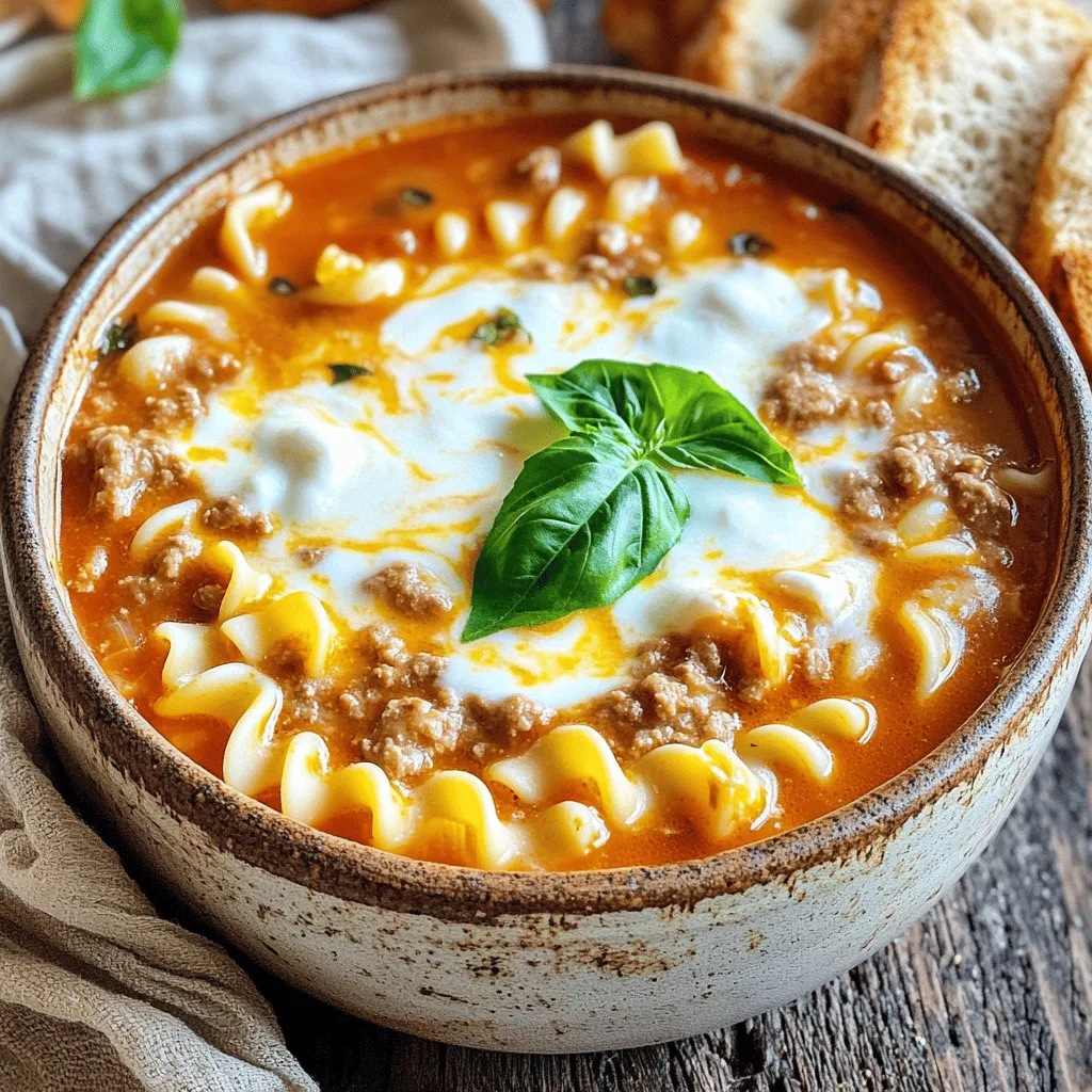 You need the following items to make One-Pot Creamy Lasagna Soup: - 1 tablespoon olive oil - 1 onion, diced - 3 cloves garlic, minced - 1 pound ground beef or turkey - 1 teaspoon dried oregano - 1 teaspoon dried basil - 1/2 teaspoon red pepper flakes (optional) - 4 cups chicken or vegetable broth - 1 can (28 ounces) crushed tomatoes - 8 ounces uncooked lasagna noodles, broken into pieces - 1 cup heavy cream - 1 cup ricotta cheese - 1 cup shredded mozzarella cheese - 1/2 cup grated Parmesan cheese - Salt and pepper to taste - Fresh basil leaves for garnish (optional) You can swap some ingredients for different flavors or dietary needs: - Use olive oil or avocado oil for cooking. - Replace ground beef with ground chicken or lentils for a lighter dish. - Swap heavy cream with coconut milk for a dairy-free option. - Try using fresh herbs instead of dried ones for a brighter taste. - Use gluten-free lasagna noodles if you need a gluten-free meal. Toppings can make your soup even better. Here are some ideas: - Sprinkle extra mozzarella cheese on top for more richness. - Add fresh basil leaves for a pop of color and flavor. - Crushed red pepper can add a nice kick. - Serve with crusty bread to soak up the soup. - Grate extra Parmesan cheese for added depth. First, gather all your ingredients. You need: - 1 tablespoon olive oil - 1 onion, diced - 3 cloves garlic, minced - 1 pound ground beef or turkey - 1 teaspoon dried oregano - 1 teaspoon dried basil - 1/2 teaspoon red pepper flakes (optional) - 4 cups chicken or vegetable broth - 1 can (28 ounces) crushed tomatoes - 8 ounces uncooked lasagna noodles, broken into pieces - 1 cup heavy cream - 1 cup ricotta cheese - 1 cup shredded mozzarella cheese - 1/2 cup grated Parmesan cheese - Salt and pepper to taste - Fresh basil leaves for garnish (optional) Get your large pot ready on the stove. This will be your main cooking tool. 1. Heat the olive oil over medium heat. Add the diced onion and cook for about 5 minutes. You want it to be soft and clear. 2. Next, stir in the minced garlic and cook for 1 minute. It should smell great! 3. Now, add the ground meat. Break it up with a spatula. Cook until it turns brown, which takes about 6 to 7 minutes. If there's too much fat, drain it. 4. Season the meat with oregano, basil, red pepper flakes, salt, and pepper. Mix it well so the spices blend. 5. Pour in the broth and crushed tomatoes. Bring this mix to a gentle simmer. 6. Add the broken lasagna noodles. Cook them for about 10 to 12 minutes. Check if they are tender. 7. Lower the heat and stir in the heavy cream, ricotta cheese, mozzarella cheese, and grated Parmesan cheese. Mix until everything melts and turns creamy. 8. Taste your soup and add more salt or pepper if needed. Serve the soup in large bowls. For a lovely look, sprinkle extra mozzarella and fresh basil on top. You can also serve this dish with crusty bread for dipping. Enjoy your warm bowl of comfort! To make your soup creamy, use heavy cream. It blends perfectly with the cheese. Ricotta cheese adds a nice texture too. Stir in mozzarella and Parmesan for extra creaminess. Always heat these cheeses gently. This keeps them from clumping. Mix well until everything is smooth. Avoid skipping the browning step. This adds flavor to your soup. Don’t add all the cheese at once; it can clump. Stir in the cheese slowly. If the soup is too thick, add more broth. Taste the soup and adjust the seasoning. Too much salt can ruin the flavor. Prep your ingredients before cooking. Chop the onion and garlic ahead of time. Break lasagna noodles into pieces to save time. Use a pre-cooked protein like rotisserie chicken. This cuts down cooking time. You can also use frozen spinach for added nutrition. Just toss it in during the last few minutes of cooking. {{image_2}} You can easily make this soup vegetarian. Just swap the ground beef or turkey for a mix of mushrooms and lentils. Use vegetable broth instead of chicken broth. For a vegan option, replace heavy cream with coconut milk and ricotta with cashew cheese. This keeps the soup rich and creamy while staying plant-based. If you want to change up the protein, try ground chicken or sausage. You can even use diced tofu for a meatless twist. Each option adds a unique flavor. Just remember to cook the protein until it’s browned, just like you would with beef or turkey. Think about adding more flavor to your soup. A splash of balsamic vinegar can brighten the taste. You can also add chopped spinach or kale for extra nutrition. Fresh herbs like thyme or parsley can elevate the dish, too. Spice lovers might enjoy adding more red pepper flakes or even a dash of hot sauce. Each tweak can create a new and exciting version of this classic dish. To store your One-Pot Creamy Lasagna Soup, let it cool first. Use airtight containers for best results. Make sure to divide the soup into smaller portions. This way, you can easily grab what you need later. Store the leftovers in the fridge for up to three days. When you're ready to enjoy your soup again, simply reheat it. You can use a pot on the stove or a microwave. If using the stove, heat it on medium-low. Stir it often to avoid burning. If using a microwave, heat in short bursts, stirring between. This keeps it creamy and delicious. You can freeze One-Pot Creamy Lasagna Soup too! First, let it cool completely. Pour the soup into freezer-safe bags or containers. Leave some space at the top for expansion. It can last up to three months in the freezer. To thaw, place it in the fridge overnight. Reheat as mentioned before. Enjoy your tasty meal later! Yes, you can make this soup ahead. It stores well in the fridge for up to three days. To prepare, cook the soup, then cool it down. Place it in an airtight container. When you're ready to eat, heat it up on the stove. Just add a bit of broth or water to keep it creamy. To spice up your soup, add more red pepper flakes. You can also use diced jalapeños or hot Italian sausage. For a kick, try a splash of hot sauce. Taste as you go to find the right level of heat for you. This soup pairs well with crusty bread or garlic bread. You can also serve it with a simple salad. A green salad with a light vinaigrette is great for balance. For extra flavor, sprinkle more cheese or fresh basil on top! This article covered essential ingredients, step-by-step cooking, and useful tips for making One-Pot Creamy Lasagna Soup. From ingredient swaps to storage advice, you now have tools to create this delightful meal. Remember to try different proteins and flavors to suit your taste. Don’t forget the fun of experimenting with toppings. This soup is tasty, easy to make, and perfect for any time. Enjoy your cooking journey and have fun sharing your delicious creation!