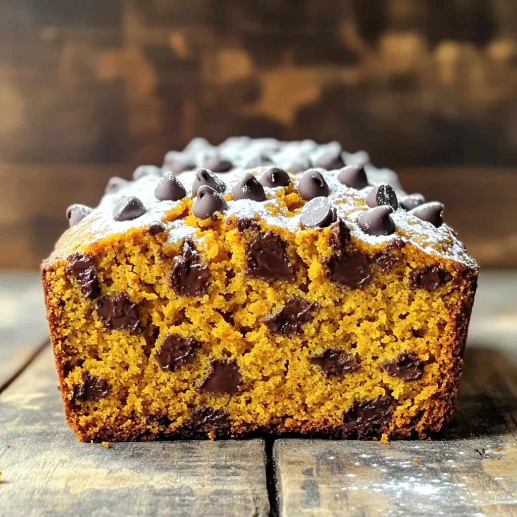To make the best chocolate chip pumpkin bread, you need simple and fresh ingredients. Here’s what you’ll gather: - 1 ½ cups pumpkin puree - 1 cup granulated sugar - ½ cup brown sugar - ½ cup vegetable oil - 2 large eggs - 2 teaspoons vanilla extract - 2 cups all-purpose flour - 1 teaspoon baking soda - ½ teaspoon baking powder - 1 teaspoon ground cinnamon - ½ teaspoon ground nutmeg - ½ teaspoon ground ginger - ¼ teaspoon salt - 1 cup semi-sweet chocolate chips - ½ cup chopped walnuts (optional) Pumpkin puree makes the bread moist and adds flavor. Sugar balances the taste and helps with browning. Vegetable oil keeps it tender, while eggs help bind the ingredients. Vanilla adds a warm note, and all-purpose flour gives structure. Baking soda and baking powder work together to make it rise. The spices—cinnamon, nutmeg, and ginger—bring warmth and depth. The chocolate chips provide a sweet surprise in every bite. If you like, add walnuts for crunch. They add texture and nutty flavor. This mix of flavors makes the bread hard to resist! - Preheat your oven to 350°F (175°C). - Grease and flour a 9x5 inch loaf pan, or use parchment paper for easy removal. - In a large bowl, combine the pumpkin puree, granulated sugar, brown sugar, vegetable oil, eggs, and vanilla extract. - Whisk this mixture until it is smooth and well mixed. - In another bowl, whisk together the all-purpose flour, baking soda, baking powder, cinnamon, nutmeg, ginger, and salt. - Gradually add the dry mixture to the wet mixture. Stir gently until just combined. - Be careful not to overmix. This can make the bread dense. - Fold in the chocolate chips and walnuts, if you choose to use them. Make sure they spread evenly in the batter. - Pour the batter into your prepared loaf pan. Smooth the top with a spatula. - Bake in the preheated oven for 55-65 minutes. Check for doneness by inserting a toothpick in the center; it should come out clean. - Once baked, take the bread out and let it cool in the pan for about 10 minutes. After that, transfer it to a wire rack to cool completely. How to avoid overmixing Overmixing can lead to tough bread. When you mix dry ingredients with wet ones, stir gently. Stop mixing as soon as you see no dry flour. This keeps the bread light and fluffy. Ideal cooling techniques Let the bread cool in the pan for about 10 minutes. This helps it hold its shape. After that, transfer it to a wire rack. Cooling on the rack allows air to flow around the bread. This prevents sogginess. Suggested spices You can boost flavor by adding spices. Consider adding a pinch of allspice or cloves for depth. These spices enhance the warmth of cinnamon, nutmeg, and ginger. Adjusting sweetness levels If you prefer less sweetness, cut back on the sugar. You can reduce granulated sugar by ¼ cup. This change still gives a tasty bread without being too sweet. Serving with cream cheese frosting Spread cream cheese frosting on top for a rich treat. The tangy flavor pairs well with pumpkin. This adds a fun twist and makes your bread look fancy. Dusting with powdered sugar For a simple and pretty touch, dust the top with powdered sugar. This adds a sweet look without much effort. It’s perfect for a cozy breakfast or a sweet snack. {{image_2}} To make this chocolate chip pumpkin bread gluten-free, swap all-purpose flour for a gluten-free blend. Look for a blend that includes xanthan gum for the best texture. You can find many options in stores now. Just use the same amount, two cups, in your recipe. This small change keeps your bread soft and tasty without gluten. If you want a nut-free treat, simply leave out the walnuts. If you miss the crunch, try using seeds instead. Pumpkin seeds or sunflower seeds work well. They add a nice texture and are safe for those with nut allergies. You can use half a cup of seeds to replace the nuts. You can personalize your pumpkin bread by adding dried fruit or seeds. Dried cranberries or raisins mix well with the chocolate chips. They add a sweet and chewy bite. You can also add flax seeds or chia seeds for extra nutrition. Adding a half cup of these extras makes your bread even more delicious and unique. To keep your chocolate chip pumpkin bread fresh, store it at room temperature. Use an airtight container or wrap it tightly in plastic wrap. This method keeps the bread moist and tasty for up to three days. If you notice any signs of mold, it's best to toss it out. For long-term storage, freezing is your best option. Wrap the bread tightly in plastic wrap and then place it in a freezer bag. This helps to prevent freezer burn. You can freeze the bread for up to three months. When you're ready to enjoy it, simply thaw it in the fridge overnight. To reheat leftovers, slice the bread and place it in a toaster or microwave. Heat it gently until warm. For the best flavor, consider adding a bit of butter or cream cheese on top. This makes each bite even more delicious! Yes, you can use fresh pumpkin. To make fresh pumpkin puree, start with a small pumpkin. Cut it in half and remove the seeds. Roast the halves in a 350°F oven for about 45 minutes. Once soft, scoop out the flesh and blend it until smooth. Use this puree in your recipe. This adds a fresh flavor that pairs well with the spices. To check if the bread is done, insert a toothpick into the center. If it comes out clean or with a few crumbs, your bread is ready. If the toothpick has wet batter, it needs more time. Bake for 5 to 10 extra minutes if needed. Keep an eye on it to avoid overbaking. Absolutely! You can swap semi-sweet chocolate chips for dark chocolate, milk chocolate, or white chocolate. Each type will add a unique flavor. You can also mix different types together for a fun twist. Try adding chocolate chunks for even more texture. You now know how to make a delicious pumpkin bread. We covered all the ingredients, baking steps, and expert tips to enhance your dish. You can even try different variations, like gluten-free or nut-free options. Remember to store leftovers properly and reheat them for the best taste. Baking this treat is simple, but it brings joy and flavor to your table. Now, it’s time to get in the kitchen and enjoy your creation!