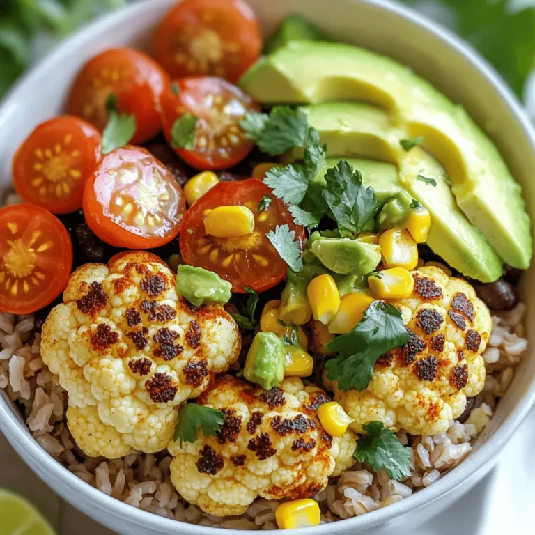 - 1 medium head of cauliflower, cut into florets - 2 tablespoons olive oil - 1 teaspoon smoked paprika - 1 teaspoon ground cumin - 1 teaspoon garlic powder - ½ teaspoon chili powder - Salt and pepper to taste - 1 cup black beans, drained and rinsed - 1 cup corn kernels (fresh, frozen, or canned) - 1 avocado, sliced - 1 cup cherry tomatoes, halved - 1 lime, juiced - Fresh cilantro, chopped (for garnish) I love using cauliflower in these bowls. It adds texture and flavor. You need to coat the florets well with olive oil and spices. This helps them roast to perfection. Smoked paprika gives a nice depth. Ground cumin and garlic powder add warmth. The chili powder gives a mild kick that works well with the other spices. Next, we add black beans and corn. They provide protein and sweetness. Sliced avocado and cherry tomatoes add creaminess and freshness. Finish with lime juice and cilantro for bright flavors. - 1 cup cooked brown rice or quinoa You can use brown rice or quinoa as your base. Both are hearty and filling. I like quinoa for its nutty flavor. Brown rice also adds great texture. - Diced red onion - Sliced jalapeños - Crumbled feta cheese Optional toppings can enhance your bowls. Diced red onion adds crunch and bite. Sliced jalapeños bring heat for spice lovers. Crumbled feta cheese offers a salty contrast that brightens the dish. Feel free to mix and match based on what you enjoy! Set your oven to 425°F (220°C). This high heat helps the cauliflower get crispy and brown. Preheating ensures even cooking. Cut one medium head of cauliflower into small florets. In a large bowl, mix the florets with two tablespoons of olive oil. Add one teaspoon of smoked paprika, one teaspoon of ground cumin, one teaspoon of garlic powder, and half a teaspoon of chili powder. Season with salt and pepper to your taste. Toss until every piece is well coated. Spread the cauliflower in a single layer on a baking sheet. Roast it for about 25 to 30 minutes. Flip the florets halfway through to ensure they cook evenly. They should turn golden-brown and tender when done. While the cauliflower roasts, cook one cup of brown rice or quinoa. Follow the package instructions, so it cooks perfectly. This will be the base of your taco bowl. In serving bowls, place a scoop of the cooked brown rice or quinoa. Top it with a generous portion of roasted cauliflower. Add one cup of drained black beans, one cup of corn kernels, halved cherry tomatoes, and sliced avocado. Layering these ingredients adds color and flavor. Squeeze fresh lime juice over each bowl. This brightens the flavors. Finish by sprinkling chopped cilantro on top. You can also add optional toppings like diced red onion or sliced jalapeños for an extra kick. Serve the bowls warm, and enjoy every bite! To get golden-brown cauliflower, you need high heat. Set your oven to 425°F (220°C). Cut the cauliflower into small florets. This helps them cook evenly. Toss the florets with olive oil and spices. Spread them out on the baking sheet. Avoid crowding the pan. This allows air to circulate. Flip the florets halfway through cooking for even browning. Roast for 25-30 minutes. You want them tender and caramelized. Spices make all the difference. I love using smoked paprika and cumin. These add warmth and depth. Try garlic powder and chili powder for a kick. If you want more zing, add lime juice. You can also marinate the cauliflower before roasting. Just let it sit for 30 minutes with the oil and spices. This helps the flavors soak in well. We eat with our eyes first. For a pretty bowl, layer your ingredients neatly. Start with a scoop of brown rice or quinoa. Then, add roasted cauliflower next. Sprinkle black beans and corn over the top. Place cherry tomatoes and avocado slices around the edges. Finish with a squeeze of lime and chopped cilantro. You can also add diced red onion or jalapeños for color and crunch. {{image_2}} To make these roasted cauliflower taco bowls more filling, add protein. You can use: - Tofu: Marinate and grill it for extra flavor. - Tempeh: This adds a nutty taste and great texture. - Grilled Chicken: It pairs well with the spices in the dish. These options will give you healthy energy and make the meal more satisfying. Balancing flavors is key. You can add different toppings to adjust the spice level. Here are some ideas: - Diced Red Onion: It gives a sharp bite. - Sliced Jalapeños: They add heat for spice lovers. - Crumbled Feta Cheese: This adds creaminess and saltiness. Mix and match these toppings to find your favorite combination. Using seasonal veggies keeps your bowls fresh and exciting. Try adding: - Bell Peppers: They add color and crunch. - Zucchini: This gives a mild taste and soft texture. - Sweet Potatoes: They bring sweetness and are filling. Incorporating seasonal ingredients can enhance the flavor and nutrition of your dish. To keep your roasted cauliflower taco bowls fresh, store leftovers in an airtight container. Place them in the fridge. They will stay good for about 3 to 4 days. When you want to reheat, use the oven for the best taste. Preheat it to 350°F (175°C) and warm for about 15 minutes. You can also use a microwave for quick reheating. Just be careful not to overcook. You can freeze the components for later use. First, let the roasted cauliflower cool completely. Then, place it in a freezer-safe bag or container. You can freeze black beans and corn the same way. For best flavor, avoid freezing avocado and tomatoes. They do not thaw well. When you’re ready to eat, thaw in the fridge overnight before reheating. For the best taste and safety, eat the roasted cauliflower taco bowls within 3 to 4 days if stored in the fridge. When frozen, use the components within 2 to 3 months. Always check for any off smells or colors before eating leftovers. This will help ensure your meal remains tasty and safe. Yes, you can use frozen cauliflower. It’s quick and easy. Just thaw it before cooking. Fresh cauliflower has a better texture when roasted, but frozen works well too. Be sure to drain any excess water after thawing. This helps avoid sogginess. You have many options for black beans. You can use pinto beans, chickpeas, or lentils. Each brings a unique flavor. For a lighter option, try corn or diced bell peppers. These will add sweetness and crunch. Choose what fits your taste best. This recipe is naturally gluten-free. Just ensure your spices and toppings are gluten-free too. Always check labels when buying packaged foods. Brown rice or quinoa are great base options. They both add fiber and protein. Yes, you can serve this dish cold. It works well as a salad. The flavors mix nicely when chilled. Just let the roasted cauliflower cool before adding it to the bowl. Enjoy it as a light lunch or a picnic meal. In this post, we explored how to create a vibrant cauliflower bowl. We covered the main ingredients, like cauliflower and black beans, and how to layer flavors for the perfect meal. I shared tips for roasting, flavor enhancement, and even presentation ideas to make your dish appealing. Remember, you can substitute ingredients and get creative with seasonal veggies for a fresh twist. Enjoy your cooking, and have fun with new combinations as you make this recipe your own!