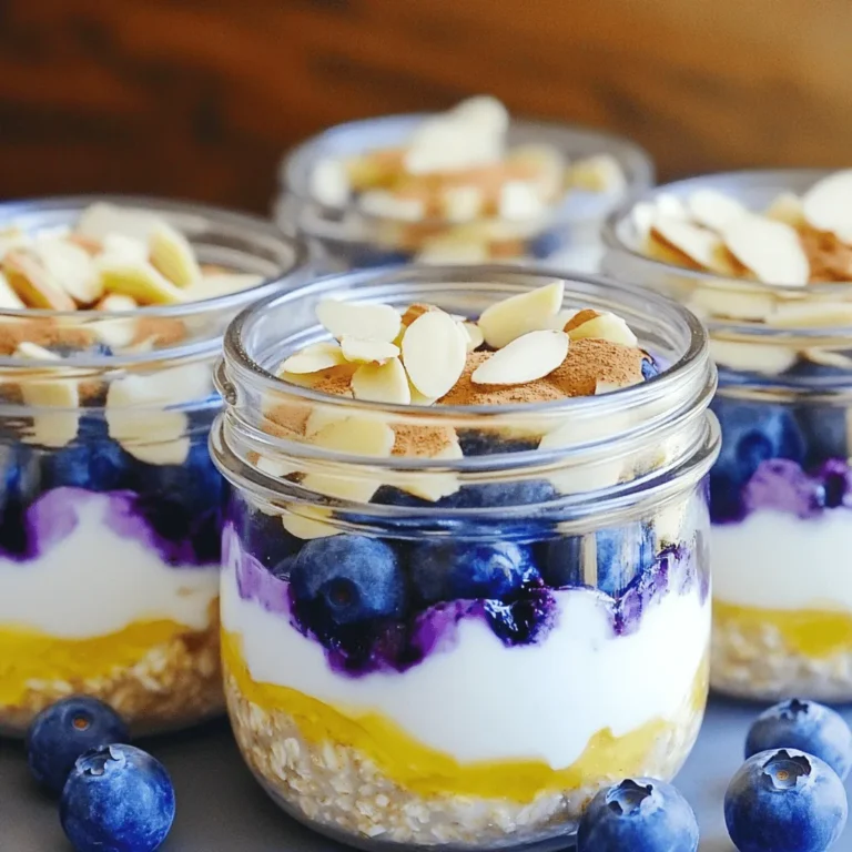 - 1 cup rolled oats - 1 cup almond milk (or milk of your choice) - 1/2 cup Greek yogurt (plain or vanilla) - 1/2 cup fresh or frozen blueberries - 2 tablespoons honey or maple syrup - 1/2 teaspoon vanilla extract - 1/2 teaspoon ground cinnamon - 1 tablespoon chia seeds (optional) - 1/4 cup protein powder (vanilla or unflavored) - A pinch of salt - Optional toppings: sliced almonds or walnuts Gather these ingredients before starting. Each one adds to the flavor and nutrition. The rolled oats provide a hearty base. Almond milk keeps it light and creamy. Greek yogurt adds protein and richness. Blueberries bring natural sweetness and color. Honey or maple syrup enhance the flavor. Vanilla extract and cinnamon round out the taste. Chia seeds boost fiber and protein. The protein powder gives an extra kick. Salt balances the flavors. Sliced almonds or walnuts can add a nice crunch on top. This blend of ingredients makes a protein-packed delight. It suits busy mornings well. You can prepare it the night before and enjoy it the next day. - In a large bowl, combine the rolled oats and almond milk. - Add Greek yogurt, honey, vanilla extract, ground cinnamon, chia seeds, and protein powder. - Mix well until everything is combined. - Gently fold in the blueberries. This helps keep them whole. - Divide the mixture into jars or bowls. - Seal each jar tightly with a lid. - Place them in the fridge overnight. - In the morning, stir the oats well. - If you want, add a splash of almond milk. - Top with more blueberries or sliced almonds. - Enjoy your tasty, protein-packed breakfast! - Always ensure oats are fully submerged in the liquid. This helps them soften nicely. - Use airtight containers for freshness. This keeps your oats tasty for longer. - Adjust sweetness to taste. You can add more honey or maple syrup if you like it sweeter. - Substitute dairy ingredients as needed. Use almond milk, soy milk, or coconut yogurt for a dairy-free option. - Serve in clear jars for visual appeal. This shows off the lovely layers and colors. - Garnish with fruit and nuts for added texture. Sliced almonds or extra blueberries make it look great! {{image_2}} You can easily change the taste of your overnight oats. Try adding spices like nutmeg or ginger for a warm touch. If you want a new flavor, swap blueberries for other berries like strawberries or raspberries. You can even use diced apples or bananas for a sweet twist. For more protein, you can use different protein powders. Vanilla or chocolate flavors can add a fun taste. Also, you can add nut butter like almond or peanut butter for a creamy texture. Seeds like pumpkin or sunflower seeds also pack a protein punch. If you need gluten-free oats, look for certified gluten-free brands. This makes your dish safe for those with gluten issues. For a dairy-free version, opt for plant-based yogurt and milk like coconut or soy. This way, you can enjoy the same great taste without dairy. You can store your Blueberry Muffin Overnight Oats in the fridge for up to 3 days. This keeps them fresh and tasty. Make sure to use airtight containers to lock in the flavor. If you want to store them longer, you can freeze the oats. They stay good in the freezer for up to 2 months. When you're ready to eat, thaw them overnight in the fridge. This gives them the right texture when you’re ready to enjoy. When reheating, add a splash of almond milk. This helps bring back the creamy texture. Make sure to stir well before eating. It ensures every bite is as good as fresh! Yes, you can easily make this recipe vegan. Just use plant-based milk, like almond or oat milk. Substitute Greek yogurt with a dairy-free yogurt option. Maple syrup is a great sweetener to keep it vegan. You should let the oats sit for at least 6 hours. Overnight is best for soft oats. This time allows the oats to absorb all the flavors and become creamy. I don’t recommend using instant oats. They cook faster and can become mushy. Rolled oats hold their texture well and create a nice bite in your overnight oats. This recipe is rich in protein, fiber, and antioxidants. The oats provide energy, while Greek yogurt adds protein. Blueberries are packed with vitamins and minerals, making it a wholesome meal. Absolutely! You can add fruits like strawberries, bananas, or apples. Nuts like walnuts or almonds add crunch and healthy fats. Get creative with your favorite toppings! This blog post covered how to make tasty Blueberry Muffin Overnight Oats. You learned the key ingredients, step-by-step directions, and helpful tips for the best results. Remember, you can customize flavors and textures to fit your taste. Store these oats in the fridge or freezer for easy meals. Whipping up this delicious, healthy treat saves time and boosts energy. Enjoy crafting your own variations and make breakfast fun!
