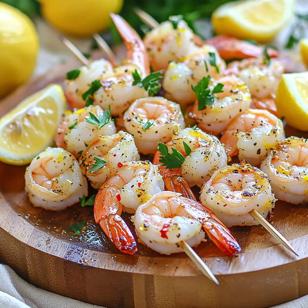 - 1 pound large shrimp, peeled and deveined - 2 tablespoons olive oil - 2 tablespoons lemon juice - 2 teaspoons lemon zest - 1 teaspoon garlic powder - 1 teaspoon black pepper - 1 teaspoon salt - 1 teaspoon smoked paprika - 1/2 teaspoon red pepper flakes (optional for heat) - Fresh parsley, chopped (for garnish) - Skewers (wooden or metal) If you don’t have fresh lemon juice, you can use bottled lemon juice. It works well but may not taste as bright. For olive oil, canola or avocado oil is a good swap. If you want a twist, try lime juice instead of lemon juice. For those who don’t have smoked paprika, regular paprika can work too. It won’t have the same smoky flavor, but it will still taste great. If you need a gluten-free option, check that your seasonings are gluten-free. Garnishing makes your dish pop. Fresh parsley adds color and flavor. You can also use lemon wedges for a zesty touch. A sprinkle of chili flakes on top gives a nice kick. If you want a creamier bite, serve with a yogurt dip or a drizzle of tahini. These extras can elevate your dish and impress your guests. If you use wooden skewers, soak them in water for 30 minutes. This step helps prevent burning in the air fryer. While they soak, you can prepare the shrimp and marinade. If you use metal skewers, you can skip this step. In a large bowl, mix the olive oil, lemon juice, lemon zest, garlic powder, black pepper, salt, smoked paprika, and red pepper flakes. Whisk the ingredients until they blend well. Add the peeled and deveined shrimp to the bowl. Toss the shrimp in the marinade until they are fully coated. Let the shrimp sit in the marinade for at least 15 minutes. This helps the shrimp absorb all the great flavors. Preheat the air fryer to 400°F (200°C) for about 5 minutes. While it heats, thread 4-5 shrimp on each skewer. Place the shrimp skewers in the air fryer basket in a single layer. You may need to cook them in batches. Air fry the shrimp for 6-8 minutes. Flip them halfway for even cooking. The shrimp should be pink and cooked through. Once done, remove the skewers from the air fryer. Let them rest for a minute. Garnish the skewers with freshly chopped parsley before serving. Enjoy your flavorful meal! To make sure your shrimp are just right, look for a few signs. First, they should be pink and opaque. Also, they should curl slightly as they cook. Avoid overcooking, as this makes shrimp tough. A cooking time of 6-8 minutes usually works well. Flip the skewers halfway through to cook evenly. If you have a food thermometer, shrimp should reach 120°F internally. While lemon pepper is fantastic, feel free to play with flavors. Try adding some honey for sweetness. A splash of soy sauce can give it an umami boost. You might also enjoy fresh herbs like dill or cilantro for a different taste. If you love spice, add more red pepper flakes or your favorite hot sauce. To get the best results in your air fryer, preheat it for 5 minutes at 400°F. This helps the shrimp cook evenly. Avoid overcrowding the basket; cook in batches if needed. This ensures hot air circulates well around the shrimp. Always check for doneness, as air fryers can vary in power. {{image_2}} You can make your shrimp skewers even better by adding veggies. Bell peppers, zucchini, and cherry tomatoes work well. They add color and taste. Just cut them into bite-sized pieces. Mix them with the shrimp in your marinade. This not only adds nutrition but also makes your skewers more fun and colorful. While lemon pepper is great, you can try other flavors too. Use teriyaki sauce for a sweet twist. Or mix soy sauce, ginger, and garlic for an Asian flair. You can even use a spicy marinade with sriracha or chipotle. Play around with these flavors to find what you love. Each will give your shrimp a new and exciting taste. If you need gluten-free or low-carb options, it’s simple! Stick to the base recipe, as shrimp and most spices are naturally gluten-free. Use gluten-free soy sauce if you try a different marinade. For low-carb, focus on veggies instead of rice or bread. Load your skewers with shrimp and colorful vegetables for a healthy meal that fits your needs. Store leftover shrimp skewers in an airtight container. They will stay fresh for up to three days in the fridge. Make sure to let them cool completely before sealing the container. This helps keep the shrimp from becoming soggy. To reheat the shrimp, use your air fryer. Preheat it to 350°F (175°C). Place the skewers in the basket and heat for about 3-4 minutes. This method keeps the shrimp tender and juicy. You can also use a microwave, but this may make the shrimp less crisp. If you want to freeze the skewers, wrap them tightly in plastic wrap or aluminum foil. Place them in a freezer bag or airtight container. They can last for up to three months in the freezer. When you're ready to eat, thaw them in the fridge overnight before reheating. Yes, you can use frozen shrimp. Just thaw them first. Place them in cold water for 10-15 minutes. Once thawed, pat them dry with a paper towel. This helps the marinade stick better. I recommend marinating the shrimp for at least 15 minutes. This time helps the shrimp soak up the flavors. For a stronger taste, you can marinate for up to 30 minutes. Just don’t marinate too long, or the shrimp may get mushy. You can pair lemon pepper shrimp skewers with many great sides. Here are some ideas: - Rice: Fluffy white or brown rice works well. - Salad: A fresh green salad adds crunch. - Vegetables: Roasted or steamed veggies are perfect. - Pasta: Lemon garlic pasta is a nice choice. - Bread: Serve with crusty bread to soak up juices. These sides will complement your shrimp skewers perfectly! This article covered everything you need for shrimp skewers. You learned about key ingredients and tasty substitutes. We explored easy steps to prepare and air fry the shrimp. I shared helpful tips for perfect cooking and fun variations. Finally, I provided storage tricks to keep leftovers fresh. Enjoy crafting these delicious skewers anytime. With practice, you’ll impress anyone with this dish. Trust your skills, and have fun cooking!