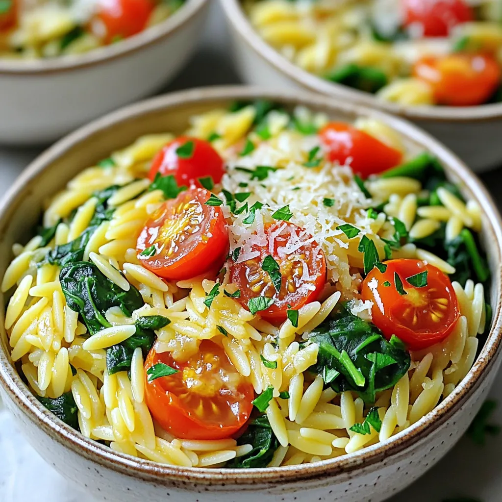 - 1 cup orzo pasta - 2 tablespoons olive oil - 4 cloves garlic, minced - 4 cups vegetable broth - 1 cup fresh spinach, chopped - 1 cup cherry tomatoes, halved - ½ cup grated Parmesan cheese - 1 teaspoon dried Italian herbs (oregano, basil, thyme) - Salt and pepper to taste - Fresh parsley, chopped (for garnish) For orzo pasta, I like using Barilla or DeLallo brands. They cook perfectly and taste great. For olive oil, choose extra virgin options like Colavita or Pompeian for the best flavor. If you want a veggie boost, feel free to swap spinach with kale or Swiss chard. For the broth, Swanson’s vegetable broth is my go-to. It adds depth to the dish. If you want a different cheese, you can try Pecorino Romano or nutritional yeast for a vegan option. - Calories: 320 - Protein: 10g - Fat: 12g - Carbohydrates: 45g - Fiber: 3g - Sodium: 550mg The nutritional facts show that this dish is filling and not overly heavy. It brings comfort without too many calories. Plus, it’s packed with vitamins from the spinach and tomatoes. Enjoy this meal without the guilt! First, gather all your ingredients. This makes cooking smooth and easy. You need orzo, olive oil, garlic, vegetable broth, spinach, cherry tomatoes, Parmesan cheese, Italian herbs, salt, and pepper. It takes just a few minutes to set up. Next, mince the four cloves of garlic. You want them small enough to blend well with the dish. Chop the spinach and halve the cherry tomatoes. This helps them cook quickly and mix in nicely. Now, heat two tablespoons of olive oil in a large pot over medium heat. When the oil gets warm, add the minced garlic. Sauté the garlic for about one to two minutes. You want it fragrant but not browned. Add one cup of orzo pasta next. Stir the orzo into the garlic oil for about one minute. This step toasts the pasta lightly, adding flavor. Then, pour in four cups of vegetable broth. Bring this mix to a boil. Once it boils, reduce the heat and let it simmer. Cook the orzo for about eight to ten minutes. Stir occasionally until the pasta is al dente and most of the broth is absorbed. After that, stir in one cup of chopped spinach and one cup of halved cherry tomatoes. Cook this for an extra two to three minutes. You want the spinach to wilt and the tomatoes to warm up. Remove the pot from heat. Now, stir in half a cup of grated Parmesan cheese, one teaspoon of dried Italian herbs, and salt and pepper to taste. Let the dish sit for two to three minutes. This thickens it up nicely. For serving, use shallow bowls. Garnish each bowl with fresh parsley and a sprinkle of Parmesan on top. If you want, drizzle a bit of extra olive oil for a nice finish. Enjoy this cozy meal! To cook orzo well, start with a big pot. Use four cups of vegetable broth. This gives the orzo enough liquid to soak up. Stir the orzo into the garlic oil for one minute. This step adds a nice flavor. Cook the orzo for about 8-10 minutes. Stir it often to keep it from sticking. You want it to be al dente, which means it should have a little bite to it. One common mistake is cooking orzo in too little water. If you do this, it will stick and clump. Another mistake is not stirring often. This can cause the pasta to stick to the pot. Also, don’t rush the cooking time. Letting the orzo absorb the broth fully makes it taste better. Lastly, be careful not to burn the garlic. Brown garlic can taste bitter, which ruins the dish. To boost flavor, always use fresh ingredients. Fresh spinach and tomatoes make a big difference. Adding more herbs can also add depth. You can mix in fresh basil or fresh thyme. Adding a squeeze of lemon juice right before serving can brighten the dish. If you want it creamier, stir in more Parmesan cheese. A drizzle of extra virgin olive oil on top adds richness. Finally, don’t forget to garnish with fresh parsley. This makes the dish look nice and adds a fresh taste. {{image_2}} You can easily add protein to your One Pot Garlic Parmesan Orzo. Try cooked chicken, shrimp, or sausage. For chicken, use about 1 cup, chopped. For shrimp, toss in 1 pound, peeled and deveined. Sausage works well too; just slice 1 cup of your favorite type. Add these proteins after the orzo has cooked for about 5 minutes. This keeps everything tender and tasty. You can make this dish vegetarian or vegan with a few swaps. For a vegetarian option, just use vegetable broth and keep the Parmesan cheese. To make it vegan, skip the cheese or use a vegan cheese instead. Nutritional yeast gives a cheesy flavor without dairy. Add more veggies like bell peppers or zucchini for extra color and nutrition. Change the flavor of your orzo by mixing in different herbs and spices. Instead of Italian herbs, try fresh basil or cilantro. For a kick, add red pepper flakes or a splash of lemon juice. A touch of smoked paprika adds depth. You can also swap out spinach for kale or arugula. These changes keep the dish fresh each time you make it. After enjoying One Pot Garlic Parmesan Orzo, you will likely have some leftovers. Let the dish cool first. Store it in an airtight container. This keeps it fresh. Place it in the fridge. It will stay good for about three to four days. When ready to eat, take the orzo out of the fridge. You can reheat it in a pot over low heat. Add a splash of vegetable broth or water to help it warm up. Stir often to avoid sticking. You could also use the microwave. Heat it in a bowl for about one to two minutes. Stir halfway through to ensure even heating. If you want to freeze the orzo, do it before adding cheese. Freeze it in a freezer-safe container. It can last for up to three months. When you are ready to eat it, thaw it overnight in the fridge. Reheat it as mentioned before. You may want to add fresh Parmesan cheese just before serving for that creamy finish. Yes, you can use other types of pasta. However, the cooking time may differ. For example, if you use penne or fusilli, check the package for the right cook time. Smaller pasta shapes, like ditalini, will cook faster. Just remember to adjust the broth amount based on the pasta you choose. This flexibility allows you to personalize your meal based on what you have in your pantry. To make your orzo creamier, add more cheese. You can mix in an extra half cup of Parmesan. For an even richer taste, stir in some cream or cream cheese. Adding a splash of milk or half-and-half can also help. If you want a lighter option, try using coconut milk for a unique flavor twist. Experiment with these options to find your perfect creamy texture. One Pot Garlic Parmesan Orzo pairs well with many dishes. You can serve it as a side with grilled chicken or fish. A fresh salad with lemon vinaigrette complements the flavors nicely. For a hearty meal, add roasted vegetables like zucchini or bell peppers. If you want a fun twist, serve it with garlic bread. The options are endless, so feel free to get creative! This blog post guides you to make tasty One Pot Garlic Parmesan Orzo. You learned the key ingredients, cooking steps, and tips for great flavor. I shared variations for different diets and how to store leftovers properly. In the end, don't hesitate to try new add-ins and flavors. Experimenting can be fun. With the right tips, you’ll serve a dish everyone loves. Now, go ahead and enjoy your cooking adventure!