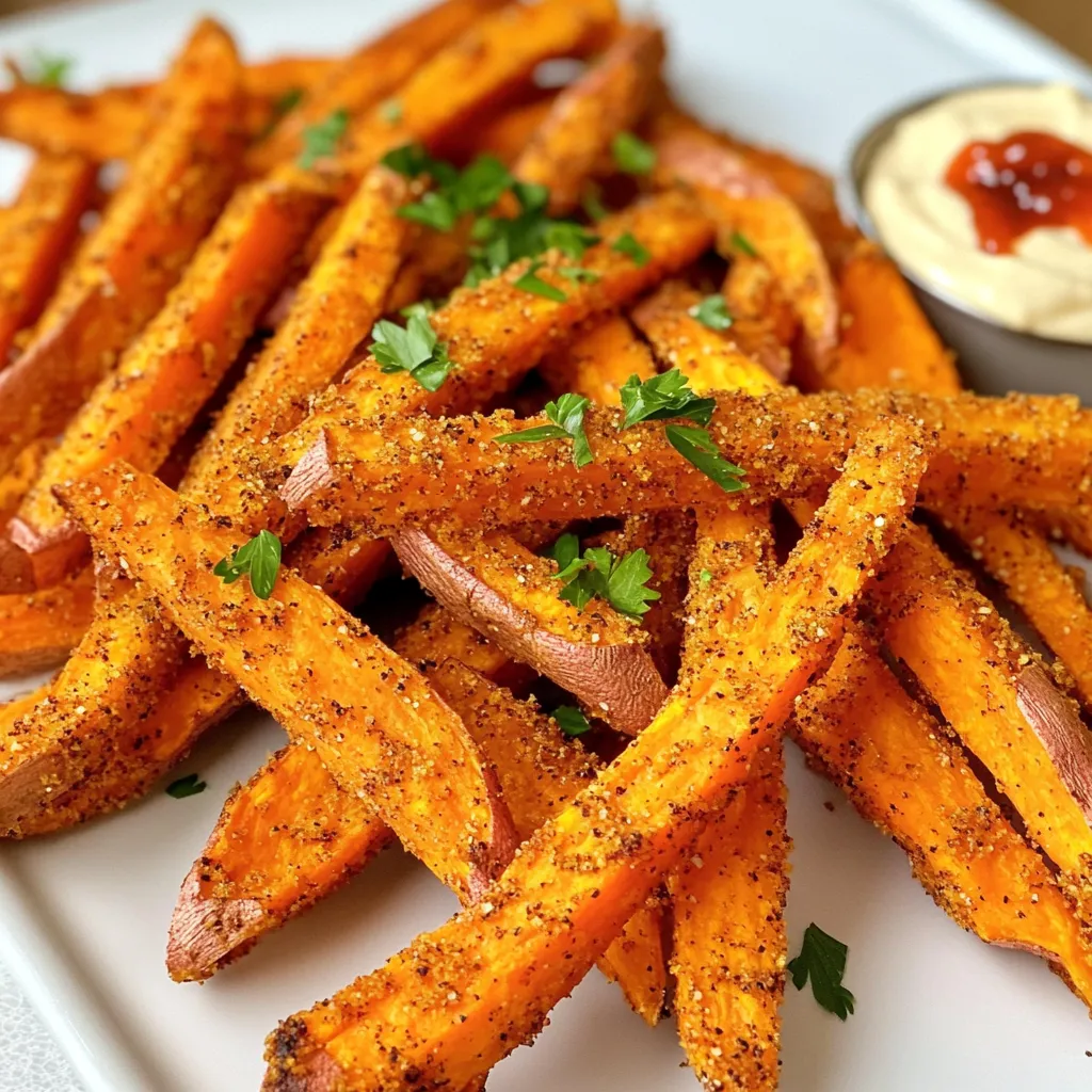 To make spicy Cajun sweet potato fries, gather the following ingredients: - 2 large sweet potatoes, peeled and cut into fries - 2 tablespoons olive oil - 1 tablespoon Cajun seasoning - 1 teaspoon garlic powder - 1 teaspoon paprika - ½ teaspoon salt - ¼ teaspoon black pepper - Optional: Fresh parsley for garnish and dipping sauce (like ranch or sriracha mayo) These ingredients create a delicious and spicy flavor. Sweet potatoes give a natural sweetness and a nice texture. The olive oil helps the seasoning stick and gives a crisp finish. Cajun seasoning adds that bold kick. Garlic powder and paprika deepen the taste. Salt and black pepper enhance all the flavors. You can customize this recipe with your favorite sauces. Try ranch for a cool dip or sriracha mayo for extra heat. Enjoy experimenting with these ingredients! To make great fries, start by soaking the sweet potatoes. Soak them in water for at least 30 minutes. This step helps to make them crispy. After soaking, drain the water and dry the fries with a towel. Next, cut the sweet potatoes into fries. Make sure the pieces are even. This helps them cook well. Aim for about ¼ to ½ inch thickness. Thicker fries will take longer to cook. Now, it’s time to cook! Preheat your air fryer to 400°F (200°C). This step ensures even cooking right from the start. In a large bowl, mix the fries with olive oil and spices. Use 2 tablespoons of olive oil, 1 tablespoon Cajun seasoning, 1 teaspoon garlic powder, 1 teaspoon paprika, ½ teaspoon salt, and ¼ teaspoon black pepper. Toss them well to coat each fry evenly. Place the fries in the air fryer basket in a single layer. Do not overcrowd them. Cook for 15-20 minutes. Shake the basket halfway through. This helps them crisp up nicely. Once they are golden brown, remove the fries from the air fryer. Let them cool slightly before serving. This will help them maintain their crispiness. Garnish with fresh parsley if you like. Serve them hot with your favorite dipping sauce, such as ranch or sriracha mayo. Enjoy your spicy Cajun sweet potato fries! To get the best crispiness, soak your sweet potato fries. Soak them in water for at least 30 minutes. This removes extra starch and helps them crisp up. After soaking, drain the fries and pat them dry. This step is key for a crunchy texture. When placing fries in the air fryer, avoid overcrowding. Spread them out in a single layer. This allows hot air to flow around each fry. You’ll get a nice, even cook this way. If you want more heat, adjust the spice levels. Add more Cajun seasoning for a bolder flavor. You could also mix in some cayenne pepper for an extra kick. For dipping sauces, ranch and sriracha mayo work well. They add coolness and a spicy touch. You can also try a garlic aioli for a rich flavor. These dips complement the fries perfectly. {{image_2}} You can switch up the flavor of your fries with different seasonings. Try taco seasoning for a zesty twist. You can also use a mix of cumin and chili powder for an earthy taste. For a sweeter touch, blend cinnamon with your spices. This works well with the natural sweetness of the potatoes. Mixing sweet and savory can create a unique flavor. A hint of brown sugar can balance the heat of your Cajun seasoning. You can even add a pinch of cayenne for extra spice. Experimenting with these blends keeps your fries exciting and delicious. The cut of your fries can change their texture and taste. Steak fries are thicker and have a soft inside. They hold the seasoning well and are great for dipping. Thin fries cook faster and become extra crispy. They are fun to snack on and perfect for sharing. Waffle fries add a fun twist to your meal. Their unique shape catches more seasoning. You can make them by cutting sweet potatoes with a crinkle cutter. This gives a beautiful look and crispy bites. Each cut offers a different experience, so feel free to try them all! To keep your spicy Cajun sweet potato fries fresh, store them properly. First, let the fries cool down. Place them in an airtight container. This helps prevent moisture from making them soggy. Use a glass or plastic container with a tight lid. You can also wrap them in foil or parchment paper before placing them in a container. This method keeps them crispy and flavorful. Reheating can be tricky, but I have some tips for you. Preheat your air fryer to 350°F (175°C). This lower heat helps the fries crisp up again. Spread the fries in a single layer in the basket. Heat them for about 5-7 minutes. Check them often to avoid overcooking. You can also use an oven if you prefer. Just place them on a baking sheet and heat at 350°F for a similar time. Enjoy those crispy fries again! Yes, you can use regular potatoes. However, sweet potatoes add a unique flavor. They are sweeter and have a creamy texture. Regular potatoes will give a crispier bite but less sweetness. If you want to try, use russet or Yukon gold potatoes. Just remember to adjust your cooking time. They may cook faster than sweet potatoes. Check for color and texture. The fries should be golden brown and crispy. You can also taste a fry to see if it’s cooked through. If it feels soft inside and crispy outside, it is ready. I recommend shaking the basket halfway through cooking. This ensures even cooking for all the fries. You can serve these fries as snacks or meals. Here are some ideas: - Snack options: - Pair with ranch dressing for cooling contrast. - Try sriracha mayo for added spice. - Serve with guacamole for a creamy dip. - Meal pairings: - Serve alongside grilled chicken or fish for a tasty meal. - Add to burgers for a fun twist. - Top with chili for a loaded fry dish. These fries are versatile and go great with many dishes! In this post, we explored how to make delicious Cajun sweet potato fries. We covered ingredients, step-by-step instructions, and expert tips to achieve perfect crispiness. You can enhance flavors and try different cuts. Proper storage and reheating methods ensure your fries stay great. These simple tricks can help you enjoy homemade fries anytime. Enjoy experimenting with the recipes and make them your own. With practice, you can make the best fries!