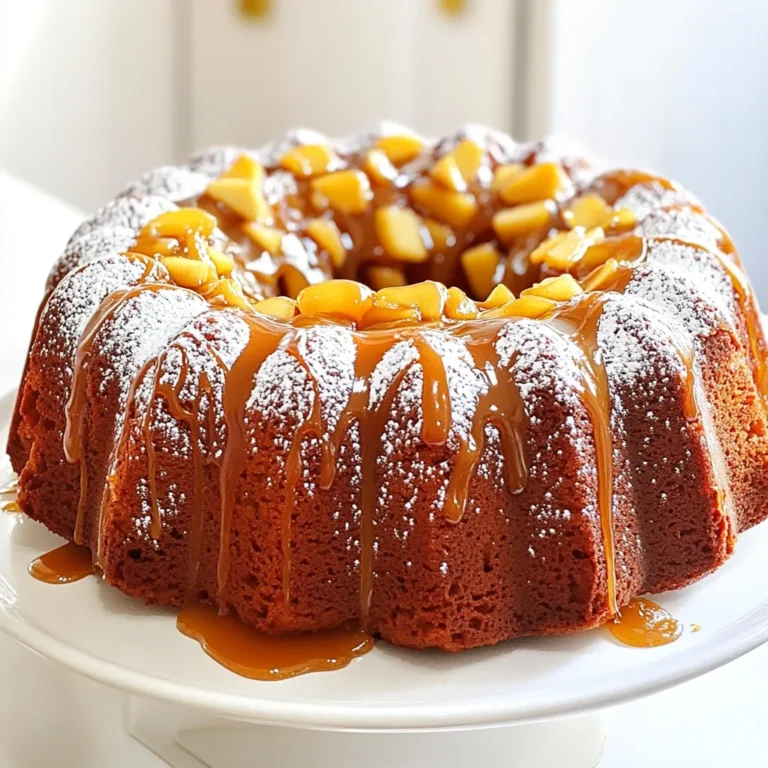 - 2 cups apple cider - 1 cup granulated sugar - 1 cup light brown sugar, packed - 1 cup unsalted butter, softened - 4 large eggs - 3 cups all-purpose flour - 2 teaspoons baking powder - 1 teaspoon baking soda - 1 teaspoon cinnamon - 1/2 teaspoon nutmeg - 1/2 teaspoon salt - 1 teaspoon vanilla extract - 1 cup chopped apples, peeled and diced - 1/2 cup caramel sauce (store-bought or homemade) - Optional: powdered sugar for dusting Using quality spices like cinnamon and nutmeg makes a big difference. Fresh apple cider adds a rich flavor. Avoid packaged cider if you can; it often lacks depth. The taste of your cake depends on these details. Choose ripe apples for the best texture. Make sure your butter is soft to blend well with the sugars. This helps create a fluffy cake. 1. Preheat oven and prepare the bundt pan Set your oven to 350°F (175°C). Grease and flour a 10-inch bundt pan. This helps the cake come out easily. 2. Reduce apple cider In a small saucepan, boil 2 cups of apple cider over medium heat. Once it boils, lower the heat and let it simmer. Cook it for about 15-20 minutes until it reduces to 1 cup. Let it cool a bit before using. 1. Creaming butter and sugars In a large bowl, cream 1 cup of softened unsalted butter, 1 cup of granulated sugar, and 1 cup of light brown sugar. Mix until it becomes light and fluffy. This step adds air to the batter. 2. Adding eggs and vanilla Add 4 large eggs one at a time. Make sure to mix well after each egg. Stir in 1 teaspoon of vanilla extract. This gives the cake a nice flavor. 1. Mixing dry ingredients In a separate bowl, whisk together 3 cups of all-purpose flour, 2 teaspoons of baking powder, 1 teaspoon of baking soda, 1 teaspoon of cinnamon, 1/2 teaspoon of nutmeg, and 1/2 teaspoon of salt. This combination adds structure and flavor. 2. Incorporating the apple cider and folding in apples Gradually add the dry mixture to the wet mixture. Alternate between the dry mixture and the reduced apple cider. Start and end with dry ingredients. Once mixed, fold in 1 cup of chopped apples until they're evenly spread. 1. Adding layers of batter and caramel Pour half of the batter into the prepared bundt pan. Drizzle half of the 1/2 cup of caramel sauce over this layer. Then, add the remaining batter and finish with another drizzle of caramel on top. 2. Proper baking time and signs of doneness Bake in your preheated oven for 55-65 minutes. To check if it’s done, insert a toothpick into the center. If it comes out clean, your cake is ready. Let it cool in the pan for about 15 minutes before inverting it onto a wire rack. To prevent sticking, grease and flour your bundt pan well. I like to use a pastry brush to ensure every nook gets covered. This little step helps your cake slide out easily. For even baking, make sure your oven is preheated. Place the bundt pan in the center of the oven. This way, the heat gets to all sides. To make your cake moister, try adding an extra egg. You could also use a bit more apple cider. Apples add great texture too. If you want to try new flavors, think about adding a pinch of ginger or a splash of orange juice. Tossing in some chopped nuts can also give a nice crunch. This cake shines with a scoop of vanilla ice cream or a dollop of whipped cream. These toppings balance the sweetness of the caramel. For a lovely presentation, dust the top with powdered sugar. You can also drizzle more caramel sauce on each slice. This makes the cake look fancy for gatherings. {{image_2}} You can change the taste of your Apple Cider Caramel Bundt Cake by using different spices. Try adding pumpkin spice or even ginger for a unique twist. These spices bring warmth and depth to the cake, making it even more delightful. You can also mix in other fruits. Pears add a sweet, juicy flavor, while cranberries give a tart contrast. Both options will refresh your cake and surprise your guests with new tastes. If you need a gluten-free option, swap the all-purpose flour with a gluten-free flour blend. This will make it easier for those with gluten sensitivities to enjoy this tasty treat. Just be sure to choose a blend that works well in baking. For a dairy-free version, use a dairy-free butter substitute. You can also replace the eggs with flax eggs or applesauce. These swaps will keep the cake moist and delicious while meeting dietary needs. You have choices when it comes to frosting or glazing the cake. A caramel glaze gives a sweet finish and pairs well with the apple flavor. Simply drizzle it over the cake after it cools. Cream cheese frosting can add a creamy richness. To make it, mix softened cream cheese with powdered sugar and vanilla. This frosting will give a tangy balance to the sweetness of the cake. If you want to make homemade caramel sauce, melt sugar in a saucepan until it turns golden. Slowly stir in cream for a smooth finish. This sauce will elevate your dessert and impress your guests. To keep your Apple Cider Caramel Bundt Cake fresh, wrap it well. Use plastic wrap or aluminum foil. Store the cake at room temperature. This keeps it moist and tasty. Avoid placing it in the fridge unless it’s very hot. Cold air can dry it out. This cake lasts about 3 to 4 days at room temperature. For longer storage, you can freeze it. Wrap slices in plastic wrap, then place them in a freezer bag. This way, they stay fresh for up to three months. When you want a slice, just take it out and thaw it in the fridge overnight. To warm the cake for serving, preheat your oven to 350°F. Place the slice on a baking sheet and heat for about 10 minutes. This warms it nicely without drying it out. You can also use the microwave. Heat for about 15 seconds to keep the texture soft. Enjoy your cake warm, with a drizzle of caramel sauce! Can I use store-bought apple cider? Yes, you can use store-bought apple cider. Look for a brand without added sugars. Fresh cider makes a more vibrant flavor, but store-bought works well too. What can I substitute for brown sugar? You can use white sugar with a bit of molasses. Use one cup of white sugar with one tablespoon of molasses. Mix well for a similar taste. How do I know when the cake is fully baked? Insert a toothpick into the center of the cake. If it comes out clean, the cake is done. If it has wet batter, bake a few more minutes. Can I make this cake a day ahead? Yes, this cake stores well. Make it a day before serving. Just keep it covered at room temperature to maintain freshness. What’s the best way to decorate the bundt cake? Dusting with powdered sugar adds a nice touch. Drizzle extra caramel sauce on top for a sweet finish. Serve with whipped cream or ice cream for extra delight. You learned how to make a delicious Apple Cider Caramel Bundt Cake. We covered the ingredients needed, tips for baking, and ways to store your cake. Remember, using fresh apple cider and high-quality spices makes a big difference. You can try different fruits or spices to add your twist. Don't forget to pair it with ice cream or whipped cream for extra delight. With these steps, your cake will impress everyone. Now go bake, enjoy, and share your creation!