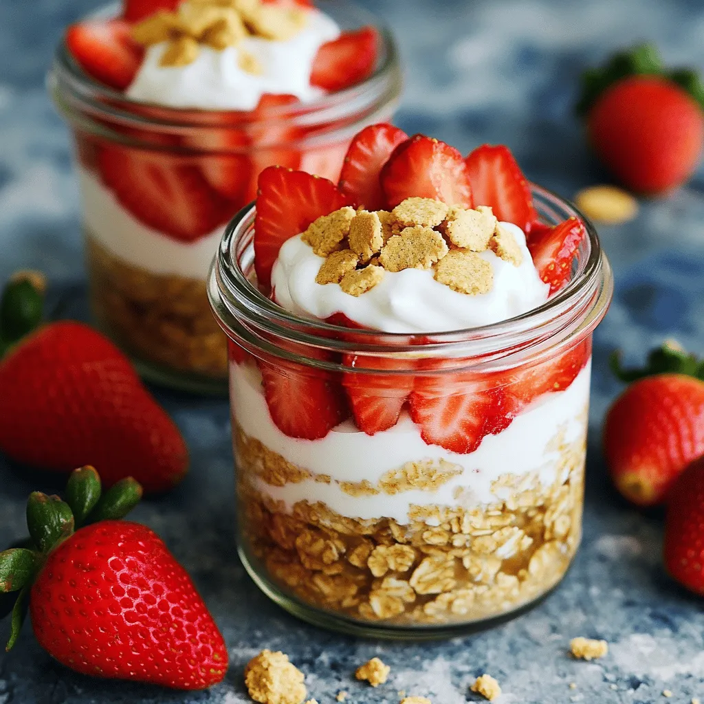 To make Strawberry Shortcake Overnight Oats, you'll need: - 1 cup rolled oats - 1 ½ cups almond milk (or any milk of choice) - 1 tablespoon chia seeds - 1 tablespoon maple syrup (or honey) - 1 teaspoon vanilla extract - 1 cup fresh strawberries, hulled and sliced - ½ cup Greek yogurt (or dairy-free yogurt) - ¼ teaspoon almond extract - Crushed graham crackers (for topping) - Additional fresh strawberries (for garnish) Each ingredient plays a key role. If you want a thicker texture, use less milk. For sweetness, add more maple syrup or honey. You can swap almond milk for any milk you like, such as oat or soy. If you need a dairy-free option, use coconut yogurt instead of Greek yogurt. The chia seeds help the oats thicken, so don’t skip them. This dish is not just tasty; it is also healthy. Rolled oats provide fiber, which is good for digestion. Strawberries are full of vitamins and antioxidants. Greek yogurt adds protein, making your meal filling. Chia seeds offer omega-3 fatty acids, which are great for heart health. With these ingredients, you get a balanced breakfast that supports your health. First, grab a large bowl. Add 1 cup of rolled oats. Next, pour in 1 ½ cups of almond milk. You can use any milk you like. Then, add 1 tablespoon of chia seeds. Pour in 1 tablespoon of maple syrup and 1 teaspoon of vanilla extract. Mix everything well. Make sure it’s all blended together. This mixture will become soft and creamy overnight. Now it’s time for strawberries. Take 1 cup of fresh strawberries. Hull and slice them thinly. Gently fold these sliced strawberries into the oat mixture. Make sure they spread evenly throughout. This adds a sweet flavor and beautiful color. In a small bowl, mix ½ cup of Greek yogurt with ¼ teaspoon of almond extract. This gives the yogurt a nice nutty taste. Next, take serving jars or containers. Fill each jar halfway with the oat mixture. Add a layer of yogurt on top. Then, fill the jars with the rest of the oat mixture. Seal the jars tightly. Place them in the fridge overnight. This helps the oats soak up all the flavors. When you wake up, your delicious strawberry shortcake overnight oats will be ready! To make tasty overnight oats, keep a few tips in mind. First, use rolled oats. They soak up liquid well and stay chewy. Second, use a liquid that you enjoy. Almond milk works great, but any milk is fine. Third, let your oats soak overnight. This gives them time to absorb flavors. If you prefer a thicker texture, use less milk. If you like it creamy, add more. Get creative with flavors! You can swap strawberries for other fruits. Try blueberries, bananas, or peaches. For extra sweetness, add honey or maple syrup. Want a nutty taste? Mix in almond or peanut butter. You can also play with spices. A pinch of cinnamon or nutmeg can add warmth. Don't be afraid to experiment until you find your favorite combination! When it's time to serve, make it pretty! Use clear jars or bowls so you can see the layers. Start with oats, then add yogurt, and top with fresh fruit. Sprinkle crushed graham crackers on top for crunch. This adds a fun texture and a nod to classic shortcake. For an extra touch, add a mint leaf on top. It looks nice and adds freshness! {{image_2}} You can easily switch things up with a berry medley. Use mixed berries like blueberries, raspberries, and blackberries along with strawberries. This adds color and a fun twist to your oats. Just replace the sliced strawberries with a mix of your favorite berries. This gives you a burst of flavor in every bite. If you want a dairy-free or vegan option, it's simple. Use almond milk or any plant-based milk. Swap Greek yogurt with a dairy-free yogurt. Check the label to ensure it fits your diet. You can also use maple syrup instead of honey for sweetness. These small changes keep the taste great while meeting your needs. To kick your strawberry shortcake overnight oats up a notch, add some fun ingredients. Try adding nuts like almonds or walnuts for crunch. You could also mix in coconut flakes for a tropical twist. If you like a sweeter taste, add a sprinkle of cinnamon or a drizzle of honey. These add-ins bring new flavors and textures to your breakfast. To store your Strawberry Shortcake Overnight Oats, use airtight jars or containers. This keeps the oats fresh and ready to eat. Make sure to seal them tightly after filling. This helps lock in flavors and moisture. Your overnight oats will stay fresh in the fridge for up to five days. The oats absorb milk and flavors over time. For the best taste, eat them within three days. If you notice any separation, just stir before eating. Always check for freshness by smelling or tasting a small spoonful. You can eat your oats cold or warm them up. If you prefer warm oats, remove the lid and microwave for 30 to 60 seconds. Stir halfway through to ensure even heating. Let them cool slightly before eating. Enjoy the sweet taste of strawberries and creamy yogurt! Yes, you can make these oats ahead of time. I often prepare them the night before. They taste even better after soaking overnight. The oats soften and absorb the flavors well. You can store them in jars in the fridge. They stay fresh for up to three days. Just remember to add toppings right before you eat. Toppings add fun and flavor to your oats. Here are some great ideas: - Sliced bananas - Chopped nuts - Shredded coconut - Chocolate chips - Dried fruits - Fresh berries - Yogurt dollops - A drizzle of honey or maple syrup You can mix and match to create your perfect bowl. Get creative and enjoy! Absolutely! You can use any milk you like. Here are some great alternatives: - Cow's milk - Soy milk - Oat milk - Coconut milk - Cashew milk Each type of milk gives a different flavor. Choose what you enjoy most or what you have at home. The oats will still taste delicious! You learned about the key ingredients for Strawberry Shortcake Overnight Oats and their benefits. I walked you through simple steps to prepare them and shared valuable tips for customization and storage. Remember, you can make these oats your own by adding different fruits or toppings. Now you have the tools to create a tasty, nutritious breakfast every day. Enjoy your delicious creations and make breakfast fun!
