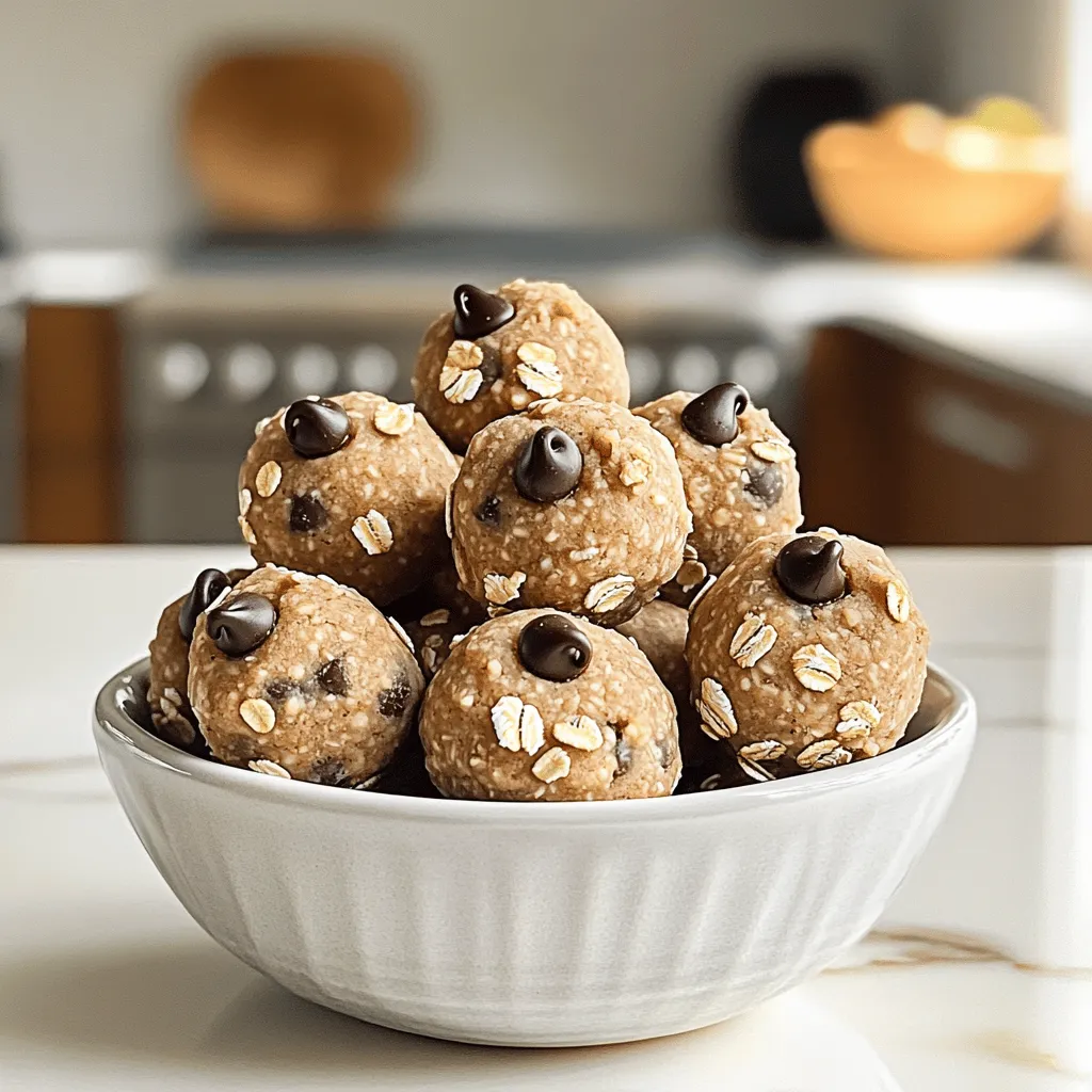 To make No-Bake Cookie Dough Protein Bites, gather the following items: - 1 cup almond flour - 1/2 cup rolled oats - 1/4 cup protein powder (vanilla or chocolate) - 1/3 cup maple syrup or honey - 1/4 cup peanut butter or almond butter - 1 teaspoon vanilla extract - 1/4 cup mini dark chocolate chips - Pinch of salt Each ingredient plays a role in the bites. - Almond flour provides a nutty flavor and a great base. It is gluten-free and low in carbs. - Rolled oats add texture and fiber. They help keep you full longer. - Protein powder boosts protein levels. Choose vanilla or chocolate for extra flavor. - Maple syrup or honey serves as a natural sweetener. It binds the mixture together. - Peanut butter or almond butter gives creaminess and healthy fats. It also adds a rich taste. - Vanilla extract enhances the overall flavor. A little goes a long way. - Mini dark chocolate chips bring sweetness and a fun crunch. They make each bite feel like a treat. - Salt balances sweetness and enhances all flavors. A pinch is all you need. You can swap ingredients based on your taste or diet. - Almond flour can be replaced with oat flour for a nut-free option. - Rolled oats can be omitted if you want a smoother texture. - Any protein powder can work, just keep the flavor in mind. - Instead of maple syrup, use agave syrup for a different sweetener. - For nut allergies, try sunflower seed butter instead of peanut or almond butter. - You can use a splash of almond extract if you don’t have vanilla. - If mini dark chocolate chips aren’t available, use regular chocolate chips or dried fruit. These substitutions keep the recipe flexible and fun! You will need just a few minutes to prep these bites. Gather your ingredients first. This makes mixing easier. You will need a large bowl and a spoon. A parchment-lined baking sheet will help with the final steps. Start by adding the almond flour, rolled oats, and protein powder to your bowl. Stir these dry ingredients well. This helps them mix evenly. Next, pour in the maple syrup or honey, peanut butter, and vanilla extract. Don’t forget the pinch of salt! Mix everything together until a thick dough forms. Now, it’s time to add the mini dark chocolate chips. Gently fold them in. This step is fun! Ensure they are spread throughout the dough. You want a bit of chocolate in every bite. After mixing, use your hands to scoop out the dough. Roll it into small balls, about one inch wide. You should get around 12 to 15 bites from this amount. Place the shaped bites on your parchment-lined sheet. Now, refrigerate them for at least 30 minutes. This helps them firm up nicely. After chilling, they are ready to enjoy! You can also store them in the fridge for later. To get the best texture for your no-bake cookie dough protein bites, use almond flour. It gives a nice, soft base. Mix your dry ingredients first. This helps to blend flavors well. When adding wet ingredients, make sure they are at room temperature. This makes mixing easier. After forming the bites, let them chill in the fridge. This helps them firm up nicely. Aim for a dough that is not too sticky. If it is, add a bit more almond flour. You can boost the flavor of your protein bites in fun ways. Try adding a dash of cinnamon for warmth. You can also mix in some chopped nuts for crunch. If you love coconut, add shredded coconut. It pairs great with the chocolate chips. For a twist, use different flavored protein powder. Vanilla and chocolate are classic choices, but peanut butter powder works too. Don’t shy away from experimenting. Each variation can make your bites unique! Presentation matters, even for snacks. Arrange your protein bites in a small bowl or on a platter. This makes them look inviting. For a special touch, sprinkle some extra chocolate chips or oats on top. You can also use colorful paper cups for each bite. This adds a fun element to your serving style. If you’re serving at a gathering, consider adding fresh fruit on the side. It brings color and freshness to the table. Enjoy your delicious bites, and don’t forget to share! {{image_2}} You can change the protein powder to suit your taste. Vanilla and chocolate are great choices. If you want to try something new, use strawberry or cookie dough flavor. These swaps keep the bites tasty and fun. Each type of protein powder brings its unique flavor and texture. Just remember to adjust the sweetness if you use a flavored powder. If you have nut allergies, you can still enjoy these bites. Replace almond flour with oat flour or sunflower seed flour. Use sunflower seed butter instead of peanut or almond butter. These swaps keep the bites safe and delicious. They still pack a good protein punch and taste great. You can add different flavors to your protein bites. Try mixing in spices like cinnamon or nutmeg for warmth. You can also add dried fruit like raisins or cranberries for sweetness. If you love a crunch, try adding chopped seeds or nuts. These small changes can make a big difference in taste and keep your snacks exciting. To keep your No-Bake Cookie Dough Protein Bites fresh, store them in an airtight container. You can use a glass jar or a plastic food container. Make sure the lid is tight to keep out air. This helps maintain their taste and texture. These protein bites stay good in the fridge for about a week. After that, they may start to lose their freshness. If you want to keep them longer, consider freezing them. To freeze your protein bites, first, arrange them in a single layer on a baking sheet. Place the sheet in the freezer for about 1-2 hours. Once they are firm, transfer them to a freezer bag. Label the bag with the date. They can last up to three months in the freezer. When you're ready to eat them, just thaw them in the fridge for a few hours. Enjoy the tasty, healthy snack! Yes, you can make these bites without protein powder. Just replace it with more almond flour or oats. This change keeps the texture similar. You might lose some protein, but they will still taste great. Consider adding a scoop of nut butter for extra nutrition. To make these bites vegan, use maple syrup instead of honey. Choose almond butter or peanut butter, as both are vegan. Ensure your protein powder is plant-based, like pea or rice protein. This way, you can enjoy these bites without any animal products. These bites have many good nutrients. They provide protein from the protein powder and nut butter. Almond flour adds healthy fats and fiber. Rolled oats give you energy and keep you full. Dark chocolate chips offer antioxidants. Overall, they are a tasty snack that fuels your body. In this post, we covered the key ingredients, step-by-step instructions, and helpful tips for making protein bites. We explored variations to fit dietary needs and discussed storage practices to keep them fresh. With all the information provided, you can create tasty and healthy snacks that suit your lifestyle. Remember, these bites offer flexibility, so feel free to adjust ingredients as you like. Enjoy making your protein bites and sharing them with others!
