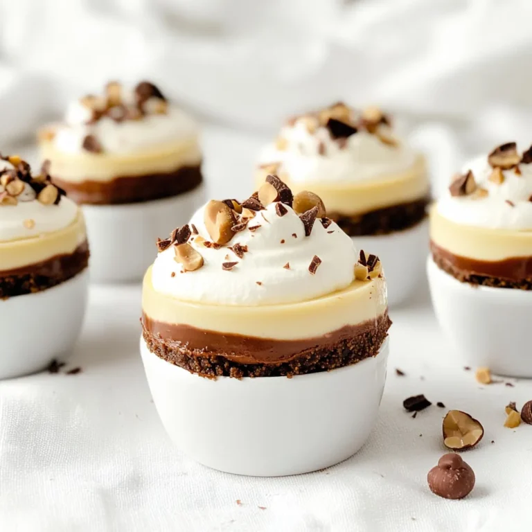 - 1 cup cream cheese, softened - 1 cup Nutella - 1 cup heavy whipping cream - 1/2 cup powdered sugar - 1 teaspoon vanilla extract - 1 cup crushed chocolate cookies (like Oreo or chocolate graham crackers) - 2 tablespoons unsalted butter, melted - Optional toppings: chopped hazelnuts, chocolate shavings, or whipped cream Cream cheese adds a rich and creamy base. It makes the cheesecake smooth and thick. Nutella gives a sweet, chocolate-hazelnut flavor that makes this dessert special. Heavy whipping cream lightens the mixture. It helps create that fluffy texture. Powdered sugar adds sweetness and blends well into the cream. Vanilla extract enhances the overall taste. Finally, crushed chocolate cookies form the crust. They provide a crunchy texture to each bite. When choosing cream cheese, look for full-fat options. It yields a creamier texture. Use Nutella that is fresh and well-mixed for the best flavor. For whipping cream, choose heavy cream. This gives the best volume and body. Look for pure vanilla extract. It has a stronger flavor than imitation. When picking chocolate cookies, find ones with a rich flavor. This will make your crust taste even better. 1. Make the crust. In a medium bowl, mix the crushed chocolate cookies and melted butter. Stir well to coat the cookie crumbs completely. 2. Layer the crust. Take your serving cups or small jars. Add about 2 tablespoons of the cookie mix to the bottom of each cup. Press down gently to form a nice crust. 3. Prepare the filling. In a new bowl, beat the softened cream cheese and Nutella until smooth. Make sure there are no lumps. 4. Whip the cream. In another bowl, whip the heavy cream until you see soft peaks. Gradually add the powdered sugar and vanilla while whipping. Keep going until stiff peaks form. 5. Combine mixtures. Gently fold the whipped cream into the Nutella mixture. Do this slowly to keep the air in the whipped cream. 6. Fill the cups. Spoon the Nutella cheesecake filling over the crust in each cup. Fill them almost to the top for a rich bite. 7. Chill the cups. Place the cups in the fridge for at least 2 hours. This helps the cheesecake to set properly. 8. Add toppings. After chilling, garnish each cup with toppings like chopped hazelnuts, chocolate shavings, or a dollop of whipped cream. - When mixing the crust, ensure crumbs are wet but not soggy. This helps the crust hold its shape. - Don't over-mix the filling. Gently folding keeps it light and fluffy. - Let the cups chill for the full 2 hours. This is key for the best texture. - Serve the cups cold straight from the fridge. They are a perfect treat on a warm day. - For a more festive touch, arrange the cups on a large plate. Add some fresh berries around them for color. - If you have guests, offer a variety of toppings. This allows everyone to customize their dessert. When making No Bake Nutella Cheesecake Cups, it’s easy to make a few key mistakes. Here are some to watch for: - Not softening the cream cheese: If your cream cheese is cold, it won’t mix well. Make sure you let it sit out for at least 30 minutes. - Overmixing the whipped cream: Be gentle when folding it into the Nutella mixture. Overmixing can lead to a dense texture. - Skipping the chilling step: This dessert needs time to set. Don’t rush it; refrigerate for at least 2 hours. To get the right texture in your cheesecake cups, follow these steps: - Use room temperature ingredients: Soft cream cheese blends easier. Whipped cream should be cold but not frozen. - Fold gently: When you mix the whipped cream with the Nutella mixture, use a spatula and fold slowly. This keeps air in the whipped cream, making it light and fluffy. - Check for peaks: When whipping the cream, look for soft peaks first, then add the sugar and vanilla. Whip again until you see stiff peaks. Storing your No Bake Nutella Cheesecake Cups correctly keeps them fresh and tasty. Here’s how: - Use airtight containers: If you have leftovers, place the cups in airtight containers. This keeps them from drying out. - Store in the fridge: These cups last well in the fridge for about 3 days. Make sure they stay cool. - Avoid freezing: Freezing can change the texture. If you must freeze, separate the crust and filling, and assemble when ready to eat. {{image_2}} You can easily change the flavor of your cheesecake cups. Try using cream cheese with different flavors. For example, swap Nutella for peanut butter for a nutty twist. You can also use white chocolate instead of Nutella for a sweeter taste. If you want a fruity option, add fresh berries or berry puree to the cream cheese mix. These swaps will give you new fun flavors to enjoy. For a birthday party, decorate the cups with colorful sprinkles or edible glitter. You can use mini candles on top for a festive touch. For a holiday theme, add crushed peppermint or candy canes for a winter treat. You can also use seasonal fruit like strawberries in summer or caramel sauce in fall. These fun decorations will make your dessert stand out at any event. Serve these cheesecake cups at parties, picnics, or family gatherings. They are easy to grab and eat. You can place them on a dessert table for guests to choose. For a more fun touch, serve them in mason jars. This adds a rustic feel and keeps everything tidy. If you want to impress, layer the ingredients in clear cups to show off the beautiful colors. To keep your No Bake Nutella Cheesecake Cups fresh, store them in the fridge. Use an airtight container or cover each cup with plastic wrap. This helps prevent any odors from other foods. Make sure they stay at a cool temperature. They will taste best when served cold. You can freeze these cheesecake cups if you want to save some for later. Place them in a freezer-safe container. Leave some space at the top of each cup, as the filling may expand. When you are ready to eat, transfer them to the fridge. Let them thaw overnight before serving. These cheesecake cups last about 3-5 days in the fridge. After that, they may lose flavor and texture. If you freeze them, they can last up to 2 months. Always check for any signs of spoilage before eating. If they smell off or look different, it's best to toss them out. Yes, you can. Many cookies work well for the crust. Try using chocolate graham crackers or even chocolate wafer cookies. Each type gives a unique taste. Just crush them well before mixing with butter. The key is to keep the chocolate flavor strong. The cheesecake needs at least 2 hours to set. This time helps it firm up and hold its shape. If you can wait longer, let it chill for 4 hours or even overnight. The longer it sits, the better the flavors meld. Absolutely! This recipe is great for making ahead. You can prepare it a day or two in advance. Just cover the cups and keep them in the fridge. This makes it perfect for parties or when you want a quick dessert. This article covered ingredients, preparation steps, tips, variations, and storage. Each part helps you create a great dish. Remember, the right ingredients make all the difference. Avoid common mistakes for the best texture. Lastly, try different flavors and themes to keep it fun. With these tips, you can impress anyone with your cooking skills. Happy cooking!