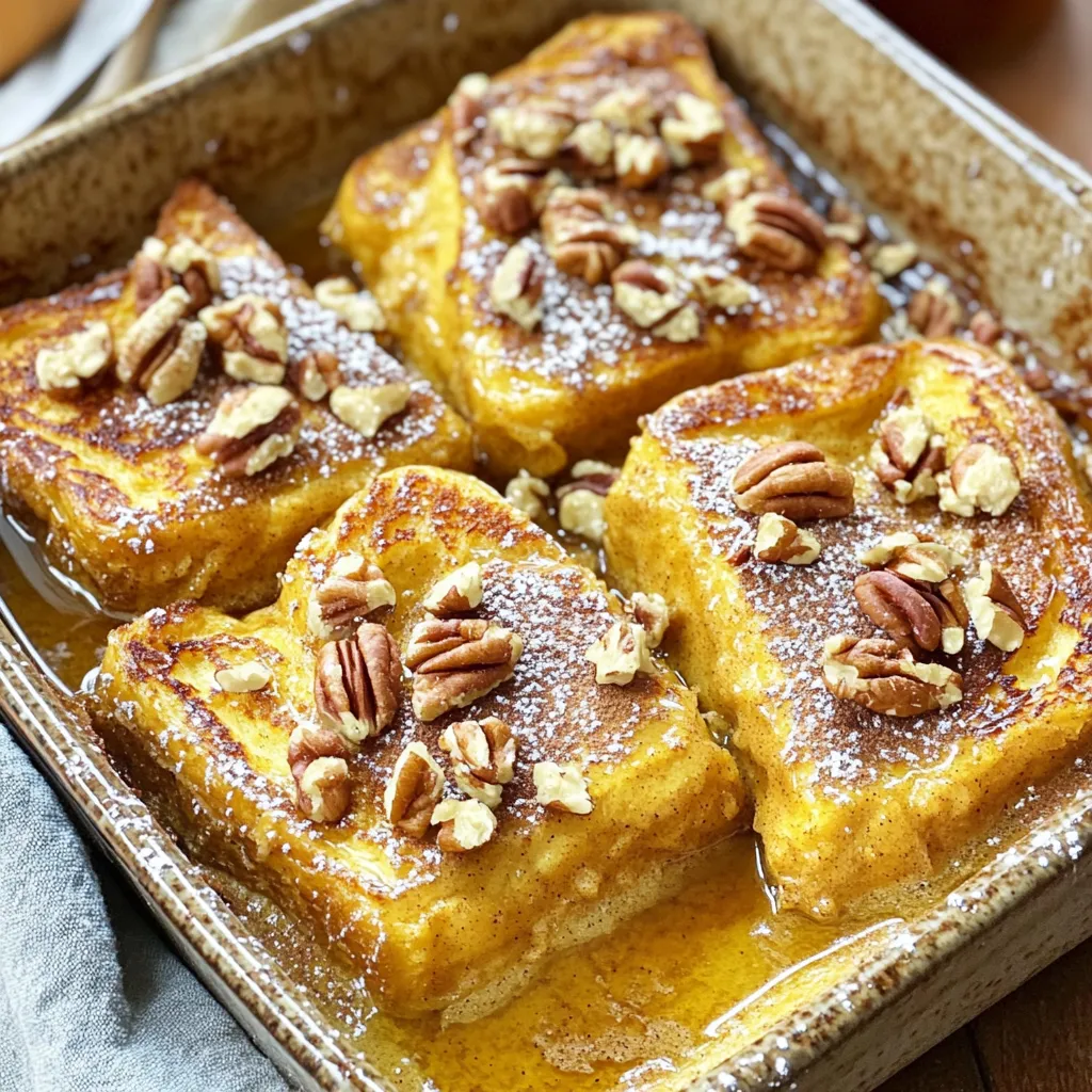 - 1 loaf of brioche bread, cut into cubes - 1 cup pumpkin puree - 4 large eggs - 1 cup milk The main ingredients create a rich base. Brioche bread gives a soft texture. Pumpkin puree adds flavor and moisture. Eggs and milk help bind everything together. - 1/2 cup brown sugar - 1 tablespoon vanilla extract - 2 teaspoons pumpkin pie spice - 1/2 teaspoon cinnamon - 1/4 teaspoon salt Brown sugar brings sweetness and a hint of caramel. Vanilla extract enhances the dish's warmth. Pumpkin pie spice and cinnamon add fall flavors. Salt balances the sweetness and enhances other tastes. - 1/2 cup pecans, chopped - Maple syrup, for serving Chopped pecans give a nice crunch and nutty flavor. Drizzling maple syrup over the bake adds a sweet finish. Use it for a touch of luxury and flavor. These ingredients combine to make a cozy dish. Each one plays a role in creating a delicious Pumpkin Spice French Toast Bake. First, preheat your oven to 350°F (175°C). While it warms up, grease a rectangular baking dish with butter or non-stick spray. This step is key. A well-prepped dish helps prevent sticking and ensures a perfect bake. Next, grab a large mixing bowl. In it, whisk together 1 cup of pumpkin puree, 4 large eggs, 1 cup of milk, and 1/2 cup of brown sugar. Add 1 tablespoon of vanilla extract, 2 teaspoons of pumpkin pie spice, 1/2 teaspoon of cinnamon, and 1/4 teaspoon of salt. Mix until everything is smooth. This custard is the flavor base. It's rich and creamy, perfect for soaking the bread. Now, take your cubed brioche bread and gently fold it into the custard. Make sure all the bread pieces are coated well. If you like nuts, fold in 1/2 cup of chopped pecans for crunch. Pour the mixture into the greased baking dish. Spread it evenly. Cover the dish with aluminum foil. Let it sit in the fridge for at least 30 minutes. Overnight soaking works even better! It allows the bread to soak up all that yummy custard. After soaking, remove the foil and place the dish in the preheated oven. Bake for 30-35 minutes. Look for a golden brown top and a set center. Once done, let it cool slightly. Drizzle with maple syrup before serving for that sweet touch. Enjoy your cozy dish! Overnight soaking is key for great texture. It helps the bread soak in the pumpkin custard. This allows the bread to absorb all those flavorful ingredients. If you skip this step, the bread may turn out dry. I recommend letting it soak for at least 30 minutes. If you can, soak it overnight in the fridge. This makes a big difference in the final dish. You can boost the flavor with spices and mix-ins. Besides pumpkin pie spice, try adding a bit of nutmeg or ginger. These spices add warmth and depth. Chopped pecans give a nice crunch, too. You can also add chocolate chips for a sweet twist. Just fold them in with the bread cubes. This makes your pumpkin spice French toast bake even more special. Pair your bake with tasty toppings. Maple syrup is a classic choice. You can also add whipped cream or a dusting of powdered sugar. Fresh fruit like bananas or berries can add brightness. Serve with a side of crispy bacon or sausage for a full breakfast. This makes the meal feel even cozier. Enjoy the flavors and textures together! {{image_2}} You can switch up the bread for this recipe. Try using challah instead of brioche. Challah has a slightly sweet flavor and a nice texture. Sourdough is another great choice. It adds a tart taste that contrasts well with the sweet pumpkin. If you need a gluten-free option, use gluten-free bread. There are many tasty choices available now. For a dairy-free version, swap the milk with almond or oat milk. This keeps the dish creamy and delicious without dairy. Want to enhance the flavors? Add chocolate chips for a sweet twist. They melt and create gooey pockets in each bite. Dried fruits like raisins or cranberries are also a great addition. They bring a chewy texture and a burst of flavor. To store leftovers, let the pumpkin spice French toast bake cool. Once cool, cut it into portions. Place the pieces in an airtight container. Store the container in your fridge. It stays fresh for about three days. When you want to eat it, reheat the portions in the microwave. You can also warm them in the oven for a crispy top. If you want to freeze it, wrap the whole dish tightly with plastic wrap first. Then cover it with foil. This helps prevent freezer burn. You can freeze it for up to three months. When ready to eat, thaw it overnight in the fridge. Bake it at 350°F (175°C) until warm. This usually takes about 30 to 40 minutes. You can also reheat single portions in the microwave. For the best taste, eat the dish within three days if refrigerated. If frozen, try to enjoy it within three months for best quality. Always check for any off smells or changes in texture before eating. Trust your senses! Keeping the dish well-covered helps maintain its freshness. Yes, you can make this dish ahead of time. It's best to prepare it the night before. Simply follow these steps: mix the ingredients and coat the brioche cubes. After that, place the mixture in the greased baking dish. Cover it tightly with foil. Put it in the fridge for at least 30 minutes or overnight. This helps the bread soak up the custard. On baking day, just pop it in the oven. Baking it fresh helps the flavors bloom. You can tell when it's ready by checking the top. It should be golden brown. You can also check the center. Insert a knife or toothpick into the middle. If it comes out clean, it is done. The bake will puff up and look set. If it jiggles too much, it needs more time. Bake it for about 30-35 minutes. Keep an eye on it during the last few minutes. Yes, you can use fresh pumpkin. First, you will need to roast it. Cut the pumpkin in half and scoop out the seeds. Place it cut-side down on a baking sheet. Roast it at 350°F (175°C) for about an hour. Once it is soft, scoop out the flesh and mash it. Use this fresh pumpkin in place of canned puree in your recipe. It adds a nice, fresh flavor. Just make sure to measure the same amount. This blog post covered all you need to make an amazing pumpkin French toast bake. We explored the right ingredients, from brioche bread to spices, and how to mix and bake them perfectly. I shared helpful tips for texture and flavor, plus fun variations for different diets and tastes. Finally, I gave you storage advice to keep your dish fresh. Enjoy this delightful treat any time for breakfast or brunch!