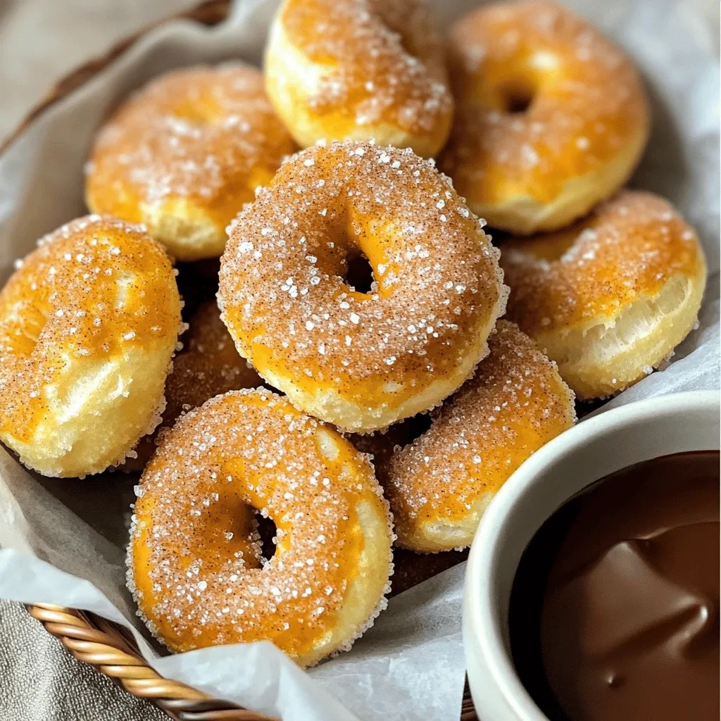 To make these tasty pretzel bites, you will need: - 1 can (8 oz) refrigerated pizza dough - 1/4 cup baking soda - 1 cup water - 1/4 cup granulated sugar - 1 tablespoon ground cinnamon - 2 tablespoons unsalted butter, melted - Coarse sea salt, for sprinkling These ingredients come together to create soft, warm bites with a sweet crunch. The pizza dough is the star. It gives the pretzels their chewy texture. The baking soda helps with that classic pretzel flavor. While the pretzel bites are delicious on their own, you can add some fun extras: - Melted chocolate for dipping - Cream cheese dip for a tangy twist These options make the bites even more enjoyable. You can create a pretzel party with different dips to try! If you don't have some ingredients, don't worry! Here are some easy swaps: - For pizza dough, try bread dough or homemade dough. - If you want a healthier option, use coconut sugar instead of granulated sugar. - For a dairy-free option, use a plant-based butter substitute. These substitutions keep the spirit of the recipe alive. You can still enjoy tasty pretzel bites with what you have on hand! First, preheat your air fryer to 350°F (175°C). This step is key for even cooking. While it heats, take the refrigerated pizza dough and unwrap it. On a floured surface, cut the dough into small pieces. Each piece should be about 1-inch squares. This size helps them cook quickly and evenly. Next, we need to boil the dough pieces. In a medium pot, bring 1 cup of water to a boil. Once boiling, stir in 1/4 cup of baking soda. This mixture gives the pretzel bites their signature flavor and color. Carefully drop each piece of dough into the boiling solution for 30 seconds. Use a slotted spoon to lift them out. Then, place them on a paper towel to drain excess water. Now, it’s time to air fry the pretzel bites. Arrange them in the air fryer basket. Make sure they are not touching. This allows hot air to circulate and cook them well. Air fry for 5-7 minutes until they turn golden brown and puff up. While they cook, mix 1/4 cup of sugar and 1 tablespoon of ground cinnamon in a bowl. When the bites are done, brush them with melted butter. Roll them in the cinnamon-sugar mix until fully coated. For a finishing touch, sprinkle coarse sea salt on top for extra flavor. Enjoy your warm, sweet pretzel bites! To get that soft and chewy bite, boiling the dough is key. The baking soda bath gives pretzel bites their chewy crust. Make sure to boil each piece for 30 seconds. This step helps the pretzel bites puff up nicely in the air fryer. If you skip this, your bites may turn out too soft. For extra flavor, try adding a pinch of nutmeg to your cinnamon-sugar mix. You can also brush some vanilla extract into the melted butter. For a twist, consider rolling the bites in crushed nuts or add a bit of cocoa powder for a chocolatey taste. These small changes can elevate your pretzel bites to new heights. One mistake is overcrowding the air fryer basket. If the bites touch, they won't cook evenly. Also, don’t skip the melted butter step after frying. It helps the sugar stick to the pretzel bites. Lastly, watch the time closely. Overcooking can make them hard instead of soft and chewy. {{image_2}} You can take your pretzel bites to a sweet level. Try adding chocolate or Nutella. After air frying, dip each pretzel bite in melted chocolate. Let the chocolate set for a tasty treat. For Nutella lovers, spread a little Nutella on top. It adds a creamy twist that pairs well with cinnamon sugar. Savory pretzel bites are a fun option. You can stuff them with cheese for a gooey center. Just take a small piece of dough, add cheese, and seal it up. Then, boil and air fry as usual. For herb-infused bites, mix dried herbs into the dough. Try garlic powder or Italian seasoning for great flavor. If you need a gluten-free option, use gluten-free pizza dough. Many brands sell ready-made dough. Just follow the same steps in the recipe. The result will still be soft and tasty. You can enjoy these bites without gluten worries. To keep your pretzel bites fresh, place them in an airtight container. Make sure they cool completely first. This helps prevent them from getting soggy. Store the container in the fridge for up to three days. You can also line the container with paper towels to absorb any moisture. To reheat your pretzel bites, preheat your air fryer to 350°F (175°C). Place the bites in the basket in a single layer. Heat them for about 3-5 minutes. This will keep them warm and crispy. You can also use a microwave, but the bites may lose some crispness. If you use the microwave, heat them in short bursts of 15 seconds until warm. If you want to save your pretzel bites for later, freezing is a great option. First, let them cool completely. Next, place them in a freezer-safe bag or container. Try to remove as much air as possible to prevent freezer burn. They will stay good for up to three months. When you’re ready to eat, defrost them in the fridge overnight. Then, reheat them in the air fryer for best results. Enjoy your warm, tasty treats anytime! Yes, you can use homemade pizza dough. Just make sure it is soft and pliable. Roll it out and cut it into 1-inch squares, just like the store-bought dough. This adds a personal touch to your pretzel bites. The flavor will be fresher and more unique. Check for a golden brown color. The pretzel bites should look puffy and firm. Use a toothpick to poke one. If it comes out clean, they are ready. The air fryer cooks quickly, so keep an eye on them after 5 minutes. I love serving these bites with melted chocolate or cream cheese dip. You can also try a caramel sauce for a sweet twist. For a fun contrast, use a tangy yogurt sauce. The flavors mix well and make each bite more special. You now know how to make delicious air fryer cinnamon sugar pretzel bites. We covered the main ingredients, steps, tips, and even fun variations. With this guide, you can impress friends and family with tasty treats. Remember to avoid common mistakes and explore different flavors. Enjoy them fresh or save some for later. Whether you want sweet or savory, there’s an option for everyone. Don’t hesitate to get creative and make this recipe your own! Your kitchen adventures are just starting!