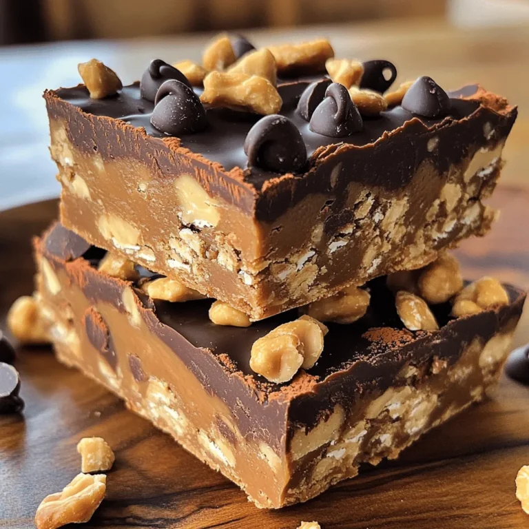 - 1 cup rolled oats - 1/2 cup natural peanut butter (smooth or chunky) - 1/4 cup honey or maple syrup - 1/4 cup cocoa powder - 1/4 cup dark chocolate chips - 1/4 cup chopped nuts (e.g., almonds, walnuts) - 1/2 teaspoon vanilla extract - Pinch of salt These simple ingredients make the perfect combo for a tasty and healthy snack. The oats give a great base. Peanut butter adds creaminess and flavor. Honey or maple syrup provides natural sweetness. Cocoa powder and dark chocolate chips add rich chocolate taste. Chopped nuts give a nice crunch and extra nutrients. You can switch out some ingredients if you need. Use almond butter or sunflower butter instead of peanut butter for a nut-free option. If you are vegan, swap honey for maple syrup. You can use cacao powder if you want a raw version. For a gluten-free treat, make sure your oats are certified gluten-free. Each bar has about 150 calories. They hold 6 grams of protein and 8 grams of healthy fats. The bars also have 4 grams of fiber, which keeps you full. With all these nutrients, they make a great snack for any time of day. Enjoy them before a workout or as a sweet treat! Making No-Bake Chocolate Peanut Butter Energy Bars is easy and quick. You just need a few simple steps. Start by gathering all your ingredients. This will help you stay organized. You will mix dry and wet ingredients separately before combining them. Then, you will press the mixture into a dish and chill it. 1. Mix the dry ingredients. In a large mixing bowl, add the rolled oats, cocoa powder, and a pinch of salt. Stir them well to blend. 2. Heat the wet ingredients. In a microwave-safe bowl, warm the peanut butter and honey for about 30 seconds. This makes it easy to mix. Stir in the vanilla extract until it is smooth. 3. Combine the mixtures. Pour the warm peanut butter mixture over the dry oat mixture. Stir until everything is fully combined. 4. Add chocolate and nuts. Toss in the dark chocolate chips and chopped nuts. Mix well so they spread evenly through the mixture. 5. Prepare the dish. Line an 8x8-inch baking dish with parchment paper. Leave some paper hanging over the edges for easy removal. 6. Transfer the mixture. Pour the combined mixture into the dish. Press it down firmly using a spatula or your hands. This step is key for the bars to hold together. 7. Chill to set. Place the dish in the fridge for at least one hour. This helps the bars firm up. 8. Cut and enjoy. Once set, lift the bars out using the parchment paper. Cut them into squares or rectangles. - Make sure to mix well at each step. This ensures the bars have a good texture. - When pressing the mixture into the dish, use even pressure. This helps the bars stay together. - If you want a firmer bar, chill them a bit longer. Adjust to your liking. You can make these bars your own. Try different nut butters like almond or cashew. You can also swap honey with maple syrup for a new taste. Add dried fruits like cranberries or raisins for sweetness. If you like crunch, mix in seeds like pumpkin or sunflower. To change the texture, use quick oats instead of rolled oats for a softer bite. These energy bars cut into 12 squares. Each square is a great snack. If you want a smaller bite, cut them into mini squares. For a larger treat, cut them into rectangles. Adjusting the size helps match your hunger. Perfect for lunchboxes or on-the-go snacks. Cleanup can be quick and easy. Use parchment paper to line your baking dish. This way, you can lift out the bars without mess. Keep a bowl of warm water nearby while mixing. It helps clean utensils fast. Also, blend the peanut butter and honey in a microwave-safe bowl. It makes it easier to pour into the oat mix. {{image_2}} If you need a nut-free option, use sunflower seed butter instead of peanut butter. It has a creamy texture and adds a nice flavor. You can also try soy nut butter. It’s a great choice for schools and nut-free zones. Both options give you the same energy as the original recipe. You can add dried fruits to boost flavor and nutrition. Chopped dates or raisins work great. They add sweetness and chewiness. You could also include seeds like chia or flaxseeds. These seeds provide healthy fats and extra crunch. Mix and match to find your favorite combo! To make these bars vegan, use maple syrup instead of honey. This keeps them sweet without animal products. For gluten-free bars, make sure to use certified gluten-free oats. This way, everyone can enjoy these tasty snacks without worry. To keep your no-bake chocolate peanut butter energy bars fresh, store them in a cool place. I recommend wrapping each bar in plastic wrap. This helps keep them from drying out. You can also use a clean container to keep them together. Just make sure to press them down tightly. Use an airtight container for best results. A glass or plastic container works well. If you stack the bars, place parchment paper between them. This keeps them from sticking together. You can also use resealable bags if you prefer. Just squeeze out the air before sealing. These energy bars last about a week in the fridge. If you want them to last longer, freeze them. They can stay in the freezer for up to three months. Just thaw them in the fridge overnight before eating. This way, you always have a tasty snack ready! You can use almond butter, cashew butter, or sun butter. These options work well. Each gives a unique taste and texture. Choose based on your preference or any allergies. Yes, you can make these bars a few days ahead. They store well in the fridge. Just keep them in an airtight container. This helps keep them fresh and tasty for your busy days. These energy bars last about one week in the fridge. If you freeze them, they can last up to three months. Just make sure to wrap them well. This helps prevent freezer burn. Absolutely! Kids love these bars because they taste great. They are easy to chew and contain healthy ingredients. You can even get kids involved in making them for more fun. To boost protein, add protein powder, chia seeds, or hemp seeds. You can also use more nuts or nut butter. These changes will give extra nutrition without changing the taste much. This blog post covered all you need to know about making energy bars. We looked at essential ingredients and substitutions, as well as nutritional information for healthy choices. I provided detailed steps for prep and tips for customization. You learned some fun flavor combos and how to store your bars properly to keep them fresh. Use this guide to create tasty energy bars that fit your lifestyle and taste. Enjoy your kitchen adventures!