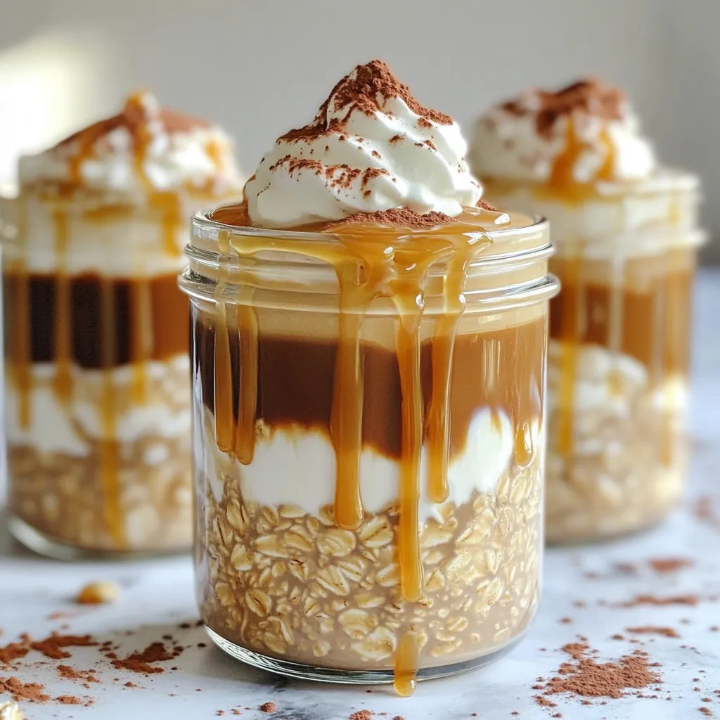 - 1 cup rolled oats - 1 cup almond milk or milk of choice - ½ cup cold brew coffee or brewed coffee - 2 tablespoons caramel sauce - 1 tablespoon chia seeds - 1 tablespoon maple syrup (optional) - ½ teaspoon vanilla extract - Pinch of salt To make Caramel Macchiato Overnight Oats, start with these main ingredients. Rolled oats are the base. They soak up flavors well. Almond milk or any milk you like adds creaminess. Cold brew coffee gives it that rich coffee taste. If you don’t have cold brew, brewed coffee works too. Chia seeds help the oats thicken and add fiber. The caramel sauce adds sweetness and that signature flavor. You can use maple syrup for extra sweetness if you want. A pinch of salt enhances all the flavors. - Fresh whipped cream - Extra caramel sauce for drizzling - Cocoa powder or instant coffee granules For toppings, fresh whipped cream makes it feel special. Drizzle more caramel sauce on top for a treat. You can also sprinkle cocoa powder or instant coffee for a fun twist. These toppings add flavor and make the dish look great. Each ingredient plays a role in making these overnight oats simple and delicious. You can mix and match based on what you have at home. Enjoy creating your perfect Caramel Macchiato Overnight Oats! To start, grab a mixing bowl. In it, combine: - 1 cup rolled oats - 1 cup almond milk - ½ cup cold brew coffee - 2 tablespoons caramel sauce - 1 tablespoon chia seeds - ½ teaspoon vanilla extract - Pinch of salt Mix all these items together well. Make sure every ingredient is fully blended. The caramel sauce will add a sweet touch that makes this recipe special. Next, divide the mixture into two jars or containers. Seal them tightly. Place the jars in the fridge overnight. This waiting time helps the oats absorb the liquid and become soft. You can also let them sit for at least four hours if you're in a hurry. In the morning, take the jars out of the fridge. Stir the oats well. If they feel too thick, add a splash of almond milk. This helps reach your desired texture. Now, it’s time to add your toppings. You can add a dollop of fresh whipped cream and drizzle some extra caramel sauce on top. Serve chilled and enjoy your tasty Caramel Macchiato Overnight Oats! Adjust the sweetness of your overnight oats with maple syrup. This natural sweetener adds a nice touch. If you want other options, consider honey or agave. Both can enhance the flavor without overpowering it. To get the creaminess just right, add extra milk. If the oats feel too thick in the morning, stir in a splash of almond milk. This will help achieve your desired texture. To avoid clumps, mix the oats and liquids well before refrigerating. A good stir ensures even soaking. Serve your oats in clear jars. This makes the layers visible and adds a fun touch. For garnishes, a sprinkle of cocoa powder or instant coffee granules can enhance the look. You can also drizzle more caramel sauce on top for extra flavor and flair. {{image_2}} You can easily change the taste of your Caramel Macchiato Overnight Oats. Here are two fun ideas: - Cocoa Powder: Add a tablespoon of cocoa powder. It gives a nice mocha twist to your oats. - Nut Butter: Mix in a spoonful of nut butter. This adds creaminess and depth to the flavor. If you want to try a different milk, here are good options: - Oat Milk: This has a creamy texture and a mild flavor. - Coconut Milk: This adds a tropical touch and richness. - Soy Milk: A great source of protein and works well in recipes. - For those who drink dairy, regular milk works fine too. Just remember that non-dairy options are often lower in calories and fat. You can change your oats with the seasons. Here are some ideas: - Fall: Try a caramel apple version. Just add chopped apples and cinnamon to your base. - Winter: Spice things up with nutmeg and a pinch of cinnamon. It gives a warm and cozy feel. These variations make your Caramel Macchiato Overnight Oats even more fun! To keep your leftover oats fresh, store them in airtight containers. This helps prevent moisture from getting in and keeps the oats tasty. For the best flavor and texture, eat them within three days. After that, the oats may lose some of their creaminess and flavor. You can enjoy your Caramel Macchiato Overnight Oats cold or warm. If you like them warm, here’s how to do it safely. Place your oats in a microwave-safe bowl. Heat them in short bursts, about 30 seconds at a time. Stir in between to ensure even heating. If you prefer them cold, just give them a quick stir and enjoy right from the fridge! Yes, you can use brewed coffee. Just cool it first. The flavor may be stronger. If you want a milder taste, use less coffee or add more milk. These oats stay fresh for up to three days. To keep the flavor, store them in airtight containers. Make sure to avoid warm areas in the fridge. Absolutely! Use plant-based milk like almond or oat milk. Replace the caramel sauce with a vegan version or use maple syrup. You can skip the whipped cream, too. Yes, you can make a batch for the week. Just multiply the recipe by how many servings you need. Store them in individual jars for easy grab-and-go options. Caramel macchiato overnight oats are simple and delicious. We covered the key ingredients, steps to prepare, and tips for customization. You learned how to store and serve these oats for the best taste. Remember, you can adjust sweetness and flavor to your liking. Think about trying seasonal variations for added fun. Enjoy your oats as a tasty breakfast or snack. These easy steps make it all possible. Dive in and create your own delicious version!
