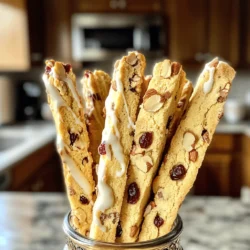- 2 cups all-purpose flour - 1 cup granulated sugar - 1 teaspoon baking powder - 1/2 teaspoon baking soda - 1/4 teaspoon salt - 1/2 cup unsalted butter - 2 large eggs - 1 teaspoon vanilla extract - 1 cup dried cranberries - 1 cup whole almonds, roughly chopped - 1 cup white chocolate chips If you want to make these biscotti gluten-free, you can use gluten-free flour mixes. They work well in most recipes. For sweeteners, try honey or maple syrup instead of granulated sugar. Just adjust the amount to taste. For flour, I suggest using King Arthur or Bob's Red Mill for quality. For white chocolate, Ghirardelli or Guittard are both excellent choices. They melt well and taste great in desserts. - Preheat your oven to 350°F (175°C). - Line a baking sheet with parchment paper to prevent sticking. - In a large bowl, whisk together: - 2 cups all-purpose flour - 1 cup granulated sugar - 1 teaspoon baking powder - 1/2 teaspoon baking soda - 1/4 teaspoon salt. - In another bowl, cream together: - 1/2 cup softened unsalted butter - 2 large eggs - 1 teaspoon vanilla extract. - Mix until the batter is smooth and fluffy. - Gradually add the wet mix to the dry mix. Stir until combined. The dough should feel thick. - Fold in: - 1 cup dried cranberries - 1 cup chopped almonds. - Divide the dough into two equal pieces. - Shape each piece into a log about 1 inch high and 12 inches long. - Place the logs on the prepared baking sheet, leaving space between them. - Bake for 25-30 minutes until golden and firm to the touch. - Remove from the oven and let cool for 10 minutes. - Carefully slice each log diagonally into 1/2-inch thick pieces. - Lay the slices cut side down on the baking sheet. - Return to the oven for another 10-15 minutes to dry and crisp them. - Once done, cool them completely on a wire rack. - Melt 1 cup of white chocolate chips in a bowl, using 30-second bursts in the microwave. Stir until smooth. - Drizzle the melted chocolate over the cooled biscotti and let it set. To get the right texture, you want a thick dough. Mix your dry ingredients well. This helps the baking powder and soda work properly. When you cream the butter and eggs, make sure it’s fluffy. This gives the biscotti a nice lift. After mixing, fold in the cranberries and almonds gently. Don’t overwork the dough; you want those chunks intact. For cutting, let the logs cool for a bit. This makes slicing easier. Use a serrated knife for clean cuts. Slice them about half an inch thick. This size helps them bake evenly. When baking the slices, keep an eye on them. You want them golden and crisp, not burnt. For drizzling, start with melted white chocolate. Melt it slowly in the microwave. Use 30-second bursts and stir until smooth. Transfer it to a piping bag or a small zip-top bag. Snip a tiny corner off the bag for even drizzling. Hold the bag above the biscotti and move back and forth. This creates a nice pattern. If you want to try other toppings, think about nuts or colored sprinkles. Chopped pistachios add a nice touch. You can even sprinkle a bit of sea salt on top for contrast. Biscotti pairs well with coffee or tea. Serve it with a warm drink for a cozy treat. You can also offer it with a scoop of ice cream for a fun dessert. For presentation, arrange the biscotti upright in a jar. This looks pretty and makes it easy to grab one. You can dust them with powdered sugar for extra flair. A simple touch like this makes a big difference. {{image_2}} You can change the flavor of your biscotti easily. Try adding different nuts or dried fruits. Pecans, walnuts, or hazelnuts work great. For dried fruits, consider apricots or raisins. These options add unique tastes and textures. You can also flavor the biscotti with spices or citrus. A little cinnamon or nutmeg can warm up the flavor. Zest from lemons or oranges brightens each bite. Experiment to find your favorite mix! When it comes to chocolate, you have choices. White chocolate is sweet and creamy. Dark chocolate gives a rich, bold taste. Each type can change the feel of your biscotti. You can even cover your biscotti with chocolate. Dip them halfway or drizzle over the top. This adds extra flavor and visual fun. Try mixing both dark and white chocolate for a tasty twist! If you're looking for vegan adaptations, you can swap some ingredients. Use plant-based butter instead of regular butter. Substitute eggs with flaxseed meal or chia seeds mixed with water. This keeps the texture and flavor you love. For nut-free options, simply replace almonds with seeds. Sunflower seeds or pumpkin seeds work well. Adjust the recipe to keep it nut-free while still being delightful. Enjoy your biscotti your way! To keep your cranberry almond biscotti fresh, store them in an airtight container. This helps maintain their crispness and flavor. You can use a glass jar or a plastic container with a snug lid. Make sure the biscotti are completely cool before sealing them. This prevents moisture from building up, which can make them soft. To freeze biscotti, first, let them cool completely. Then, place them in a single layer on a baking sheet. Freeze for a few hours until firm. After that, transfer them to a freezer-safe bag or container. Remove as much air as possible to prevent freezer burn. They can stay fresh for up to three months. To thaw, simply take them out and let them sit at room temperature for about 30 minutes. When stored at room temperature in an airtight container, biscotti lasts about two weeks. Look for signs of spoilage, like a soft texture or an off smell. If they lose their crunchiness, you can pop them back in the oven for a few minutes to crisp up again. Enjoy your tasty treats! To make biscotti crunchy, focus on these key factors: - Dough consistency: Ensure the dough is not too wet. A thicker dough helps create crunch. - Baking time: Bake the biscotti twice. The first bake firms them up. The second bake dries them out for that perfect crunch. - Cooling time: Let the biscotti cool completely on a wire rack. This allows them to crisp up as they cool. Yes, biscotti can be made ahead of time. Here are some best practices: - Storage: Store cooled biscotti in an airtight container. This keeps them fresh for about two weeks. - Freezing: You can freeze baked biscotti. Wrap them well in plastic wrap and place in a freezer bag. They can last for up to three months. - Thawing: To enjoy, thaw at room temperature. You can also warm them slightly in the oven for a fresh taste. Here are some tips for enjoyable serving and pairings: - Coffee or tea: Serve your biscotti with a cup of coffee or tea. They are perfect for dipping! - Presentation: Arrange biscotti upright in a pretty jar or on a platter. This adds a nice touch to your table. - Toppings: Dust with powdered sugar for a sweet finish or drizzle with extra melted white chocolate for a treat. This article guides you through making delicious biscotti. You learned about the key ingredients, helpful substitutes, and recommended brands. I shared step-by-step instructions for mixing and baking, plus tips for achieving the perfect texture. You can try various flavors and dietary options to fit your needs. Proper storage and freezing techniques ensure your biscotti stays fresh. With these insights, you can create a delightful treat that pairs well with coffee or tea. Now, you can confidently bake and enjoy this classic snack.