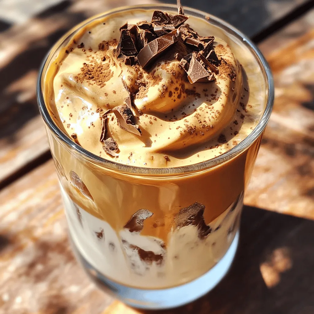 To make Mocha Dalgona Whipped Coffee, you need: - 2 tablespoons instant coffee - 2 tablespoons granulated sugar - 2 tablespoons hot water - 1 tablespoon cocoa powder - 1 cup milk (any type: dairy or plant-based) - Ice cubes (optional for iced coffee) These basic ingredients create a rich and creamy drink. The instant coffee gives your drink a strong flavor. Sugar adds sweetness, while cocoa powder brings a lovely chocolate taste. You can take your Mocha Dalgona to the next level with some fun toppings: - Chocolate shavings - Extra cocoa powder These garnishes add a nice touch and extra flavor to your drink. You can mix and match to find your favorite look and taste. You have many choices for milk. Here are some great options: - Whole milk - Almond milk - Oat milk - Soy milk Each type of milk gives a unique taste and texture. Whole milk makes it creamy, while plant-based milks can add different flavors. Choose what you enjoy best for your Mocha Dalgona experience! To start, gather your ingredients. You will need: - 2 tablespoons instant coffee - 2 tablespoons granulated sugar - 2 tablespoons hot water - 1 tablespoon cocoa powder In a medium mixing bowl, combine the instant coffee, sugar, hot water, and cocoa powder. This mix gives your coffee a rich mocha flavor. Now, take a hand mixer or a whisk. Beat the mixture on high speed. Do this for about 2 to 4 minutes. You want it to be frothy and thick, like whipped cream. This step is key for getting that light, airy texture. If you like iced coffee, fill a glass with ice cubes. Pour in the milk until the glass is three-quarters full. You can use any milk you prefer—dairy or plant-based works great. If you want hot coffee, gently heat the milk instead. Now, spoon the mocha whipped coffee mixture over the milk. It should float nicely on top! For a fun touch, you can gently mix it in with a spoon or straw. Enjoy the beautiful layers or stir them together for a creamy drink. Finally, sprinkle some chocolate shavings or cocoa powder on top for extra flair. To get the best whipped texture, use a hand mixer. Whisking by hand is fun but takes longer. Mix at high speed for 2-4 minutes. You want the mix to be thick and fluffy, like whipped cream. If it’s too runny, keep mixing. The key is patience and speed. A few common mistakes can ruin your mocha dalgona whipped coffee. First, don’t skip the cocoa powder. It adds rich flavor. Second, be careful with water temperature. Hot water is a must. If it's too cool, the mix won’t whip right. Lastly, don’t rush the mixing. Quality takes time. To make your life easier, use the right tools. A hand mixer is best for quick whipping. If you prefer a workout, grab a whisk. A medium mixing bowl helps combine everything well. Also, have a glass ready for serving. This will help you enjoy your coffee right away! {{image_2}} You can make your Mocha Dalgona Whipped Coffee even more fun by adding flavors. Try vanilla extract or almond extract for a unique twist. A dash of cinnamon can add warmth and spice. If you love mint, a few drops of peppermint extract can give your drink a festive touch. Each addition brings a new taste that can change your coffee experience. The milk you choose matters. You can use whole milk for a rich taste. Almond milk gives a nutty flavor, while oat milk is creamy and sweet. Coconut milk can add a tropical vibe to your drink. If you’re looking for low-calorie options, try unsweetened almond or soy milk. Each milk alters the flavor and texture, so feel free to experiment. You can serve your Mocha Dalgona whipped coffee either hot or iced. For iced coffee, fill a glass with ice cubes before adding your milk. Pour the whipped coffee on top for a cool treat. If you prefer it hot, gently heat the milk before pouring it into your cup. Whichever way you choose, the whipped coffee stays delicious and creamy. To store leftover whipped coffee, place it in an airtight container. This keeps it fresh and prevents it from absorbing odors. You can store it in the fridge for up to 3 days. When ready to use, give it a gentle stir before serving. Whipped coffee is best enjoyed fresh, but you can use it later. If you stored it cold, let it sit at room temperature for a few minutes. Then, re-whip it lightly with a whisk or mixer to regain its fluffy texture. You can also warm up your milk and spoon the whipped coffee on top for a cozy treat. To maintain the best taste and texture, follow these tips: - Use fresh ingredients for the coffee mix. - Avoid using hot milk with the whipped coffee mix, as it can lose its fluffiness. - Store it quickly after making to keep it fresh. - If you make a large batch, consider freezing small portions in ice cube trays for easy later use. Dalgona coffee is a whipped coffee drink that became popular online. It’s made by mixing equal parts of instant coffee, sugar, and hot water. You whip these ingredients until they become thick and frothy. Then, you spoon it over milk. The drink looks fancy and tastes sweet and strong. Dalgona coffee is fun because you can mix it in different ways. The creamy texture makes it special. No, you cannot use regular coffee for this recipe. Instant coffee dissolves quickly and gives that fluffy texture. Regular brewed coffee won’t whip up the same way. If you try it, you’ll end up with a watery drink instead of a creamy topping. Stick to instant coffee to get that perfect Dalgona effect. To make more servings, just multiply the ingredients. For each glass, use: - 2 tablespoons instant coffee - 2 tablespoons sugar - 2 tablespoons hot water - 1 tablespoon cocoa powder Mix these same amounts in a larger bowl. Beat the mixture until fluffy. Then, pour it over milk in each glass. You can scale it up for any number of servings. Enjoy sharing this treat with friends or family! In this post, I covered how to make Mocha Dalgona Whipped Coffee with essential ingredients, step-by-step instructions, and handy tips. I also shared variations to keep your drink exciting and storage tips to enjoy leftovers. Remember, the key to success is the right texture and flavor. Enjoy experimenting with different ingredients and methods. Your perfect cup of Mocha Dalgona Coffee is just a whisk away!