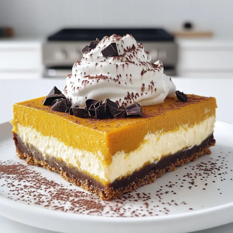 - 1 ½ cups graham cracker crumbs - ½ cup unsalted butter, melted - ¼ cup brown sugar - 1 teaspoon cinnamon - 16 oz cream cheese, softened - 1 cup canned pumpkin puree - 1 cup sugar - 2 large eggs - 1 tablespoon vanilla extract - 2 teaspoons pumpkin pie spice - 1 tablespoon brewed coffee, cooled - ½ teaspoon salt - ½ cup whipped cream - 1 teaspoon cocoa powder - Dark chocolate shavings (optional) The crust gives the bars a nice crunch. It uses graham cracker crumbs, melted butter, brown sugar, and cinnamon. This mix binds together and forms a great base. For the cheesecake filling, we use cream cheese and pumpkin puree. They create a rich and creamy texture. Sugar, eggs, vanilla, and pumpkin pie spice add sweetness and warmth. The brewed coffee brings out the pumpkin flavor. Finally, we top the bars with whipped cream for a fluffy finish. A sprinkle of cocoa powder adds a nice touch. Dark chocolate shavings are a fun option if you like a little extra chocolate. With these ingredients, you can create a tasty fall treat. - Preheat the oven to 350°F (175°C). - In a bowl, mix 1 ½ cups of graham cracker crumbs, ½ cup of melted butter, ¼ cup of brown sugar, and 1 teaspoon of cinnamon. - Press the mixture firmly into the base of a 9x9-inch baking pan. - In a large bowl, beat 16 oz of softened cream cheese until it is smooth. - Add 1 cup of canned pumpkin puree, 1 cup of sugar, 2 large eggs, 1 tablespoon of vanilla extract, 2 teaspoons of pumpkin pie spice, 1 tablespoon of cooled brewed coffee, and ½ teaspoon of salt. - Mix all the ingredients until you have a smooth filling. - Pour the creamy filling over the cooled crust. - Bake in the oven for 30-35 minutes. The edges should be set, and the center should jiggle slightly. - Let the bars cool completely in the pan on a wire rack. After that, refrigerate for at least 4 hours. Cooling and chilling are key for this dessert. After baking, let the bars cool completely in the pan. This helps the texture set well. I recommend chilling them in the fridge for at least four hours. If you can wait overnight, do it! The longer they chill, the creamier they become. When mixing the cheesecake filling, keep your mixer on low speed. This way, you avoid too much air in the batter. Air bubbles can make the bars too puffy and less smooth. If you need a gluten-free option, use gluten-free graham crackers for the crust. They work just as well and keep the yummy flavor. For a healthier choice, consider using alternative sweeteners like honey or maple syrup. Both will add a unique twist to the taste. These bars pair perfectly with a warm cup of coffee or tea. The spicy notes in the bars complement your drink well. You can also add toppings to enhance the flavor. Try a dollop of whipped cream, a sprinkle of cocoa powder, or dark chocolate shavings. Each adds a delightful touch to your dessert. {{image_2}} You can make your Pumpkin Latte Cheesecake Bars even more fun. Try adding a drizzle of chocolate or caramel on top. This will give a sweet touch that pairs well with the creamy filling. You can also sprinkle some nuts for a crunch. If you want to change the spices, consider adding nutmeg or ginger. These spices can bring new warmth to your bars. They add a cozy vibe that makes these treats perfect for fall. Need a vegan option? You can swap the cream cheese with a dairy-free cream cheese. There are many good brands available that taste great. For the eggs, use flaxseed meal or chia seeds mixed with water. This keeps your bars creamy and delicious without any animal products. You can also reduce sugar by using a natural sweetener like maple syrup. This keeps the bars sweet without the extra calories. Incorporating seasonal flavors can make your bars even more special. For fall, try adding bits of apple or pecans. These flavors blend well with pumpkin and add a nice texture. For winter, think about topping with peppermint or even eggnog flavors. You can sprinkle crushed peppermint candies on top for a festive touch. This keeps your dessert fresh and exciting throughout the year. To keep your leftover bars fresh, store them in the refrigerator. Place them in an airtight container. This keeps them moist and tasty. If you want to save them for longer, freezing is a great option. Wrap each bar in plastic wrap. Then, put them in a freezer-safe bag. They will stay good for up to three months in the freezer. In the fridge, these cheesecake bars last about five days. Always check for signs that they may have gone bad. If you see any mold or if they smell funny, it’s best to throw them out. Fresh bars should smell sweet and pumpkin-spiced. If you want to enjoy your chilled bars warm, there are easy ways to soften them. Let them sit at room temperature for about 15 minutes. This helps them become creamy again. When reheating, use the microwave. Heat them for just a few seconds, checking often. Avoid sogginess by not using high heat. Enjoy them warm or cold, both are delightful! These bars stay fresh for about five days in the refrigerator. Store them in an airtight container to keep them moist. If you notice any changes in smell or texture, it’s best to toss them out. Yes, you can make these bars a day or two ahead of your event. They taste even better after chilling overnight. Just make sure to cover them well to keep them fresh. This way, you can enjoy your time with guests instead of being stuck in the kitchen. If you don’t have pumpkin puree, you can use butternut squash puree or sweet potato puree. Both options add a rich, sweet flavor. Just ensure they are smooth and unsweetened for the best results. You can also combine these with a bit of cinnamon for extra spice. In this blog post, I shared how to make delicious Pumpkin Latte Cheesecake Bars. We covered all the ingredients for the crust, filling, and toppings. I explained each step for creating these tasty treats, along with tips for perfect texture and variations to try. Remember, cooling is key for the best outcome. Don’t hesitate to get creative with flavors or substitutes. Enjoy making these bars at home—they’re sure to impress!