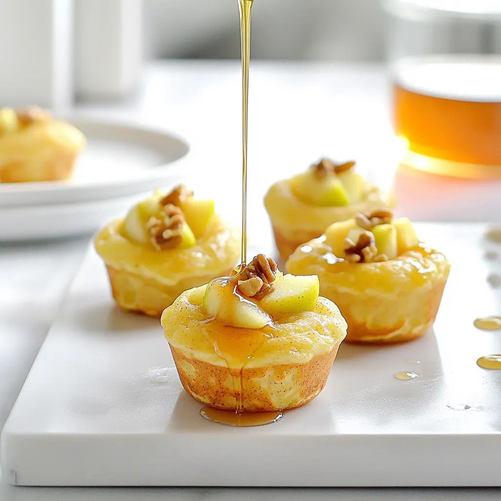 To make tasty apple cinnamon pancake bites, you need a few key items: - 1 cup all-purpose flour - 1 tablespoon baking powder - 1 tablespoon sugar - 1/2 teaspoon ground cinnamon - 1/4 teaspoon salt - 1 cup milk (dairy or non-dairy) - 1 large egg - 2 tablespoons melted butter (or coconut oil) - 1 medium apple, peeled and diced (preferably Granny Smith) These ingredients blend together to create a fluffy and flavorful base. The apples add sweetness and texture, making each bite delightful. You can take your pancake bites to the next level with these optional ingredients: - 1/4 cup chopped walnuts Adding walnuts gives a nice crunch and a nutty taste. If you want a bit more sweetness, you can serve them with maple syrup. It pairs perfectly with the apple and cinnamon. To make these pancake bites, you will need a few simple tools: - Mini muffin tin - Mixing bowls - Whisk - Spoon or cookie scoop Using a mini muffin tin helps create perfectly sized bites. Mixing bowls are essential for combining your ingredients. A whisk ensures that your dry and wet ingredients mix well. A spoon or cookie scoop makes filling the muffin cups easy and neat. Start by preheating your oven to 350°F (175°C). This helps the pancake bites cook evenly. While the oven heats, grab a mini muffin tin. Lightly grease each muffin cup so the bites pop out easily later. You can use butter or a non-stick spray. This step is key to making sure your pancake bites don’t stick. In a large mixing bowl, combine the dry ingredients. Add 1 cup of all-purpose flour, 1 tablespoon of baking powder, 1 tablespoon of sugar, 1/2 teaspoon of ground cinnamon, and 1/4 teaspoon of salt. Use a whisk to mix them well. Make sure there are no lumps. This ensures that every bite has the same great flavor. In another bowl, mix the wet ingredients. Pour in 1 cup of milk, crack in 1 large egg, and add 2 tablespoons of melted butter. Stir these until they blend well. Now, pour the wet mix into the dry ingredients. Gently stir until just combined. A few lumps are okay; don't overmix. Finally, fold in 1 medium apple, peeled and diced, and add 1/4 cup of chopped walnuts if you like. This adds a lovely crunch and flavor. For soft and fluffy pancake bites, do not overmix the batter. Mix until just combined. A few lumps help keep them light. Use fresh apples for the best flavor. Granny Smith apples add a nice tartness that balances the sweetness. Avoid using cold ingredients. Cold milk and eggs can make the batter heavy. Always use room temperature items for the best rise. Don’t skip greasing the muffin tin. This keeps the pancake bites from sticking. Fill each muffin cup about three-quarters full. This allows space for the bites to rise. Rotate the tin halfway through baking. This ensures even cooking and browning. Keep an eye on the time and do the toothpick test. If it comes out clean, your bites are ready! {{image_2}} You can switch up the apples for other fruits. Bananas add a nice sweetness. Blueberries make each bite burst with flavor. Peaches can give a juicy twist. Just remember, softer fruits may change the texture a bit. If you have allergies, there are easy swaps. Use gluten-free flour instead of regular flour. For dairy-free, choose almond milk or oat milk. If you can’t have eggs, a flax egg works well. Mix one tablespoon of flaxseed meal with three tablespoons of water. Let it sit for five minutes, then add it to your mix. I love adding more spices to my pancake bites. A pinch of nutmeg gives warmth. A splash of vanilla can brighten the flavor. You could even add a bit of pumpkin spice for a fun twist. Experimenting can lead to new favorites! To keep your pancake bites fresh, store them in an airtight container. This helps prevent them from drying out. Let them cool completely before placing them in the container. You can keep these bites at room temperature for up to two days. If you want them for longer, refrigeration is best. Reheating your pancake bites is easy. You can use the microwave or oven. For the microwave, heat them for about 20-30 seconds. Check if they are warm enough. If you use the oven, preheat it to 350°F (175°C). Place them on a baking sheet and heat for about 5-7 minutes. This keeps them soft and tasty. Freezing is a great way to save extra pancake bites. First, let them cool down. Then, place them in a single layer on a baking sheet. Freeze until firm, about an hour. Once frozen, transfer them to a freezer bag or container. Label it and store in the freezer for up to three months. When you want some, simply reheat them as mentioned above. You can tell the pancake bites are done when they turn golden brown. Insert a toothpick into the center of a bite. If it comes out clean, they are ready. For best results, keep an eye on them after 12 minutes in the oven. They bake for about 12 to 15 minutes total. Yes, you can prepare these pancake bites ahead of time. Make the batter and store it in the fridge overnight. Just remember to stir it gently before you bake. You can also bake them in advance and keep them in an airtight container. They stay fresh for a few days. These bites go great with maple syrup for drizzling. You can also add fresh fruit, like sliced bananas or berries. A dollop of yogurt makes a tasty side too. For a fun twist, try serving them with a sprinkle of powdered sugar or a scoop of ice cream for dessert. You now have a full guide to making delicious Apple Cinnamon Pancake Bites. We covered the key ingredients you need, both essential and optional, to make these bites pop. I shared easy step-by-step instructions and helpful tips to ensure perfect texture and even cooking. We also explored tasty variations and storage tips to keep them fresh. Now, get cooking and enjoy these tasty treats anytime!