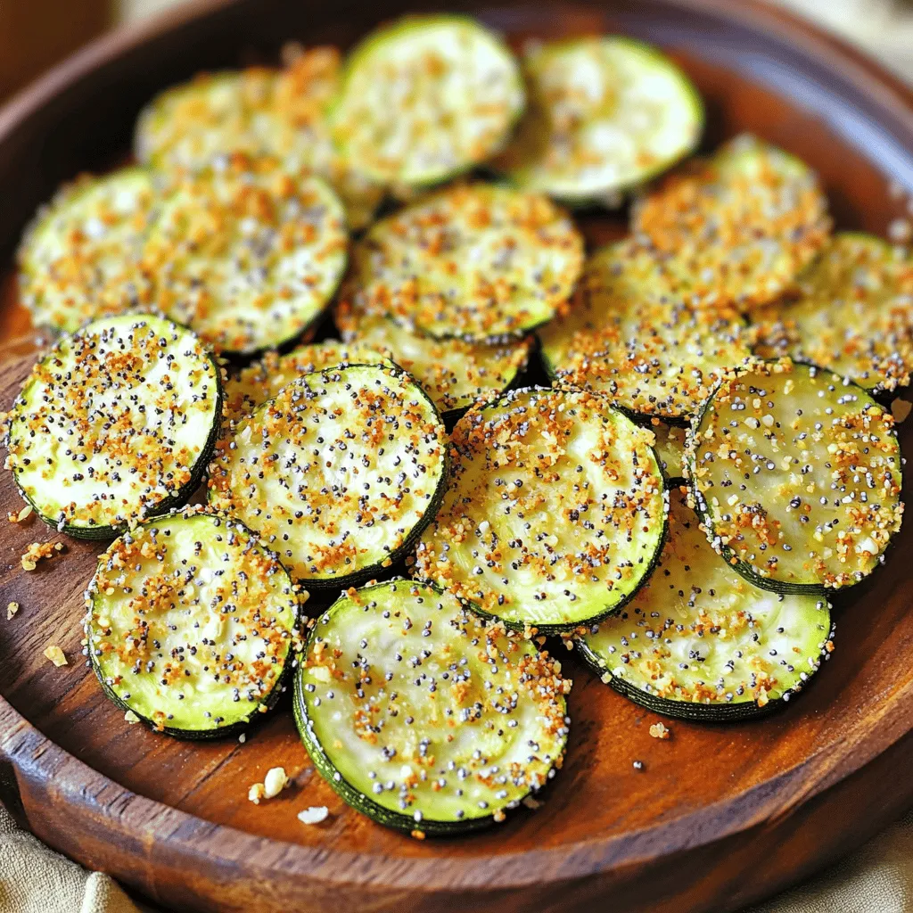 - 2 medium zucchinis - 2 tablespoons olive oil - 1 tablespoon everything bagel seasoning - 1 teaspoon garlic powder - 1/2 teaspoon onion powder - Salt to taste To make Air Fryer Everything Bagel Zucchini Chips, you need fresh ingredients. Start with two medium zucchinis. Make sure they are firm and free from spots. Olive oil adds flavor and helps the seasonings stick. You will need two tablespoons. For that beloved everything bagel taste, grab one tablespoon of everything bagel seasoning. Garlic powder packs a punch, so just one teaspoon will do. A half teaspoon of onion powder adds a nice touch. Finally, add salt to taste. These ingredients create a crispy snack that bursts with flavor. You can easily find them in your local grocery store. Make sure to gather everything before you start cooking. Having all your ingredients ready makes the process smooth and fun! - First, wash the zucchinis under cold water. - Cut off both ends of each zucchini. - Slice them into thin rounds, about 1/8 inch thick. This helps them cook evenly. - In a large mixing bowl, toss the zucchini slices with olive oil. Make sure each slice is well coated. - Sprinkle on the everything bagel seasoning, garlic powder, onion powder, and salt. - Toss the zucchini again to mix the spices evenly. - Preheat your air fryer to 375°F (190°C) for 3 to 5 minutes. - Place the zucchini chips in a single layer in the air fryer basket. Do not let them overlap. - Air fry the chips for 10 to 12 minutes. Shake the basket halfway through to ensure even cooking. - Check for doneness; they should be golden brown and crispy. To make crispy zucchini chips, slice them thin. Aim for about 1/8 inch thick. Thin slices cook more evenly and crisp up nicely. Use a sharp knife for clean cuts. A mandoline can help if you have one. Do not overcrowd the basket in the air fryer. If you pile them on top of each other, they will steam instead of crisp. Cook in batches if needed. This ensures hot air flows around each chip. You want them all golden and crunchy! You can boost the flavor with more spices. Try adding smoked paprika or Italian herbs. A pinch of cayenne can give it a kick if you like heat. These chips pair well with dips. Serve them with hummus or tzatziki for a fresh taste. You can also try a creamy ranch dressing. These dips add a fun twist to your crispy snack! {{image_2}} You can change the flavor of your zucchini chips easily. For a new twist, try an Italian herb blend. Mix dried basil, oregano, and thyme into your seasoning. This adds a tasty Mediterranean flair to your chips. You can also spice it up with chili powder. Just a pinch will give your chips a nice kick. Adjust the amount based on how spicy you like it. You don't have to stick with zucchini. You can use other veggies like carrots or sweet potatoes. Just slice them thin like the zucchini. This gives you different flavors and textures. If you want a lighter option, replace olive oil with spray oil. This cuts down on calories while still keeping your chips crispy. Just make sure the veggies are well-coated for the best results. To keep your leftover zucchini chips fresh, use an airtight container. This method helps maintain their crunch. Store them at room temperature for 2 to 3 days. For longer storage, consider placing them in the fridge, where they can last up to a week. Just note that refrigeration may soften the chips a bit. When you're ready to enjoy your chips again, the air fryer is your best friend. Preheat it to 350°F (175°C). Place the chips in the basket and heat for about 3 to 5 minutes. This will help them regain their crispiness. You can also use an oven if you prefer. Set it to 350°F (175°C) and spread the chips on a baking sheet. Heat for 5 to 7 minutes, checking often to avoid burning. Yes, you can use regular potatoes. They will give a different taste and texture. Slice them thin, like the zucchini. Use the same seasonings for a fun twist. Keep in mind that potatoes may take longer to cook than zucchini. These chips stay crispy for about 2-3 hours. They taste best when fresh. If you store them, use an airtight container. You can reheat them in the air fryer to regain some crispiness. Yes, you can bake zucchini chips in the oven. Preheat your oven to 425°F (220°C). Spread the zucchini on a baking sheet in a single layer. Bake for 20-25 minutes. Flip them halfway for even cooking. Keep an eye on them to avoid burning. This blog post shared a simple recipe for crispy zucchini chips using just a few ingredients. I walked you through the steps of preparing, seasoning, and air frying the zucchini. You learned useful tips for achieving perfect crunch and explored various flavor variations and storage methods. Remember, these chips can be customized easily to match your taste. Enjoy making this healthy snack, and feel free to experiment!