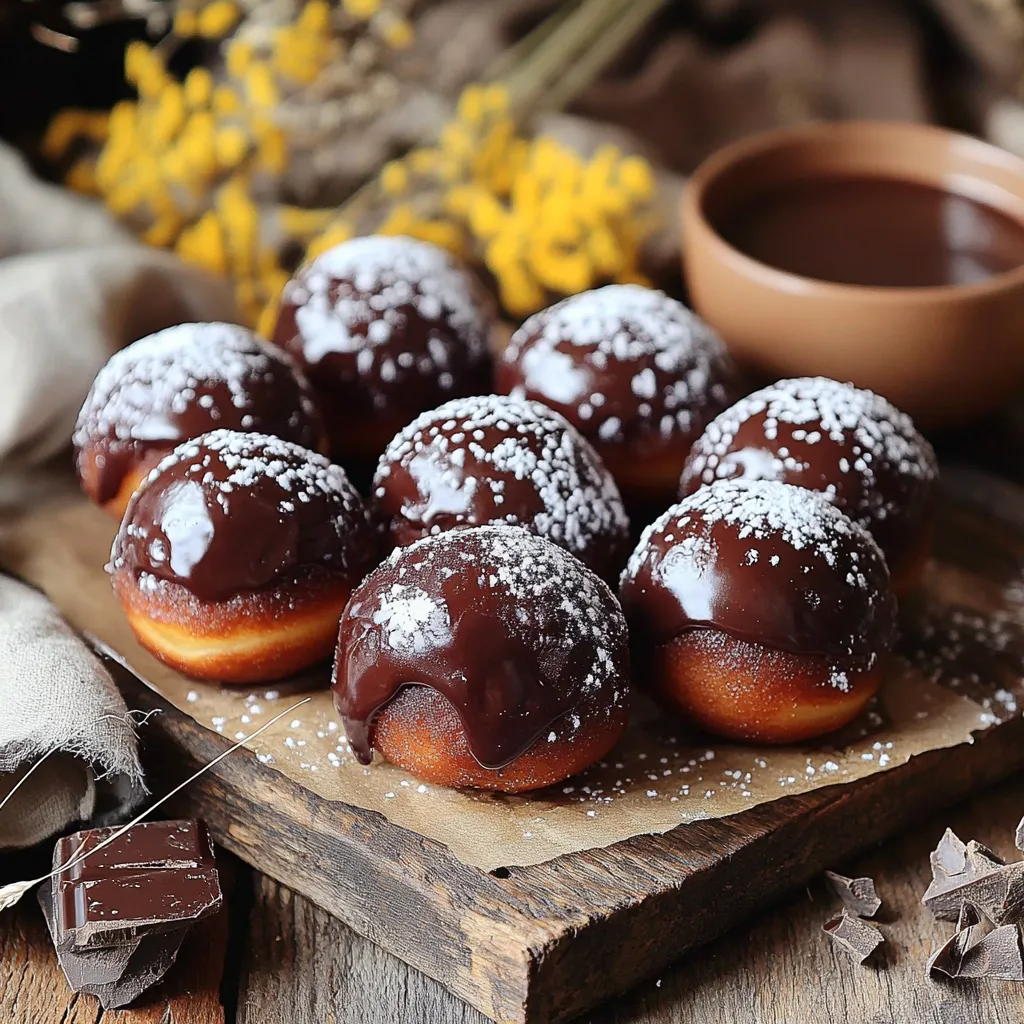 To make these tasty baked chocolate donut holes, gather these ingredients: - 1 cup all-purpose flour - 1/3 cup unsweetened cocoa powder - 1/2 cup granulated sugar - 1 tsp baking powder - 1/2 tsp baking soda - 1/4 tsp salt - 1/2 cup buttermilk (or milk with 1/2 tsp vinegar to sour) - 1/4 cup unsweetened applesauce - 1 large egg - 1 tsp vanilla extract - Optional: powdered sugar or chocolate glaze for coating These ingredients mix well to create moist and fluffy treats that everyone will enjoy. You can swap some ingredients if needed: - Use whole wheat flour for a healthier option. - Replace granulated sugar with coconut sugar or a sugar substitute. - For dairy-free, use almond milk or oat milk instead of buttermilk. - Applesauce can be replaced with mashed banana for a different flavor. - If you want to skip the egg, try using 1/4 cup of flaxseed meal mixed with water. These swaps keep the flavor while catering to different diets. Each serving, which is about one donut hole, provides: - Calories: 70 - Total Fat: 1.5g - Saturated Fat: 0g - Cholesterol: 20mg - Sodium: 45mg - Total Carbohydrates: 12g - Dietary Fiber: 0.5g - Sugars: 6g - Protein: 1g These donut holes are a delightful treat without too many calories! Enjoy them as a snack or dessert. First, set your oven to 350°F (175°C). This is the perfect temperature for baking. Next, grab a mini muffin tin or silicone donut hole molds. Grease the tin with cooking spray. This helps the donut holes pop out easily. In a large bowl, sift together these dry ingredients: - 1 cup all-purpose flour - 1/3 cup unsweetened cocoa powder - 1/2 cup granulated sugar - 1 tsp baking powder - 1/2 tsp baking soda - 1/4 tsp salt Mix them well. This step makes sure the flavors blend nicely. In another bowl, whisk these wet ingredients together until smooth: - 1/2 cup buttermilk (or milk with 1/2 tsp vinegar to sour) - 1/4 cup unsweetened applesauce - 1 large egg - 1 tsp vanilla extract Make sure there are no lumps. The buttermilk adds moisture and taste. Now, pour the wet mix into the dry mix. Stir gently until just combined. A few lumps are okay; don’t worry! Use a small cookie scoop or spoon to fill each muffin cavity about 2/3 full. This allows space for the donut holes to rise. Place the filled muffin tin in the oven. Bake for 10 to 12 minutes. Check if they are done by inserting a toothpick in the center. If it comes out clean, they are ready! Let the donut holes cool in the pan for about 5 minutes. Then, move them to a wire rack to cool completely. If you like, roll them in powdered sugar or dip in chocolate glaze for extra sweetness! To get the best texture in your donut holes, use fresh ingredients. Make sure your baking powder and baking soda are not expired. Sift the flour and cocoa powder together. This step adds air and lightness. Mix the dry ingredients well; this helps with even baking. When you add the wet mix, don’t overdo it. Stir just until you see no dry flour. A few lumps are okay. This keeps them soft and fluffy. Overmixing can make your donut holes tough. Once you add the wet ingredients, mix gently. Use a spatula and fold the batter. This technique keeps air in the mix. The air helps the donut holes rise well. Remember, lumps are fine! They will bake away, giving you a tender bite. Topping your donut holes can be fun! Here are some ideas: - Roll in powdered sugar for sweetness. - Dip in chocolate glaze for a rich taste. - Drizzle with caramel for a twist. - Sprinkle with nuts for crunch. - Add sprinkles for color and fun. Choose a topping that suits your mood or occasion. Each option adds its own flair to your baked chocolate donut holes. Enjoy your tasty creations! {{image_2}} If you want to make gluten-free baked chocolate donut holes, it is easy! You can swap the all-purpose flour for a gluten-free flour blend. Make sure the blend has xanthan gum for the best texture. You can often find these blends at your local grocery store. This simple change keeps your donut holes soft and tasty. To make these donut holes vegan, replace the egg with a flax egg. Mix 1 tablespoon of ground flaxseed with 2.5 tablespoons of water. Let it sit for about 5 minutes until it thickens. For buttermilk, use almond milk or soy milk with a bit of vinegar. These swaps keep the flavor rich while making it plant-based. Want to make your donut holes extra special? You can add chocolate chips or nuts to the batter. Mini chocolate chips work well and add bursts of chocolate. Nuts like walnuts or pecans add a nice crunch. Just fold them in gently before baking. You can also sprinkle cinnamon for a warm flavor twist. Each variation makes your baked chocolate donut holes unique and delightful! To keep your baked chocolate donut holes fresh, place them in an airtight container. They stay good for about three days at room temperature. If you want to keep them longer, refrigerate them. Just make sure to let them cool completely before storing. You can freeze these donut holes for up to three months. To freeze, place them in a single layer on a baking sheet. Freeze them for about one hour. Then, transfer them to a freezer-safe bag or container. This way, they won’t stick together. When you’re ready to eat them, let them thaw in the fridge overnight. To reheat your donut holes, preheat your oven to 350°F (175°C). Place the donut holes on a baking sheet for about 5-7 minutes. This warms them up without making them dry. If you prefer the microwave, heat them for about 15-20 seconds. Just be careful not to overheat, or they will get tough. Enjoy your tasty treat warm! Yes, you can use regular milk. To mimic buttermilk, add 1/2 teaspoon vinegar to the milk. This will give it a tangy taste similar to buttermilk. It helps make the donut holes fluffy and moist. You can make them healthier by using whole wheat flour instead of all-purpose flour. You can also reduce the sugar by a quarter. Another option is to replace the applesauce with mashed banana. This adds natural sweetness and fiber. If you don't want to use chocolate glaze, try a simple vanilla glaze. Mix powdered sugar with a bit of milk and vanilla extract. You can also roll the donut holes in cinnamon sugar for a fun twist. Baked chocolate donut holes last about 3 days at room temperature in an airtight container. If you refrigerate them, they can last up to a week. For longer storage, freeze them for up to three months. You learned how to make baked chocolate donut holes from scratch. We covered ingredients, substitutions, and nutrition. I shared step-by-step instructions for perfect baking. Tips helped you get the right texture and avoid mistakes. Variations showed ways to cater to dietary needs and tastes. Finally, storage info ensures your treats stay fresh. Remember, baking is fun, so try new flavors and toppings. Enjoy your baking journey!