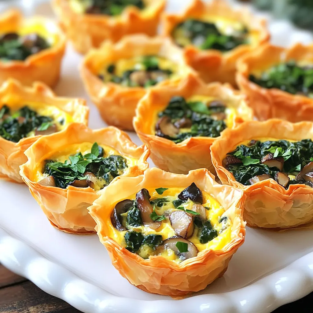- 1 cup fresh spinach, chopped - 1 cup mushrooms, diced (cremini or button) - 4 large eggs - 1/2 cup milk - 1/2 cup shredded cheese (cheddar or swiss) - 1/2 teaspoon garlic powder - 1/2 teaspoon onion powder - 1/4 teaspoon black pepper - 1/4 teaspoon salt - 1 package of pre-made phyllo pastry cups (about 15 cups) - Olive oil for sautéing - Fresh parsley for garnish (optional) To make these savory bites, start with fresh ingredients. Fresh spinach adds vibrant color and nutrients. Choose diced mushrooms, like cremini or button, for their rich flavor. You will need four large eggs to bind everything together. Milk adds creaminess for a smooth texture. For cheese, both cheddar and Swiss work well. They melt beautifully and enhance the flavor. Garlic and onion powder give the dish a nice savory kick. Don’t forget salt and black pepper to season the mix. You will also need phyllo pastry cups. These cups provide a nice, flaky base. Olive oil is essential for sautéing the veggies, helping to bring out their flavors. Finally, fresh parsley makes a lovely garnish, adding a pop of color. With these ingredients, you are set to create a delicious party snack that everyone will love. First, set your oven to 375°F (190°C). This step is key for even baking. Take a medium skillet and add a splash of olive oil. Heat it over medium heat. Once hot, toss in the diced mushrooms. Cook them until they soften and the moisture is gone, which takes about 4-5 minutes. Next, add the chopped spinach. Stir it until it wilts, about 2 minutes. After that, remove the skillet from heat and let the mixture cool slightly. Grab a mixing bowl and crack in the 4 large eggs. Pour in 1/2 cup of milk. Add the garlic powder, onion powder, black pepper, and salt. Whisk everything together until it is smooth and well combined. This egg mixture is the base of your quiche bites. Now, take the cooled spinach and mushroom mixture. Stir it into the egg mixture until well blended. Then, fold in 1/2 cup of shredded cheese. Cheddar or Swiss works great here. This adds a creamy, rich texture to your bites. Place about 15 phyllo pastry cups on a baking sheet. Carefully fill each cup with your spinach-mushroom-egg mixture, filling them about 3/4 full. This way, they have room to puff up while baking. Put the baking sheet in your preheated oven. Bake for 18-20 minutes. You want to see the egg set and the tops golden brown. The smell will be amazing! Once baked, take the quiche bites out of the oven. Let them cool for a couple of minutes. If you like, garnish with freshly chopped parsley for a pop of color and flavor. Serve them warm and enjoy your party snack! Sautéing vegetables is key for flavor. Start with a medium heat. Add a splash of olive oil. Use enough oil to coat the pan but not drown the veggies. Next, add the diced mushrooms first. Cook them for about 4-5 minutes. Wait until they soften and lose moisture. Then, add the spinach. Cook it just until it wilts, which takes about 2 minutes. This method keeps the veggies bright and tasty. To get a creamy texture in your quiche bites, whisk the eggs and milk well. Use four large eggs and half a cup of milk. This mix gives a rich base. Add garlic powder, onion powder, black pepper, and salt for flavor. Be sure to blend everything until smooth. The right mix helps the quiche bites puff up nicely when baking. Presentation makes your quiche bites shine. Serve them on a colorful platter. You can add a small bowl of sour cream or dip on the side. Fresh parsley adds a pop of color and flavor. You might even use different herbs for fun. Consider serving them warm for the best taste. To bake your quiche bites perfectly, preheat your oven to 375°F (190°C). Fill phyllo cups about 3/4 full. This gives them room to puff up. Bake them for 18-20 minutes. Watch for the tops to turn golden brown. Let them cool for a few minutes before serving. This waits helps the filling set for easy eating. {{image_2}} You can mix it up with different veggies. Try bell peppers, zucchini, or sun-dried tomatoes. These add fun colors and tastes. You can also use frozen spinach if fresh isn't available. Just make sure to thaw and drain it well. Not a fan of cheddar or Swiss? Use feta, goat cheese, or mozzarella. Each cheese gives a unique flavor. Feta adds a salty kick, while mozzarella makes it creamy. Experiment and find what you love best. Want some heat? Add red pepper flakes or diced jalapeños to the egg mix. Start with a small amount, taste, and adjust. This adds a nice spicy kick to your quiche bites. If you need a gluten-free version, use gluten-free pastry cups. Many brands offer these now. Check your local store. You can also make the quiche bites in mini muffin tins without any crust. Just pour the egg mixture directly into the tins and bake. To keep your quiche bites fresh, store them in an airtight container. Place a piece of parchment paper between layers to prevent sticking. They will last for up to three days in the fridge. Make sure to let them cool completely before sealing. To reheat the quiche bites, place them on a baking sheet. Preheat your oven to 350°F (175°C). Heat for about 10-12 minutes, or until they are warm throughout. This method keeps the outer crust crispy. Avoid using the microwave, as it can make the bites soggy. You can freeze quiche bites for longer storage. First, let them cool completely. Then, place them in a single layer on a baking sheet and freeze until firm. After that, transfer them to a freezer-safe bag. They can last up to two months. To reheat from frozen, bake at 350°F (175°C) for 15-20 minutes. Yes, you can make these quiche bites ahead of time. Prepare the filling and fill the phyllo cups. Then, cover them and store in the fridge for up to one day. When ready to serve, just bake them straight from the fridge. This saves time and keeps your party stress-free. You can mix it up with many fillings. Try adding cooked bacon, ham, or grilled peppers. You can also use different cheeses like feta or mozzarella. Feel free to experiment with herbs like basil or dill to boost flavor. No, phyllo cups aren't your only choice. You can use mini pastry shells or even tart shells. If you're feeling adventurous, make your own dough. Just ensure the cups are sturdy enough to hold the filling. These quiche bites are already vegetarian with spinach and mushrooms. To enhance them, add more veggies like bell peppers or zucchini. Just make sure to sauté the vegetables first. This keeps the filling moist and tasty. You learned how to make tasty quiche bites using fresh ingredients. We covered sautéing vegetables, whisking the eggs, and combining flavors in phyllo pastry cups. Tips for creaminess and perfect baking were shared, along with fun variations to try. In the end, these quiche bites are easy, versatile, and a great snack. You can adjust the recipe to fit your taste. Enjoy making and sharing them with family and friends!