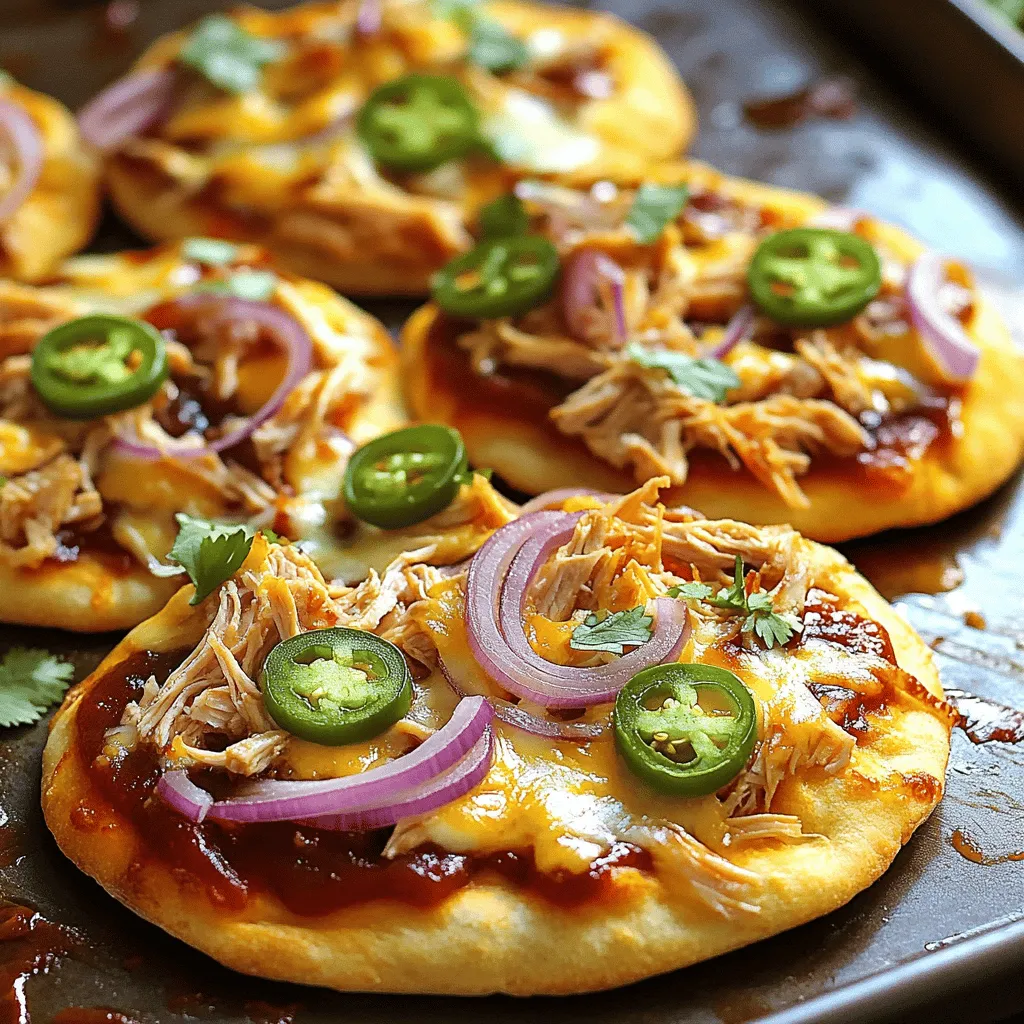 To make BBQ chicken flatbread pizza, you will need: - 2 flatbreads (store-bought or homemade) - 1 cup cooked chicken breast, shredded - 1/2 cup BBQ sauce - 1 cup shredded mozzarella cheese - 1/2 cup red onion, thinly sliced - Olive oil for brushing - Salt and pepper to taste These ingredients form the base of your delicious pizza. The flatbreads give a nice crunch, while the chicken and BBQ sauce add rich flavor. You can make this pizza your own by adding: - 1/2 cup fresh cilantro, chopped - 1/4 cup sliced jalapeños (optional, for spice) Adding cilantro gives a fresh taste. If you like heat, jalapeños are a great choice. Feel free to mix and match based on your taste! If you're missing something, here are some swaps you can try: - Use rotisserie chicken instead of cooked chicken breast. - Any cheese can work, like cheddar or pepper jack. - For a vegan option, try plant-based chicken and vegan cheese. These swaps keep the dish tasty and fun. Don't hesitate to get creative! 1. Preheat your oven to 425°F (220°C). This step makes sure your pizza cooks well. 2. In a medium bowl, mix the shredded chicken with 1/2 cup of BBQ sauce. Stir well so the chicken is fully coated. 3. Place the flatbreads on a baking sheet. You can use parchment paper to avoid sticking. 4. Brush each flatbread lightly with olive oil. This helps the crust get nice and crispy. 5. Spread the BBQ chicken mixture over the flatbreads. Leave a small edge around the sides for the crust. 6. Sprinkle the shredded mozzarella cheese on top of the chicken. Use enough to cover it well. 7. Add the red onion slices and jalapeños if you want some heat. Season with salt and pepper to taste. 8. Bake in the oven for 15-20 minutes. Watch for the cheese to get bubbly and golden brown. 9. Remove from the oven when done. The smell will be amazing! 10. Top with chopped cilantro for a fresh touch. It adds color and flavor. 11. Cut the flatbreads into slices. Serve them hot for the best taste. 12. You can pair this dish with a side salad or some fresh veggies. Enjoy your meal! To get a crispy flatbread, brush olive oil on each side. This helps it crisp up nicely in the oven. Bake at a high heat, like 425°F (220°C). The hot oven makes the flatbread cook fast. Keep an eye on it. You want it golden but not burned. Choose a BBQ sauce that fits your taste. If you like sweet, pick a sauce with honey or brown sugar. For tangy flavor, go for vinegar-based sauces. My favorite is a smoky sauce. It gives the chicken a nice depth. You can even mix two sauces for fun flavors! Don't forget to add salt and pepper to your pizza! They bring out the flavors. You can also sprinkle some garlic powder for extra taste. If you like heat, add more jalapeños. Fresh cilantro on top adds a fresh note. Always taste as you go to find your perfect balance! {{image_2}} You can make a tasty vegetarian BBQ flatbread pizza. Start with the same flatbreads. Instead of chicken, use 1 cup of black beans or roasted veggies. Sweet bell peppers, zucchini, and mushrooms work great. Mix these with your favorite BBQ sauce. Top with mozzarella cheese and bake as usual. You get a filling meal that even meat lovers will enjoy! For a spicy kick, I like to add jalapeños. Use 1/4 cup of sliced jalapeños as optional toppings. Mix them with the BBQ chicken. You can also use a spicy BBQ sauce instead of regular BBQ sauce. This adds heat and flavor. After baking your pizza, you can sprinkle red pepper flakes for extra spice. It's fun to challenge your taste buds! To make this pizza family-friendly, you can involve kids in the cooking process. Let them spread the BBQ sauce and top the flatbreads. They can pick their favorite toppings. You can also reduce the amount of onion if they don’t like it. Consider adding sweet corn or pineapple for a fun twist. This way, everyone gets a pizza they love, and you make great memories together. To keep your BBQ chicken flatbread pizza fresh, let it cool first. Place it in an airtight container. You can also wrap it in plastic wrap or aluminum foil. This helps keep moisture in and prevents it from getting dry. Store it in the fridge for up to three days. When you are ready to eat your leftovers, preheat your oven to 350°F (175°C). Place the flatbread on a baking sheet. Heat it for about 10-15 minutes or until hot and crispy. You can also use a microwave, but it may make the flatbread softer. If you want to save your pizza for later, freezing is a great option. Wrap the cooled flatbread tightly in plastic wrap. Then place it in a freezer bag or airtight container. It will stay good for about two months in the freezer. When you are ready to eat, thaw it in the fridge overnight before reheating. The best flatbread is one that is thick enough to hold toppings. I like to use naan or pita bread. They both have a nice texture and flavor. You can also use traditional pizza dough if you want a chewier base. Just remember to adjust the baking time if you use dough. Yes, you can prep it in advance. Mix the chicken and BBQ sauce ahead of time. You can also assemble the flatbreads and store them in the fridge. Just bake them when you are ready to eat. This makes it easy for weeknight meals or parties. To make this recipe gluten-free, choose gluten-free flatbread. Many stores sell gluten-free naan or pita. You can also make your own using gluten-free flour. Just ensure all other ingredients, like the BBQ sauce and cheese, are gluten-free too. Enjoy a delicious meal without gluten! BBQ chicken flatbread pizza is easy and fun to make. We covered the key ingredients, including substitutes and custom options. I shared simple steps for preparation and baking, plus tips for that perfect crispy crust. Remember, you can even switch things up with variations like spicy or vegetarian options. Store your leftovers right, and reheating is a breeze. Enjoy your delicious creation, and don’t hesitate to try new flavors or presentations! Your pizza nights will never be the same.
