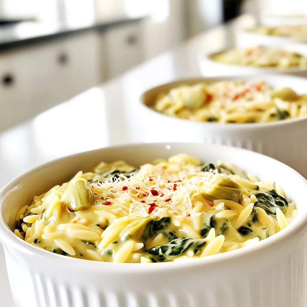 - 1 cup orzo pasta - 2 cups fresh spinach, chopped - 1 can (14 oz) artichoke hearts, drained and chopped - 1 cup cream cheese, softened - 1/2 cup Greek yogurt - 1 cup vegetable broth - 1 cup shredded mozzarella cheese - 1/4 cup grated Parmesan cheese - 2 tablespoons olive oil - 2 cloves garlic, minced - Salt and pepper to taste - Red pepper flakes (optional) for heat I often use Barilla or Ronzoni for orzo pasta. Both brands cook well and taste great. For cream cheese, Philadelphia is my go-to. It blends nicely with the other flavors. When looking for mozzarella, I prefer fresh mozzarella for a creamy texture. For Greek yogurt, Fage is a high-quality choice. It adds a nice tang while keeping the dish creamy. Choose a good vegetable broth for the best flavor. If you want a gluten-free option, use gluten-free orzo or another pasta type. You can swap cream cheese with a dairy-free cream cheese for a vegan choice. To lower fat, use low-fat Greek yogurt. If you are lactose intolerant, choose lactose-free cheese. For extra protein, add cooked chicken or chickpeas. If you dislike artichokes, you can leave them out or use mushrooms instead. These swaps keep the dish tasty, no matter your diet. 1. Start by heating 2 tablespoons of olive oil in a large pot over medium heat. 2. Add 2 cloves of minced garlic. Sauté for 1 minute until it smells great. 3. Next, stir in 1 cup of orzo pasta. Toast it for about 1 minute. 4. Pour in 1 cup of vegetable broth and bring it to a boil. 5. Lower the heat, cover the pot, and simmer for 7-10 minutes. Stir often to keep the orzo from sticking. 6. When the orzo is tender, reduce the heat to low. 7. Add 1 cup of softened cream cheese and 1/2 cup of Greek yogurt. Stir until it becomes creamy. 8. Now, fold in 2 cups of chopped spinach and 1 can of drained and chopped artichoke hearts. The spinach will wilt nicely. 9. Mix in 1 cup of shredded mozzarella cheese and 1/4 cup of grated Parmesan cheese. Stir until everything is blended well. 10. Season with salt, pepper, and optional red pepper flakes to taste. 11. Take the pot off the heat and let it sit for a few minutes before serving. To make this dish a success, focus on these key techniques: - Sautéing Garlic: This step builds flavor. Cooking garlic until fragrant brings out its natural sweetness. - Toasting Orzo: Toasting the orzo adds a nutty flavor. It creates a deeper taste in the final dish. - Stirring Often: Stir the orzo while it cooks. This keeps it from sticking to the pot and ensures even cooking. - Adding Cheese: Mix the cream cheese and Greek yogurt when the orzo is warm. This helps them melt smoothly into the dish. Look for these signs to know you're on the right track: - Garlic: It should be golden and fragrant, not burnt. - Orzo: When it's done, it should be soft but still hold its shape. - Creamy Sauce: The sauce should be thick and smooth when you add the cheeses. - Spinach: It should wilt but still have a vibrant green color. - Final Dish: Rich and creamy, with melted cheese mixed throughout. Serve it hot, and enjoy! When making creamy spinach artichoke orzo, avoid overcooking the pasta. If you cook it too long, it turns mushy. Stir the orzo often while it simmers. This keeps it from sticking to the pot. Do not skip the step of allowing the cream cheese to soften. If it is cold, it won’t mix well. Lastly, be careful with salt. The cheeses add salt, so taste before adding more. To boost the flavor, use fresh garlic. Fresh garlic adds a nice kick. You can also add lemon juice for brightness. A squeeze of lemon right before serving makes the dish pop. Try adding chopped herbs like basil or parsley for freshness. If you like spice, include more red pepper flakes. This adds warmth without being overwhelming. For this recipe, use a large pot to cook the orzo. A sturdy wooden spoon helps stir without scratching the pot. A good chef's knife makes chopping the spinach and artichokes easy. I recommend a cutting board for safety and ease. If you have it, a ladle can help serve the creamy orzo. Lastly, a grater is useful for the cheeses and any garnishes you plan to add. {{image_2}} You can easily make this dish vegan. Replace cream cheese and Greek yogurt with cashew cream or coconut yogurt. Use nutritional yeast instead of Parmesan for a cheesy flavor. You can also add extra veggies, like bell peppers or mushrooms. This adds color and nutrients while keeping it plant-based. To make this dish gluten-free, swap orzo pasta for gluten-free orzo or rice. Ensure your vegetable broth is gluten-free. The rest of the ingredients, like fresh spinach and artichokes, are naturally gluten-free. This way, everyone can enjoy a creamy, flavorful meal without worry. You can easily customize the flavors to your taste. For a spicy kick, add red pepper flakes or diced jalapeños. If you want a cheesier dish, increase the mozzarella and Parmesan. You can even mix in some cream cheese with herbs for extra depth. Try adding lemon zest for a fresh, bright taste. Each twist will make your creamy spinach artichoke orzo unique and exciting. Store your creamy spinach artichoke orzo in an airtight container. Let it cool down first. Place it in the fridge, where it will stay fresh for up to three days. If you need to use a glass container, make sure it is safe for hot food. This helps keep the flavors intact. To reheat, scoop out the amount you want. Place it in a microwave-safe bowl. Add a splash of broth or water to keep it moist. Cover the bowl with a damp paper towel. Heat for about one to two minutes on high. Stir halfway through for even heating. If you want to keep it longer, you can freeze it. Use a freezer-safe container. Portion out the orzo to make thawing easier. Leave some space at the top of the container. The orzo may expand when frozen. It can last up to three months in the freezer. When you're ready to eat, thaw it in the fridge overnight before reheating. Yes, you can use other pasta types. Try penne or rotini for a fun twist. These shapes hold sauce well, making every bite tasty. Just remember to adjust the cooking time based on the pasta you choose. Smaller shapes cook faster, while larger ones may take longer. Always taste as you go! To add heat, sprinkle in red pepper flakes. Start with a pinch and taste. You can always add more if you want extra spice. Another option is to use spicy cheese instead of regular mozzarella. You could also add chopped jalapeños for a fresh kick. Enjoy crafting your perfect heat level! This dish pairs well with a simple salad. A light green salad with lemon vinaigrette works great. You could also serve it with garlic bread for a fun crunch. Roasted vegetables make a healthy side, too. Feel free to mix and match sides based on your preferences! In this blog post, we covered key ingredients and substitutions for your recipe. I shared step-by-step cooking instructions, highlighting techniques and important visual cues. We explored tips to avoid common mistakes and enhance flavors. You also learned about variations, including vegan and gluten-free options. Lastly, I provided storage info and answered common questions. Embrace these insights to elevate your cooking game. Enjoy your delicious dish while impressing friends and family!