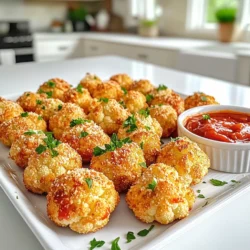 To make these tasty bites, gather these main ingredients: - 1 head of cauliflower, cut into bite-sized florets - 1 cup breadcrumbs (panko for extra crisp) - 1/2 cup grated Parmesan cheese - 1 teaspoon garlic powder - 1 teaspoon onion powder - 1 teaspoon dried Italian herbs (oregano, basil) - 1/2 teaspoon salt - 1/4 teaspoon black pepper - 2 large eggs - Olive oil spray These ingredients create a perfect blend of flavors and textures. You can enhance your cauliflower bites with some optional ingredients: - Red pepper flakes for heat - Lemon zest for brightness - Fresh herbs like parsley or basil for freshness These extras add a nice twist and can elevate your dish. You will need some basic tools and equipment: - Air fryer - Mixing bowls - Whisk - Baking sheet or plate for coating - Tongs or fork for handling the cauliflower Having these tools ready will make your cooking process smooth and easy. Start by gathering your ingredients. You need one head of cauliflower, cut into bite-sized florets. This makes it easy to coat and cook. Next, prepare your breadcrumb mix. In a large bowl, combine one cup of breadcrumbs, half a cup of grated Parmesan, one teaspoon of garlic powder, one teaspoon of onion powder, one teaspoon of dried Italian herbs, half a teaspoon of salt, and a quarter teaspoon of black pepper. Mix these well to ensure even flavor. Now, preheat your air fryer to 400°F (200°C). This takes about five minutes. While it heats, whisk two large eggs in a separate bowl until they are well combined. Dip each cauliflower floret into the egg mixture, allowing the extra egg to drip off. Next, roll the florets in the breadcrumb mixture. Make sure they are coated well; this helps them get crispy. Once coated, place the cauliflower bites in a single layer in the air fryer basket. Avoid overcrowding the basket for even cooking. Lightly spray the bites with olive oil spray for extra crispiness. Cook them in the air fryer for 12 to 15 minutes. Shake the basket halfway through to ensure they cook evenly. They should turn golden brown and crispy. When finished, remove the bites from the air fryer and let them cool for a few minutes before serving. To get an even crisp, make sure your florets are dry before coating. Excess moisture can make them soggy. Use panko breadcrumbs for extra crunch. Lightly spraying them with olive oil helps too. Remember to shake the basket during cooking. This keeps them from sticking and allows hot air to circulate. Enjoy these bites with marinara sauce for added flavor and a pop of color! To make the best crispy cauliflower bites, follow these tips: - Cut uniform florets: Keeping the pieces the same size helps them cook evenly. - Preheat your air fryer: Always preheat for 5 minutes at 400°F (200°C) for better results. - Don’t overcrowd the basket: Give each piece space to allow hot air to circulate. Avoid these common pitfalls for perfect bites: - Skipping the egg wash: The egg helps the breadcrumbs stick. Don’t skip it! - Too much coating: If you add too much breadcrumb mix, they may not crisp up. - Not shaking the basket: Shake halfway through cooking for even browning. You can boost the taste in simple ways: - Try different cheeses: Mix in sharp cheddar or a sprinkle of feta. - Add spices: Experiment with cayenne pepper for heat or smoked paprika for depth. - Fresh herbs: Top with parsley or basil after cooking for a fresh touch. {{image_2}} You can change the texture of your cauliflower bites by using different coatings. Instead of traditional breadcrumbs, try crushed cornflakes or ground almonds. Both add a nice crunch. For a healthier twist, use ground oats instead of breadcrumbs. This keeps the bites crispy while adding more fiber. Spice up your cauliflower bites with new flavors. Instead of Italian herbs, try taco seasoning for a fun twist. You can also use smoked paprika for a bit of smokiness. For a zesty kick, add lemon zest or cayenne pepper. Just a little can make a big difference. If you want a vegan version, replace the eggs with a flaxseed mixture. Mix one tablespoon of ground flaxseed with three tablespoons of water. Let it sit for a few minutes to thicken. Use gluten-free breadcrumbs if you need a gluten-free option. This way, everyone can enjoy these tasty bites without worry. To keep your leftover cauliflower bites fresh, place them in an airtight container. Make sure they cool down first. Store them in the fridge for up to three days. This way, they stay crispy and tasty for your next snack. When you're ready to enjoy the leftovers, simply reheat them in the air fryer. Set the air fryer to 350°F (175°C). Heat for about 5-7 minutes. This keeps them crispy. You can also use a regular oven. Just place them on a baking sheet and heat for the same amount of time. If you want to save them for later, freezing is a great option. Place the cooled cauliflower bites in a single layer on a baking sheet. Freeze for about an hour. Once frozen, transfer them to a freezer bag. They can last for up to three months. When you're ready to eat, cook from frozen in the air fryer for about 15-20 minutes. Enjoy your crispy treat anytime! Yes, you can bake these cauliflower bites in the oven. Preheat your oven to 425°F (220°C). Place the coated cauliflower on a baking sheet lined with parchment paper. Bake for about 20-25 minutes or until golden brown. Be sure to flip them halfway through for even cooking. To add some heat, mix in cayenne pepper or red pepper flakes with the breadcrumbs. You can also use spicy seasoning blends. Adjust the amount based on your spice preference. For an extra kick, serve with a spicy dipping sauce like sriracha mayo or hot sauce. Cauliflower bites go great with many dips. Try marinara sauce for a classic combo. Ranch dressing adds a creamy touch. For something different, use tzatziki or garlic aioli. Each sauce enhances the flavor of the crispy bites. In this blog post, we explored how to make crispy air fryer Parmesan cauliflower bites. We covered main ingredients, optional additions, and essential tools. I provided clear step-by-step instructions and valuable tips for the best results. We also discussed fun variations, storage options, and answered common questions. Enjoying tasty, healthier snacks can be simple. With this guide, you can impress friends and family. Remember, cooking is about having fun and trying new flavors. Happy air frying!