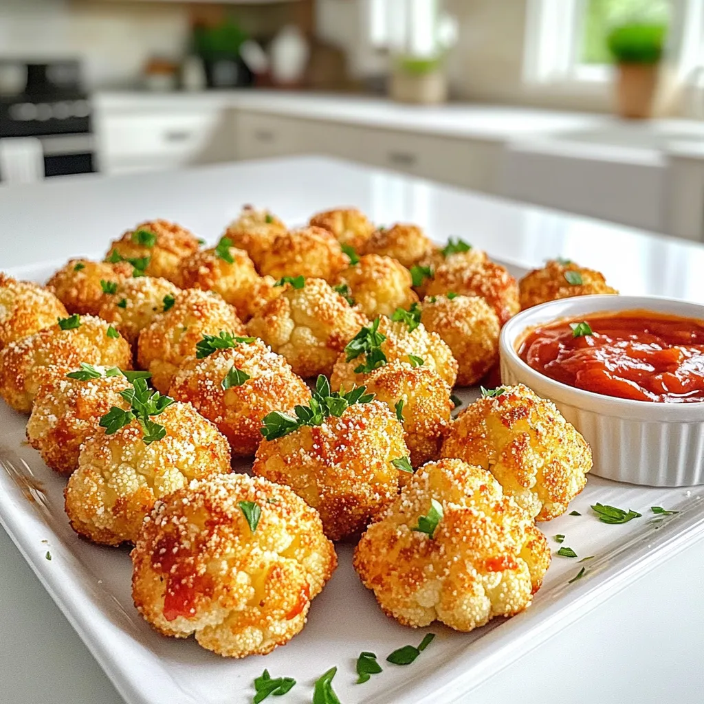 To make these tasty bites, gather these main ingredients: - 1 head of cauliflower, cut into bite-sized florets - 1 cup breadcrumbs (panko for extra crisp) - 1/2 cup grated Parmesan cheese - 1 teaspoon garlic powder - 1 teaspoon onion powder - 1 teaspoon dried Italian herbs (oregano, basil) - 1/2 teaspoon salt - 1/4 teaspoon black pepper - 2 large eggs - Olive oil spray These ingredients create a perfect blend of flavors and textures. You can enhance your cauliflower bites with some optional ingredients: - Red pepper flakes for heat - Lemon zest for brightness - Fresh herbs like parsley or basil for freshness These extras add a nice twist and can elevate your dish. You will need some basic tools and equipment: - Air fryer - Mixing bowls - Whisk - Baking sheet or plate for coating - Tongs or fork for handling the cauliflower Having these tools ready will make your cooking process smooth and easy. Start by gathering your ingredients. You need one head of cauliflower, cut into bite-sized florets. This makes it easy to coat and cook. Next, prepare your breadcrumb mix. In a large bowl, combine one cup of breadcrumbs, half a cup of grated Parmesan, one teaspoon of garlic powder, one teaspoon of onion powder, one teaspoon of dried Italian herbs, half a teaspoon of salt, and a quarter teaspoon of black pepper. Mix these well to ensure even flavor. Now, preheat your air fryer to 400°F (200°C). This takes about five minutes. While it heats, whisk two large eggs in a separate bowl until they are well combined. Dip each cauliflower floret into the egg mixture, allowing the extra egg to drip off. Next, roll the florets in the breadcrumb mixture. Make sure they are coated well; this helps them get crispy. Once coated, place the cauliflower bites in a single layer in the air fryer basket. Avoid overcrowding the basket for even cooking. Lightly spray the bites with olive oil spray for extra crispiness. Cook them in the air fryer for 12 to 15 minutes. Shake the basket halfway through to ensure they cook evenly. They should turn golden brown and crispy. When finished, remove the bites from the air fryer and let them cool for a few minutes before serving. To get an even crisp, make sure your florets are dry before coating. Excess moisture can make them soggy. Use panko breadcrumbs for extra crunch. Lightly spraying them with olive oil helps too. Remember to shake the basket during cooking. This keeps them from sticking and allows hot air to circulate. Enjoy these bites with marinara sauce for added flavor and a pop of color! To make the best crispy cauliflower bites, follow these tips: - Cut uniform florets: Keeping the pieces the same size helps them cook evenly. - Preheat your air fryer: Always preheat for 5 minutes at 400°F (200°C) for better results. - Don’t overcrowd the basket: Give each piece space to allow hot air to circulate. Avoid these common pitfalls for perfect bites: - Skipping the egg wash: The egg helps the breadcrumbs stick. Don’t skip it! - Too much coating: If you add too much breadcrumb mix, they may not crisp up. - Not shaking the basket: Shake halfway through cooking for even browning. You can boost the taste in simple ways: - Try different cheeses: Mix in sharp cheddar or a sprinkle of feta. - Add spices: Experiment with cayenne pepper for heat or smoked paprika for depth. - Fresh herbs: Top with parsley or basil after cooking for a fresh touch. {{image_2}} You can change the texture of your cauliflower bites by using different coatings. Instead of traditional breadcrumbs, try crushed cornflakes or ground almonds. Both add a nice crunch. For a healthier twist, use ground oats instead of breadcrumbs. This keeps the bites crispy while adding more fiber. Spice up your cauliflower bites with new flavors. Instead of Italian herbs, try taco seasoning for a fun twist. You can also use smoked paprika for a bit of smokiness. For a zesty kick, add lemon zest or cayenne pepper. Just a little can make a big difference. If you want a vegan version, replace the eggs with a flaxseed mixture. Mix one tablespoon of ground flaxseed with three tablespoons of water. Let it sit for a few minutes to thicken. Use gluten-free breadcrumbs if you need a gluten-free option. This way, everyone can enjoy these tasty bites without worry. To keep your leftover cauliflower bites fresh, place them in an airtight container. Make sure they cool down first. Store them in the fridge for up to three days. This way, they stay crispy and tasty for your next snack. When you're ready to enjoy the leftovers, simply reheat them in the air fryer. Set the air fryer to 350°F (175°C). Heat for about 5-7 minutes. This keeps them crispy. You can also use a regular oven. Just place them on a baking sheet and heat for the same amount of time. If you want to save them for later, freezing is a great option. Place the cooled cauliflower bites in a single layer on a baking sheet. Freeze for about an hour. Once frozen, transfer them to a freezer bag. They can last for up to three months. When you're ready to eat, cook from frozen in the air fryer for about 15-20 minutes. Enjoy your crispy treat anytime! Yes, you can bake these cauliflower bites in the oven. Preheat your oven to 425°F (220°C). Place the coated cauliflower on a baking sheet lined with parchment paper. Bake for about 20-25 minutes or until golden brown. Be sure to flip them halfway through for even cooking. To add some heat, mix in cayenne pepper or red pepper flakes with the breadcrumbs. You can also use spicy seasoning blends. Adjust the amount based on your spice preference. For an extra kick, serve with a spicy dipping sauce like sriracha mayo or hot sauce. Cauliflower bites go great with many dips. Try marinara sauce for a classic combo. Ranch dressing adds a creamy touch. For something different, use tzatziki or garlic aioli. Each sauce enhances the flavor of the crispy bites. In this blog post, we explored how to make crispy air fryer Parmesan cauliflower bites. We covered main ingredients, optional additions, and essential tools. I provided clear step-by-step instructions and valuable tips for the best results. We also discussed fun variations, storage options, and answered common questions. Enjoying tasty, healthier snacks can be simple. With this guide, you can impress friends and family. Remember, cooking is about having fun and trying new flavors. Happy air frying!
