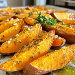 For this recipe, you need 4 medium sweet potatoes. Scrub them well to remove any dirt. Cut each sweet potato into wedges. Aim for even sizes to ensure they cook evenly. Sweet potatoes have natural sweetness and a creamy texture, making them perfect for roasting. You will need 4 tablespoons of olive oil. This oil adds flavor and helps the spices stick to the sweet potatoes. It also aids in achieving that nice crispy texture when roasted. Make sure to coat the sweet potatoes well for the best results. Gather the following seasonings: - 4 cloves garlic, minced - 2 teaspoons dried thyme - 2 teaspoons dried rosemary - 1 teaspoon paprika - Salt and pepper to taste - Fresh parsley for garnish The garlic gives a strong flavor, while thyme and rosemary add a nice herbal note. Paprika adds a touch of warmth and color. Salt and pepper balance the flavors. Finally, the chopped parsley acts as a bright and fresh topping. These seasonings elevate the sweet potatoes into a delightful dish. First, set your oven to 425°F (220°C). This heat will help the sweet potatoes get crispy. While it warms up, line a baking sheet with parchment paper. This will make cleanup easy after cooking. Take 4 medium sweet potatoes. Scrub them well to remove dirt. Cut each potato into wedges. Aim for even sizes so they cook at the same time. Place the wedges in a large mixing bowl. Pour 4 tablespoons of olive oil over the sweet potato wedges. Toss them gently to coat each piece. Next, add 4 cloves of minced garlic, 2 teaspoons of dried thyme, and 2 teaspoons of dried rosemary. Sprinkle in 1 teaspoon of paprika, along with salt and pepper to taste. Toss again until the wedges are well seasoned. This mix will give your sweet potatoes a great flavor! To get those sweet potato wedges crispy, follow these steps: - Cut the wedges evenly. This helps them cook at the same speed. - Use parchment paper on your baking sheet for easy release. - Don't crowd the wedges. Give them space to breathe. This allows hot air to circulate. - Flip the wedges halfway through cooking. This ensures both sides get nice and brown. Fresh herbs can take your sweet potato wedges to the next level. Try these tips: - Use fresh thyme or rosemary instead of dried. Their taste is stronger and brighter. - Add fresh parsley as a garnish. It brings freshness and color to your dish. - Mix in a bit of fresh garlic after roasting for an extra punch. If you want to switch up the oil, here are some great options: - Avocado oil is a healthy choice with a high smoke point. - Coconut oil adds a subtle sweetness and tropical flavor. - Grapeseed oil has a light taste and is great for high heat. Using different oils can change the flavor and health profile of your dish. {{image_2}} To make spicy garlic herb wedges, add red pepper flakes to your mix. Start with half a teaspoon and adjust to your taste. The heat enhances the garlic flavor. These wedges pair well with creamy dips like yogurt or sour cream. You can serve them as a fun appetizer for a gathering. For a cheesy twist, sprinkle grated Parmesan cheese over the wedges before roasting. The cheese melts and creates a nice crust. You may mix it with the herbs to coat the sweet potatoes better. This variation adds richness and a savory bite that elevates the dish. Try a sweet and savory glaze by mixing maple syrup with the olive oil. Use two tablespoons of maple syrup for a nice balance. Drizzle it over the wedges before baking. The glaze caramelizes and adds a lovely sweetness, making the wedges more appealing. It’s a delightful twist that surprises the taste buds. After making garlic herb roasted sweet potato wedges, let them cool. Place them in an airtight container. They stay fresh in the fridge for up to four days. Make sure to separate layers with parchment paper to avoid sticking. This keeps your wedges nice and crispy. When you're ready to enjoy your leftovers, preheat your oven to 400°F (200°C). Spread the sweet potato wedges in a single layer on a baking sheet. Heat them for about 10-15 minutes. Check for warmth and crispiness. You can also use an air fryer for quick reheating, which works great to restore their crunch. If you want to save some for later, freezing is a good choice. First, let the wedges cool completely. Place them in a freezer-safe bag or container. Try to remove as much air as possible. They can stay in the freezer for up to three months. When ready to eat, thaw them in the fridge overnight before reheating. Roast sweet potato wedges for 25-30 minutes at 425°F (220°C). You want them golden and crispy. Flip them halfway through for even cooking. This helps achieve a tender inside and a crunchy outside. Yes, you can use other herbs! Basil, oregano, or cilantro add great flavor. Experiment with your favorites. Fresh herbs also work well, but add them towards the end for the best taste. These wedges pair well with many dishes. Serve them with grilled chicken or fish for a balanced meal. They also work as a tasty side with a salad. Try them with a yogurt dip or a spicy sauce for extra flavor. Roasting sweet potato wedges at home is easy and fun. We covered key ingredients like sweet potatoes, olive oil, and herbs. You saw step-by-step instructions for preparing and seasoning them. I shared tips for crispiness and flavor. Plus, we explored tasty variations and smart storage methods. Now, you can enjoy delicious wedges anytime. With these tips, your cooking will shine. Happy roasting!