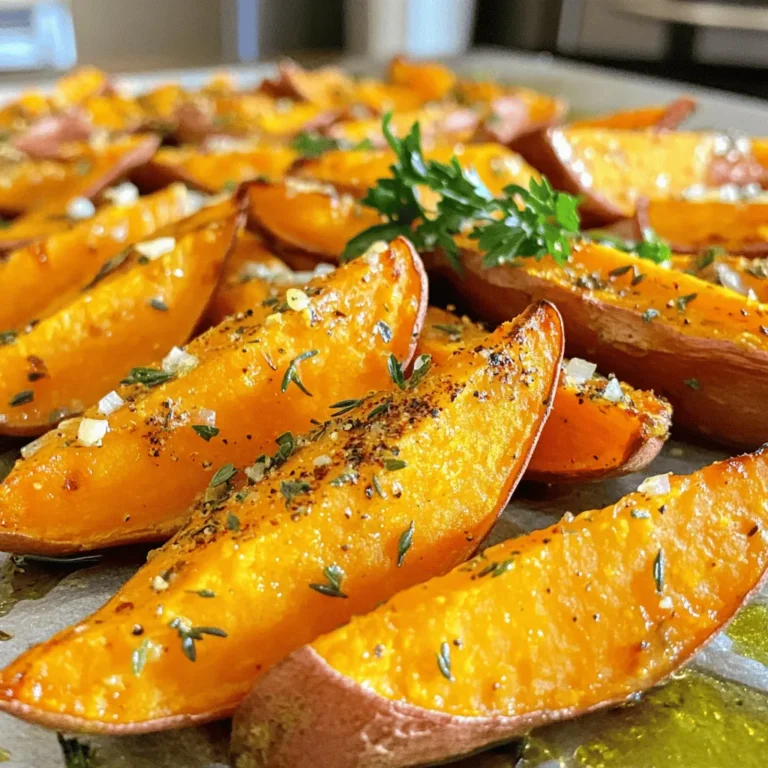For this recipe, you need 4 medium sweet potatoes. Scrub them well to remove any dirt. Cut each sweet potato into wedges. Aim for even sizes to ensure they cook evenly. Sweet potatoes have natural sweetness and a creamy texture, making them perfect for roasting. You will need 4 tablespoons of olive oil. This oil adds flavor and helps the spices stick to the sweet potatoes. It also aids in achieving that nice crispy texture when roasted. Make sure to coat the sweet potatoes well for the best results. Gather the following seasonings: - 4 cloves garlic, minced - 2 teaspoons dried thyme - 2 teaspoons dried rosemary - 1 teaspoon paprika - Salt and pepper to taste - Fresh parsley for garnish The garlic gives a strong flavor, while thyme and rosemary add a nice herbal note. Paprika adds a touch of warmth and color. Salt and pepper balance the flavors. Finally, the chopped parsley acts as a bright and fresh topping. These seasonings elevate the sweet potatoes into a delightful dish. First, set your oven to 425°F (220°C). This heat will help the sweet potatoes get crispy. While it warms up, line a baking sheet with parchment paper. This will make cleanup easy after cooking. Take 4 medium sweet potatoes. Scrub them well to remove dirt. Cut each potato into wedges. Aim for even sizes so they cook at the same time. Place the wedges in a large mixing bowl. Pour 4 tablespoons of olive oil over the sweet potato wedges. Toss them gently to coat each piece. Next, add 4 cloves of minced garlic, 2 teaspoons of dried thyme, and 2 teaspoons of dried rosemary. Sprinkle in 1 teaspoon of paprika, along with salt and pepper to taste. Toss again until the wedges are well seasoned. This mix will give your sweet potatoes a great flavor! To get those sweet potato wedges crispy, follow these steps: - Cut the wedges evenly. This helps them cook at the same speed. - Use parchment paper on your baking sheet for easy release. - Don't crowd the wedges. Give them space to breathe. This allows hot air to circulate. - Flip the wedges halfway through cooking. This ensures both sides get nice and brown. Fresh herbs can take your sweet potato wedges to the next level. Try these tips: - Use fresh thyme or rosemary instead of dried. Their taste is stronger and brighter. - Add fresh parsley as a garnish. It brings freshness and color to your dish. - Mix in a bit of fresh garlic after roasting for an extra punch. If you want to switch up the oil, here are some great options: - Avocado oil is a healthy choice with a high smoke point. - Coconut oil adds a subtle sweetness and tropical flavor. - Grapeseed oil has a light taste and is great for high heat. Using different oils can change the flavor and health profile of your dish. {{image_2}} To make spicy garlic herb wedges, add red pepper flakes to your mix. Start with half a teaspoon and adjust to your taste. The heat enhances the garlic flavor. These wedges pair well with creamy dips like yogurt or sour cream. You can serve them as a fun appetizer for a gathering. For a cheesy twist, sprinkle grated Parmesan cheese over the wedges before roasting. The cheese melts and creates a nice crust. You may mix it with the herbs to coat the sweet potatoes better. This variation adds richness and a savory bite that elevates the dish. Try a sweet and savory glaze by mixing maple syrup with the olive oil. Use two tablespoons of maple syrup for a nice balance. Drizzle it over the wedges before baking. The glaze caramelizes and adds a lovely sweetness, making the wedges more appealing. It’s a delightful twist that surprises the taste buds. After making garlic herb roasted sweet potato wedges, let them cool. Place them in an airtight container. They stay fresh in the fridge for up to four days. Make sure to separate layers with parchment paper to avoid sticking. This keeps your wedges nice and crispy. When you're ready to enjoy your leftovers, preheat your oven to 400°F (200°C). Spread the sweet potato wedges in a single layer on a baking sheet. Heat them for about 10-15 minutes. Check for warmth and crispiness. You can also use an air fryer for quick reheating, which works great to restore their crunch. If you want to save some for later, freezing is a good choice. First, let the wedges cool completely. Place them in a freezer-safe bag or container. Try to remove as much air as possible. They can stay in the freezer for up to three months. When ready to eat, thaw them in the fridge overnight before reheating. Roast sweet potato wedges for 25-30 minutes at 425°F (220°C). You want them golden and crispy. Flip them halfway through for even cooking. This helps achieve a tender inside and a crunchy outside. Yes, you can use other herbs! Basil, oregano, or cilantro add great flavor. Experiment with your favorites. Fresh herbs also work well, but add them towards the end for the best taste. These wedges pair well with many dishes. Serve them with grilled chicken or fish for a balanced meal. They also work as a tasty side with a salad. Try them with a yogurt dip or a spicy sauce for extra flavor. Roasting sweet potato wedges at home is easy and fun. We covered key ingredients like sweet potatoes, olive oil, and herbs. You saw step-by-step instructions for preparing and seasoning them. I shared tips for crispiness and flavor. Plus, we explored tasty variations and smart storage methods. Now, you can enjoy delicious wedges anytime. With these tips, your cooking will shine. Happy roasting!