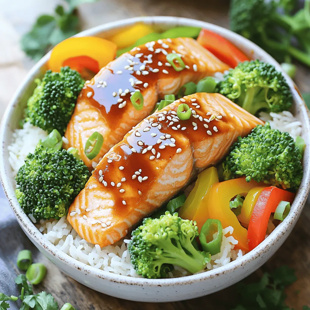 To make Instant Pot Teriyaki Salmon Rice Bowls, you'll need the following ingredients: - 2 salmon fillets (6 oz each) - 1 cup jasmine rice - 1 ½ cups water or low-sodium chicken broth - 1 cup broccoli florets - 1 bell pepper, sliced (red or yellow) - 3 green onions, chopped - 1 tablespoon sesame oil - ¼ cup low-sodium soy sauce - 2 tablespoons honey or maple syrup - 1 tablespoon rice vinegar - 1 teaspoon garlic, minced - 1 teaspoon ginger, minced - Sesame seeds for garnish - Salt and pepper to taste If you want to switch up some ingredients, you can try these: - Use brown rice instead of jasmine rice. Just adjust the water and cooking time. - Swap broccoli with snap peas or green beans for a different crunch. - You can replace salmon with chicken or tofu for a different protein option. - Maple syrup works well if you want a vegan option instead of honey. - Use tamari instead of soy sauce for a gluten-free choice. Each serving of these tasty rice bowls contains: - Calories: 450 - Protein: 32g - Carbohydrates: 50g - Fat: 15g - Fiber: 3g - Sugar: 6g This meal balances protein and carbs well. It can fit into many diets while tasting great. To start, grab a small bowl. In it, whisk together: - ¼ cup low-sodium soy sauce - 2 tablespoons honey or maple syrup - 1 tablespoon rice vinegar - 1 teaspoon minced garlic - 1 teaspoon minced ginger Mix these ingredients well. Set the sauce aside for later use. Rinse 1 cup of jasmine rice under cold water. Keep rinsing until the water runs clear. Add the rice to the Instant Pot. Pour in 1 ½ cups of water or low-sodium chicken broth. Close the lid and set the valve to sealing. Use the Rice setting. Once it’s done, perform a quick release and open the lid. While the rice cooks, turn the Instant Pot to sauté mode. Add 1 tablespoon of sesame oil. Toss in 1 cup of broccoli florets and 1 sliced bell pepper. Sauté for about 3-4 minutes. You want them tender but still crisp. Remove the vegetables and set them aside. Now, place 2 salmon fillets in the Instant Pot. Pour the teriyaki sauce over the salmon, covering them well. Close the lid and set the valve to sealing again. Select the Manual or Pressure Cook setting for 3 minutes. Once cooking is done, perform a quick release. Carefully open the lid and check if the salmon is flaky. Fluff the cooked rice and divide it into bowls. Place a salmon fillet on each bowl of rice. Add the sautéed vegetables around the salmon. Finally, sprinkle with chopped green onions and sesame seeds. If needed, add salt and pepper to taste. Enjoy your flavorful delight! Cooking salmon in an Instant Pot can be simple and quick. Here are some tips: - Choose fresh salmon fillets: Look for fillets that are bright and firm. - Use a light hand with seasoning: The teriyaki sauce adds a lot of flavor. You can skip extra salt. - Check for doneness: Salmon is done when it easily flakes with a fork. If it is too rare, you can cook it a bit longer in the pot. - Use a steamer rack: Place the salmon on a steamer rack to help it cook evenly and stay moist. Jasmine rice is fragrant and fluffy when cooked right. Here’s how: - Rinse the rice: Rinse the jasmine rice under cold water until the water runs clear. This removes excess starch. - Water ratio: Use 1 cup of rice to 1.5 cups of water or broth. This ratio gives you the best texture. - Use the Rice setting: The Instant Pot has a Rice setting that cooks the rice perfectly every time. - Fluff after cooking: Use a fork to fluff the rice after cooking. This keeps it light and airy. Balancing flavors makes your dish shine. Here are some tips: - Taste the sauce: Before pouring it over the salmon, taste the teriyaki sauce. Adjust sweetness or salt as needed. - Add fresh veggies: The bell pepper and broccoli add crunch and color. They also help balance the rich sauce. - Finish with garnishes: Green onions and sesame seeds add freshness and texture to the dish. Don’t skip them! Following these tips will help you create a delicious Instant Pot teriyaki salmon rice bowl. Enjoy your cooking! {{image_2}} You can swap salmon for other proteins. Chicken breast works well. It cooks quickly and absorbs flavors nicely. Tofu is a great choice for a plant-based meal. Use firm tofu, and marinate it in the teriyaki sauce. Shrimp also cooks fast and adds a sweet taste. Just adjust the cooking time to avoid overcooking. Feel free to mix up the veggies. Snap peas add a nice crunch. Carrots bring sweetness and color. You can try zucchini or asparagus for a fresh touch. Green beans are another good option. Use any vegetables you love or have on hand. Just sauté them until they are tender but still bright. Serve your teriyaki salmon rice bowls with a fresh salad. A simple cucumber salad pairs well. You might also enjoy pickled vegetables for extra flavor. If you're looking for more carbs, serve it with steamed dumplings. Miso soup is a warm side that fits nicely. Get creative and enjoy this dish your way! To keep your teriyaki salmon rice bowls fresh, store leftovers in airtight containers. Make sure to separate the salmon, rice, and veggies. This way, each part stays fresh longer. Place the containers in the fridge. They will stay good for up to three days. When you're ready to eat, reheat your salmon and rice bowls. Use the microwave for quick reheating. Heat for one minute, then stir. If it’s not warm enough, heat in 30-second bursts. You can also reheat on the stovetop. Add a splash of water to the pan to keep everything moist. If you want to save some bowls for later, freezing is a great option. Cool the salmon and rice completely before freezing. Use freezer-safe bags or containers. Label them with the date. They are best used within three months. When ready to eat, thaw in the fridge overnight. Reheat as mentioned before. Enjoy your meal later without losing the tasty flavors! You can use basmati rice or long-grain white rice. Both have a similar texture. Brown rice is another option, but it takes longer to cook. Adjust the water ratio if you switch to brown rice. Yes, you can use fresh salmon. Fresh salmon cooks faster, so reduce the cooking time to about 2 minutes. This helps keep it flaky and tender. You can store leftovers in the fridge for up to 3 days. Make sure to keep them in an airtight container. To enjoy them later, just reheat in the microwave or on the stove. This recipe is not gluten-free due to the soy sauce. However, you can use gluten-free soy sauce or tamari. This swap will make the whole dish safe for gluten-free diets. This blog post covered everything you need for teriyaki salmon rice bowls. We discussed key ingredients, cooking steps, and useful tips. You learned how to make sauce, cook rice, and sauté veggies. I shared ways to customize the dish and store leftovers. In conclusion, you can create a tasty meal with simple steps. Enjoy making this dish with your own twists!