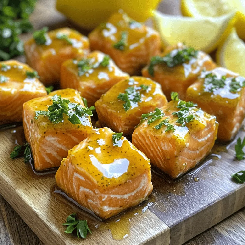- 1 lb salmon fillet - 3 tablespoons honey - 2 tablespoons Dijon mustard - 1 tablespoon whole grain mustard - 1 tablespoon olive oil - 1 tablespoon fresh lemon juice - 1 teaspoon garlic powder - Salt and pepper - Fresh parsley for garnish The main ingredients form the base of our honey mustard salmon bites. The salmon is the star, bringing a rich flavor. Honey and mustard create a sweet and tangy sauce that coats the fish. - Lemon wedges for serving - Additional herbs or spices Optional ingredients add fun twists to your dish. Lemon wedges give a fresh kick, while herbs can enhance the taste. You can adjust these to suit your liking. Choosing quality ingredients makes a difference. Fresh salmon, local honey, and good mustard elevate the dish. Using fresh parsley not only adds color but also freshness. With these ingredients, you can create a dish that impresses. Each bite brings a burst of flavor, making your meal memorable. Enjoy the process of mixing and matching! In a mixing bowl, combine the following items: - 3 tablespoons honey - 2 tablespoons Dijon mustard - 1 tablespoon whole grain mustard - 1 tablespoon olive oil - 1 tablespoon fresh lemon juice - 1 teaspoon garlic powder - Salt and pepper to taste Whisk these ingredients together. You want a smooth mix that brings sweet and tangy flavors. This marinade is the key to tasty salmon bites. Take 1 pound of skinless, boneless salmon fillet and cut it into bite-sized cubes. Add these salmon cubes to your honey mustard mixture. Toss the salmon gently until every piece is well coated. This step ensures that each bite bursts with flavor. Preheat your oven to 400°F (200°C). While it heats, line a baking sheet with parchment paper. This helps with easy cleanup. Place the coated salmon bites on the baking sheet in a single layer. Bake them for 12 to 15 minutes. They are done when they flake easily with a fork. This cooking method locks in moisture and flavor, giving you delicious bites every time. - Make sure to cut the salmon into even-sized pieces. This helps them cook evenly. - Avoid overcooking the salmon. Aim for a tender and flaky texture. - Serve the honey mustard salmon bites on a wooden cutting board or a stylish platter. This adds a nice touch to your meal. - Add lemon wedges for a fresh burst of flavor. Squeeze them on top just before eating for zest. - Pair the salmon bites with sides like steamed vegetables or fluffy rice. These sides complement the sweet and tangy flavors perfectly. - You can also serve them as an appetizer at a party. Everyone will love these tasty bites! {{image_2}} You can easily change the taste of honey mustard salmon bites. For a spicy kick, add sriracha or cayenne pepper. This will add heat and depth. If you prefer herbs, mix in fresh dill or thyme. Both options will give your bites a fresh twist. You can cook salmon bites in different ways. Grilling them gives a smoky flavor and nice grill marks. If you prefer baking, just follow the recipe. For extra crispiness, try pan-searing. Heat oil in a pan, add the salmon bites, and cook for a few minutes on each side. This method creates a golden crust. If you want a change from salmon, try chicken or tofu. Chicken can absorb flavors well and is great for a hearty meal. Tofu is perfect for a plant-based option. Simply follow the same marinade and cooking steps. You will enjoy different tastes while keeping the same delicious experience. To store leftover honey mustard salmon bites safely, place them in an airtight container. Make sure they cool down first. You can keep them in the fridge for up to three days. If you want to enjoy them later, this method works great. Just be sure to label the container with the date. You can freeze these salmon bites for longer storage. First, let them cool completely. Then, arrange the bites in a single layer on a baking sheet. Once frozen, transfer them to a freezer-safe bag or container. They will last for up to three months in the freezer. Remember to write the date on the bag for easy tracking. To reheat your salmon bites, the oven is your best friend. Preheat your oven to 350°F (175°C). Arrange the bites on a baking sheet and heat for about 10 minutes. This keeps them juicy and tasty. You can also use an air fryer for a quick option. Set it to 350°F (175°C) and heat for about 5 minutes. This method gives a nice crisp texture. Enjoy every bite! You can tell salmon is done by looking at its color. It should go from bright pink to a more opaque shade. When you gently poke it with a fork, it should flake easily. If the flesh separates without any effort, it is ready to eat. Cooking takes about 12-15 minutes at 400°F (200°C). Yes, you can make this recipe gluten-free. For the mustards, check labels to ensure they are gluten-free. Most Dijon and whole grain mustards are safe. Also, use gluten-free honey if needed. The other ingredients in this recipe are naturally gluten-free. Honey mustard salmon bites taste great with many sides. You can serve them with roasted vegetables like broccoli or asparagus. Rice or quinoa also makes a good match. A fresh salad with lemon dressing adds a nice touch too. Try to balance flavors for the best meal! In this blog post, I covered a delicious honey mustard salmon recipe. We explored main and optional ingredients, step-by-step cooking methods, tips for perfect results, and fun variations. I also shared storage methods and answered common questions. This dish is tasty and easy to make. You can adjust flavors and even use different proteins. Enjoy cooking and impress your friends and family with this meal!