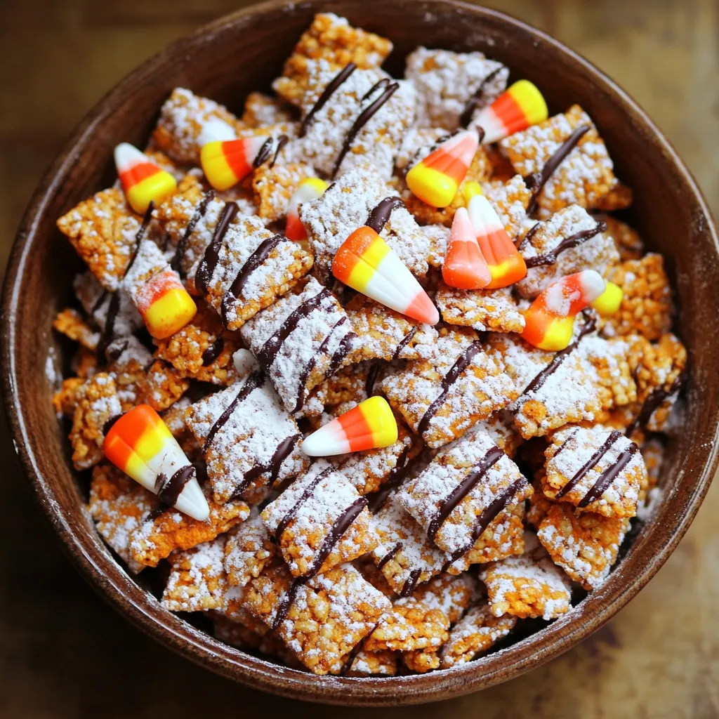 - 6 cups rice Chex cereal - 1 cup creamy peanut butter - 1 cup pure pumpkin puree - 1 teaspoon vanilla extract - 1 teaspoon pumpkin pie spice - 1 cup powdered sugar - 1 cup candy corn (for garnish) - 1/2 cup chocolate chips (for drizzling) The ingredients are simple and easy to find. Rice Chex cereal forms the base. It gives the puppy chow its crunch. Creamy peanut butter adds a rich taste and helps bind the mix. Pure pumpkin puree brings a fall flavor and moisture. Vanilla extract boosts the taste, while pumpkin pie spice adds warmth. For some extra sweetness, powdered sugar coats the puppy chow. Candy corn makes a cute garnish. You can also drizzle chocolate chips on top if you want. This adds a lovely touch of sweetness. You can mix and match these ingredients. Feel free to change the toppings based on your taste. The options are endless! - Measure and set aside 6 cups of rice Chex cereal. - Warm 1 cup of creamy peanut butter, 1 cup of pure pumpkin puree, 1 teaspoon of vanilla extract, and 1 teaspoon of pumpkin pie spice in a medium saucepan over low heat. Stir until the mixture is smooth and warm—this takes about 2-3 minutes. - Pour the warm peanut butter mixture over the rice Chex cereal and gently fold it in. Make sure every piece is coated, but be careful not to crush the cereal. - Transfer the coated cereal into a bowl with 1 cup of powdered sugar. Shake gently to coat the puppy chow completely. - Line a large baking sheet with parchment paper to cool the puppy chow. Spread it out evenly for the best results. - If you want an extra treat, melt 1/2 cup of chocolate chips in the microwave. Heat them in 30-second intervals, stirring until melted. Drizzle this chocolate over the cooled puppy chow. - For a festive look, sprinkle 1 cup of candy corn on top before serving. To make pumpkin spice puppy chow, mixing is key. Mix gently to keep the cereal whole. Use a spatula to fold the ingredients. This technique helps avoid crushing the rice Chex. For an even coat of powdered sugar, transfer small amounts of the mix. Place it in the bowl of sugar. Shake it gently. This method ensures every piece is coated. You want that sweet finish on each bite! Store puppy chow in an airtight container. This keeps it fresh longer. It stays good for about a week. If you want to make it ahead, this is a great tip. For substitutions, if you run out of pumpkin puree, use mashed sweet potato. It offers a similar flavor. You can also swap peanut butter for almond butter if desired. Both options work well! {{image_2}} You can change the flavor of pumpkin spice puppy chow easily. Try using different spices. Instead of pumpkin pie spice, use cinnamon or nutmeg. You can even mix in a bit of ginger for a nice kick. These spices can change the taste to match your mood. You can also swap nut butter types. If you want a different flavor, try almond butter or cashew butter. Both can add a unique twist to the puppy chow. Just remember to keep the same amount as peanut butter in the recipe. Make pumpkin spice puppy chow festive for holidays. For Halloween, add dark chocolate chips and orange sprinkles. This gives a fun look and a tasty treat. You can also use pumpkin-shaped candies for an extra touch. For Thanksgiving, consider adding cranberries or pecans. These ingredients give a seasonal feel. You can mix them in with the cereal before coating it. This makes your puppy chow not only tasty but also colorful. Feel free to experiment with these variations to create your own special treats! To keep your pumpkin spice puppy chow fresh, place it in an airtight container. This will stop air from getting in and ruining the taste. You can also use bowls with tight lids. Make sure to store the container in a cool, dry place. Avoid areas with heat or moisture, as these can spoil the treat faster. How long does it last? When stored properly, pumpkin spice puppy chow can last for about 1 to 2 weeks. You might notice it stays crunchy and tasty for the full two weeks. Signs of spoilage to watch for include a change in texture or a stale smell. If it feels soft or has an off odor, it's best to discard it. Enjoy your pumpkin spice puppy chow while it's fresh! Can I make pumpkin spice puppy chow ahead of time? Yes, you can make pumpkin spice puppy chow in advance. It stays fresh for up to a week when stored in an airtight container. This makes it a great treat for parties or snacks throughout the week. Just remember to keep it sealed well to maintain its crunch. What can I replace pumpkin puree with? If you don’t have pumpkin puree, you can use applesauce or mashed bananas. Both options add moisture and sweetness. However, the flavor will change. Pumpkin gives the special fall taste that makes this treat unique. Is it possible to make this recipe vegan or gluten-free? Yes, you can make this recipe vegan by using a plant-based peanut butter and ensuring that the rice Chex is gluten-free. For a nut-free version, try sunflower seed butter. Always check labels to confirm they meet your dietary needs. Best ways to present puppy chow I like to serve puppy chow in festive bowls or treat bags. Adding a decorative ribbon makes it special and fun. This adds a personal touch for parties or gifts. Pairing with drinks or other snacks Pumpkin spice puppy chow pairs well with apple cider or hot chocolate. You can also serve it with popcorn for a fun snack mix. This combo creates a cozy fall vibe that everyone will love! This blog post covered an easy and fun recipe for pumpkin spice puppy chow. We explored key ingredients like rice Chex, peanut butter, and pumpkin puree. You learned step-by-step how to prepare, coat, and finish this treat. Tips for storing and making it ahead will help you enjoy it longer. Don't forget to experiment with flavors and festive touches. This treat is perfect for any season. Enjoy your cooking and share the joy with friends!
