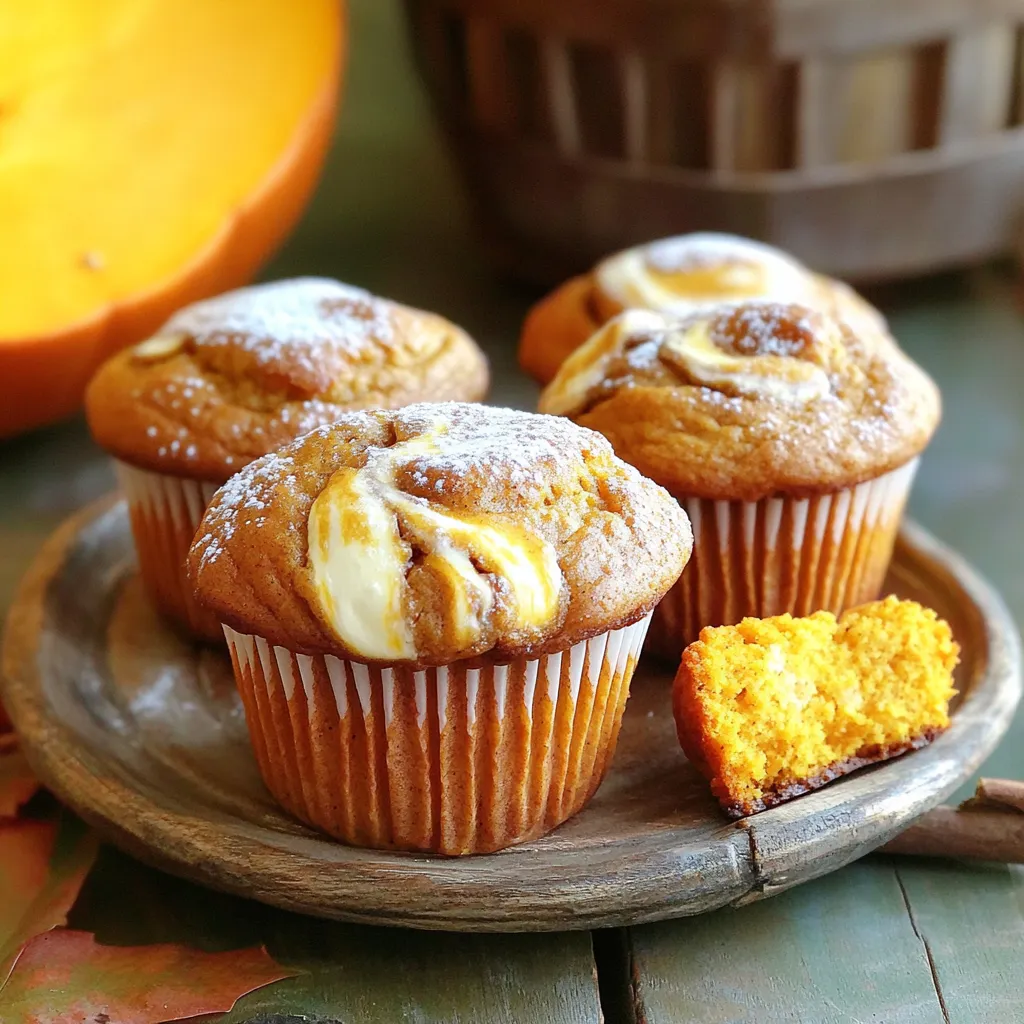 - 1 ½ cups all-purpose flour - 1 teaspoon baking powder - 1 teaspoon baking soda - 1 teaspoon ground cinnamon - ½ teaspoon ground nutmeg - ¼ teaspoon ground ginger - ½ teaspoon salt - 1 cup granulated sugar - ½ cup vegetable oil - 2 large eggs - 1 cup canned pumpkin puree - 1 teaspoon vanilla extract - 8 oz cream cheese, softened - ½ cup powdered sugar - 1 egg yolk These ingredients create a rich and tasty muffin. The pumpkin gives it a nice texture and flavor. The spices add warmth, making them perfect for fall. You can use canned pumpkin for ease, or fresh pumpkin if you prefer. Just remember to cook and puree the fresh pumpkin first! The cream cheese mixture adds a lovely swirl of sweetness. It balances the pumpkin and makes each bite special. This recipe is simple but gives great results. You can find most of these ingredients in your kitchen. If you cook often, you may have them all already. When you mix these ingredients, you will see a beautiful blend of colors and textures. The flour and sugar create a soft base. The eggs and pumpkin make it moist and fluffy. The cream cheese adds a creamy twist that everyone loves. This is why these muffins are an irresistible treat! 1. Preheat the oven to 350°F (175°C). Line a muffin tin with paper liners. 2. Mix dry ingredients: In a bowl, whisk together 1 ½ cups all-purpose flour, 1 teaspoon baking powder, 1 teaspoon baking soda, 1 teaspoon ground cinnamon, ½ teaspoon ground nutmeg, ¼ teaspoon ground ginger, and ½ teaspoon salt. Ensure they blend well for even flavor. 3. Combine wet ingredients: In a large bowl, mix 1 cup granulated sugar and ½ cup vegetable oil. Add 2 large eggs one at a time, stirring well after each. Mix in 1 cup canned pumpkin puree and 1 teaspoon vanilla extract until smooth. 1. Incorporate dry ingredients: Gradually add the dry mix to the wet ingredients. Stir until just combined. Be careful not to overmix; small lumps are okay. 2. Consistency checks: The batter should be thick but pourable. If it seems too thick, add a splash of water or milk for easier handling. 1. Mixing cream cheese ingredients: In a small bowl, beat together 8 oz softened cream cheese, ½ cup powdered sugar, and 1 egg yolk until smooth and creamy. Aim for a consistent texture. 2. Combining swirl with pumpkin batter: Set the cream cheese mixture aside for now. You will use it to create the swirl in your muffins. 1. Filling muffin cups: Use a muffin scoop to fill each cup halfway with pumpkin batter. This helps create an even base. 2. Swirling cream cheese mixture: Add a tablespoon of the cream cheese mixture on top of the pumpkin batter in each cup. Then, add more pumpkin batter to fill the cups about ¾ full. 3. Baking time and testing for doneness: Use a toothpick or knife to gently swirl the cream cheese into the pumpkin batter for a marbled effect. Bake for 18-20 minutes. Check for doneness by inserting a toothpick in the center. It should come out clean. Enjoy the process of making these muffins. The smell of pumpkin and spices fills the kitchen and gets everyone excited! - Avoiding overmixing: Mix until just combined. Overmixing makes muffins dense. - Ensuring fluffy muffins: Use room temperature eggs and oil. This helps create a light texture. - Serving ideas with garnishes: Dust muffins with powdered sugar or sprinkle cinnamon on top. You can also add a slice of fresh pumpkin for color. - Using decorative plates: A pretty plate makes the muffins look more inviting. Choose one that complements the warm hues of pumpkin. - Tips for creating beautiful swirls: Use a toothpick or knife to gently mix the cream cheese into the batter. Don’t overdo it; you want pretty swirls, not a solid color. - Adjusting swirl size for personal preference: If you want more cream cheese flavor, add more to each muffin. For less, use a smaller spoonful. {{image_2}} You can easily switch up the spices in this recipe. Try using allspice or cardamom for a unique twist. You might also want to add a hint of clove. These spices can bring out a warm flavor in your muffins. Adding chocolate chips is another fun idea. Dark or semi-sweet chips pair well with pumpkin. If you love nuts, walnuts or pecans add a nice crunch. Chop them roughly before mixing them in. This will give your muffins a delightful texture. If you need gluten-free muffins, swap the all-purpose flour for a gluten-free blend. Make sure it contains xanthan gum for the best rise. You can also use almond flour for a nutty taste. For a vegan version, replace the eggs with flax eggs. Mix one tablespoon of ground flaxseed with three tablespoons of water. Let it sit for a few minutes until it thickens. Use a plant-based cream cheese substitute for the swirl. This way, everyone can enjoy these tasty treats! Store leftover muffins at room temperature for up to three days. Keep them in an airtight container. This helps them stay soft and moist. If you want to keep them longer, store them in the fridge. Place them in a sealed bag or container. They can last up to a week in the fridge. You can freeze these muffins for later use. First, let them cool completely. Then, wrap each muffin in plastic wrap. Place them in a freezer-safe bag or container. They will stay fresh for up to three months in the freezer. To thaw, take them out and leave at room temperature. If you want them warm, heat them in a microwave for about 15 seconds. You can also reheat them in the oven at 350°F (175°C) for 5 to 10 minutes. Enjoy these yummy treats anytime! Yes, you can use fresh pumpkin. First, you need to cook it. Cut the pumpkin, remove seeds, and roast it until soft. Then, scoop out the flesh and blend it until smooth. This gives a fresh taste but may require more water to adjust the batter. To make these muffins healthier, consider these swaps: - Use whole wheat flour instead of all-purpose flour. - Replace granulated sugar with honey or maple syrup. - Use applesauce for part of the oil to cut fat. - Add nuts or seeds for extra fiber and protein. If you want to swap out cream cheese, try these: - Greek yogurt offers a tangy flavor and creamy texture. - Silken tofu can be blended for a dairy-free option. - Mascarpone cheese is a rich alternative with a similar taste. These muffins stay fresh for about 2-3 days at room temperature. Store them in an airtight container. If you refrigerate them, they can last up to a week. Yes! You can make mini muffins. Just adjust the baking time. Bake them for about 10-12 minutes. Keep an eye on them. Use a toothpick to check for doneness. This article covered how to make delicious pumpkin muffins with cream cheese swirl. We discussed ingredients, step-by-step instructions, and helpful tips for baking. You learned about flavor variations and storage methods to keep your muffins fresh. For extra fun, you can even try mini versions! Remember, baking is all about creativity and experimenting. Enjoy making your muffins and sharing them with others. Happy baking!