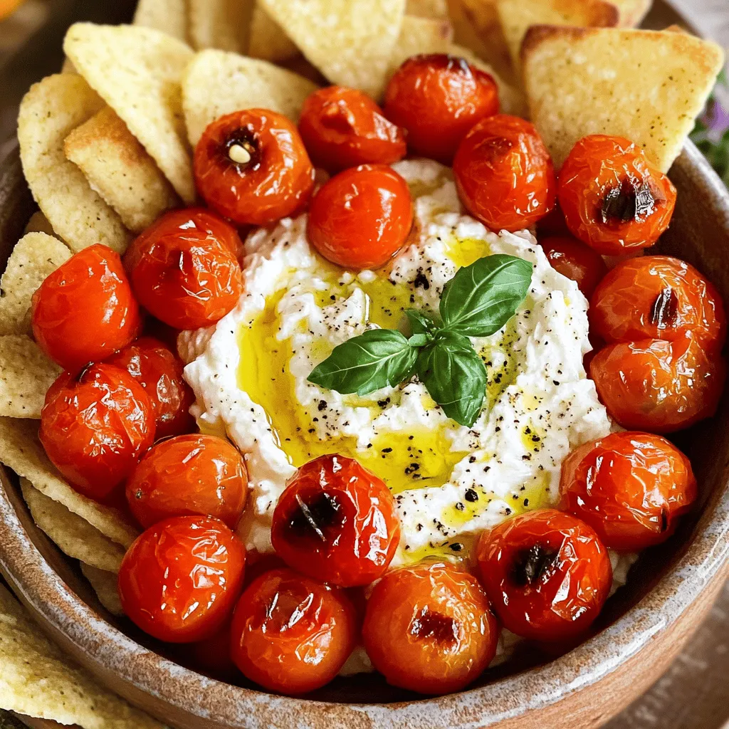 To make a tasty Roasted Tomato Basil Goat Cheese Dip, you need: - 2 cups cherry tomatoes, halved - 1 tablespoon olive oil - Salt and pepper to taste - 1 teaspoon balsamic vinegar (optional) - 1 cup fresh basil leaves, chopped - 8 oz goat cheese, softened - 1 tablespoon fresh lemon juice - 1 clove garlic, minced - ¼ teaspoon red pepper flakes (optional) Each ingredient plays a key role in the flavor and texture of the dip. The cherry tomatoes bring sweetness and acidity. Olive oil adds richness, while salt and pepper enhance the taste. Balsamic vinegar adds a nice depth, but it's optional. Fresh basil gives a bright, herbal note that pairs well with the cheese. The goat cheese provides creaminess and tang. Fresh lemon juice brightens the dip, while garlic and red pepper flakes add a hint of spice. Feel free to adjust these ingredients based on your taste. You can add more garlic or use less red pepper if you prefer a milder dip. This dip is easy to make and perfect for any gathering. You can serve it warm, at room temperature, or chilled. Enjoy experimenting with the ingredients to find your favorite balance! First, preheat your oven to 400°F (200°C). This step is key for roasting. Next, take 2 cups of cherry tomatoes and cut them in half. Place them in a baking dish. Drizzle 1 tablespoon of olive oil over the tomatoes. Add salt and pepper to taste. If you like, add 1 teaspoon of balsamic vinegar for a sweet twist. Toss everything gently to coat. Now, roast the tomatoes in the oven for about 20-25 minutes. They should be soft and caramelized. Make sure to stir the tomatoes halfway through. This helps them cook evenly and develop great flavor. While the tomatoes roast, get a mixing bowl. Add 8 oz of softened goat cheese. Then, mix in 1 cup of chopped fresh basil, 1 tablespoon of fresh lemon juice, and 1 clove of minced garlic. Add ¼ teaspoon of red pepper flakes if you want a little heat. Stir until it is creamy and smooth. Once the tomatoes cool for a few minutes, fold them into the cheese mix. Don’t forget to include all the yummy juices! Finally, transfer the dip to a serving bowl. You can enjoy it warm, at room temp, or chilled. To make your dip shine, adjust the seasonings. You can add more salt or pepper for a bolder taste. A bit of balsamic vinegar can also enhance sweetness. Don't forget that fresh ingredients are key. Use ripe tomatoes and fragrant basil for the best flavor. Fresh goat cheese adds creaminess that makes your dip special. You can serve this dip warm, at room temperature, or chilled. Warm dip gives a cozy feel. Room temperature is great for gatherings. Chilled dip is refreshing on hot days. Choose what fits your mood or occasion. Garnishing makes your dip look amazing. Use whole roasted tomatoes on top and a sprig of basil for color. Serve it with an array of pita chips, toasted baguette slices, or crunchy veggie sticks. This mix adds texture and fun. A beautiful presentation makes everyone want to dig in! {{image_2}} You can switch out the cheese for others like feta or cream cheese. Each cheese gives a new flavor. Try adding fresh herbs like parsley or chives instead of basil. You can also play with tomato types. Use sun-dried tomatoes for a richer taste or grape tomatoes for sweetness. Want to spice it up? Add a pinch of cumin or smoked paprika. Both give a warm taste. For more veggies, consider adding roasted bell peppers or spinach. If you like creaminess, blend in some sour cream or Greek yogurt. These options make the dip even richer. Need a gluten-free dip? It's easy! Serve it with veggie sticks or gluten-free chips. To make it dairy-free, try using cashew cheese or a nut-based cream. These substitutes keep the dip creamy and delicious, making it perfect for everyone. To keep your Roasted Tomato Basil Goat Cheese Dip fresh, use an airtight container. Glass containers work great, as they do not absorb odors. Before sealing, let the dip cool to room temperature. This prevents moisture buildup inside the container. Your dip can last in the fridge for about 3 to 5 days. Make sure to store it right after it cools. If you want to freeze it, use a freezer-safe container. It can last in the freezer for up to 3 months. When you’re ready to eat, just thaw it in the fridge overnight. To reheat the dip, use a microwave or an oven. If using a microwave, heat it in short bursts, stirring in between. This helps keep the texture smooth. If you prefer the oven, set it to 350°F (175°C). Place the dip in an oven-safe dish and cover it with foil. Heat it for 15-20 minutes. Enjoy your dip warm, and it will taste even better! Yes, you can make this dip ahead of time. Prepare the dip and store it in the fridge. Cover it well to keep it fresh. The flavors will blend nicely overnight. Just give it a good stir before serving. If you prefer, roast the tomatoes ahead too. This dip pairs well with many tasty options. Here are some ideas: - Pita chips - Toasted baguette slices - Fresh vegetable sticks like carrots or celery - Crackers - Grilled bread These choices add crunch and flavor. They also make your dip look great on the table. Yes, there are vegan alternatives to goat cheese. You can use a creamy vegan cheese. Look for cashew or almond cheese spreads. They give a similar texture and taste. You can also try silken tofu blended with herbs. This way, you can enjoy the dip without dairy. This article covered how to make a Roasted Tomato Basil Goat Cheese Dip. We looked at the ingredients, from ripe cherry tomatoes to creamy goat cheese. I shared step-by-step instructions for prep and roasting. Tips for enhancing flavor and serving were included too. Remember, fresh ingredients make a big difference. Enjoy the dip warm or chilled, and feel free to get creative with variations. With proper storage, this dip stays fresh for up to a week. Now, you're ready to impress at your next gathering!