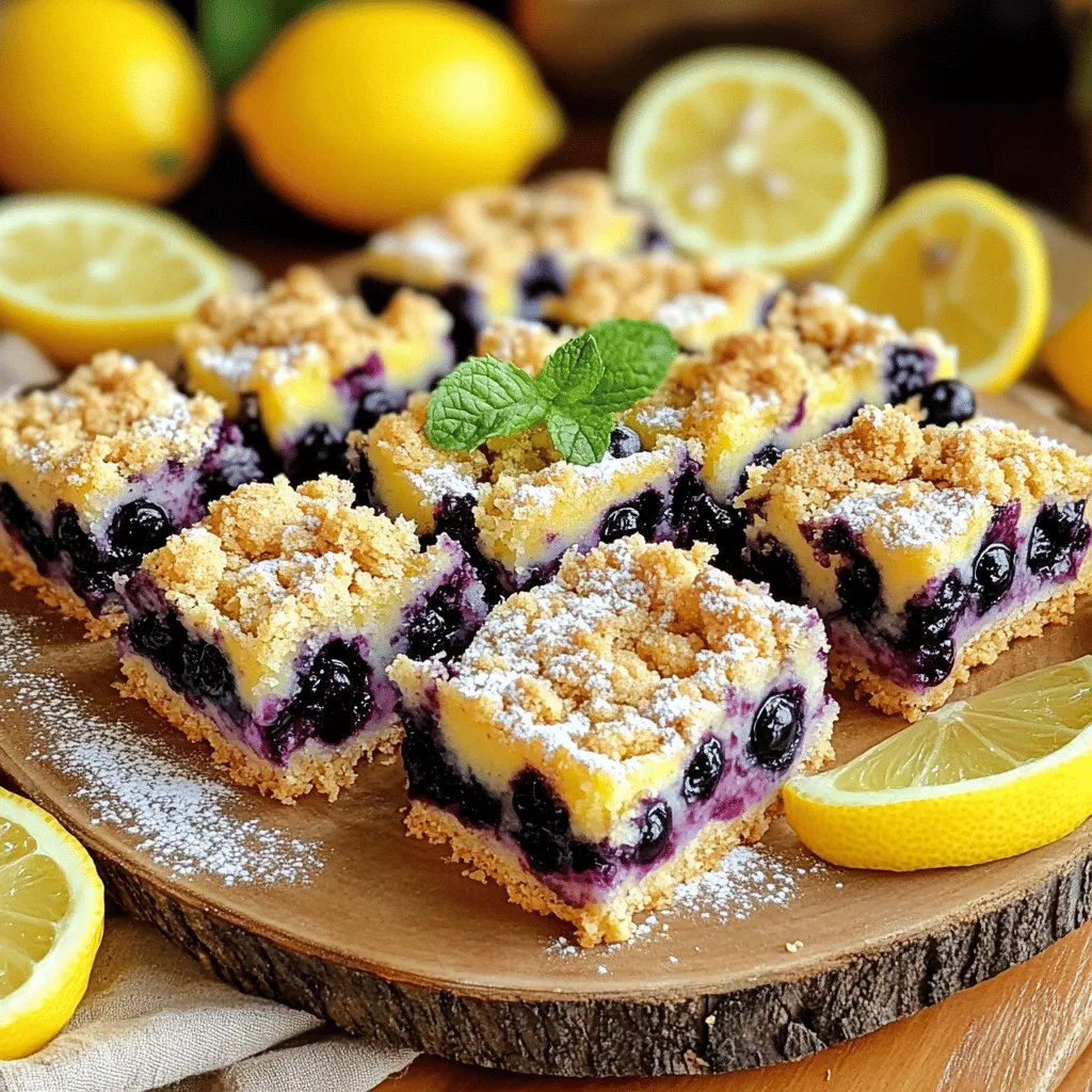 - 1 ½ cups all-purpose flour - ½ cup rolled oats - ½ cup brown sugar - ½ teaspoon baking powder - ½ teaspoon salt - ½ cup unsalted butter, melted - 1 cup fresh blueberries - 2 tablespoons cornstarch - 1 cup granulated sugar - 2 large eggs - 1/4 cup fresh lemon juice - Zest of 1 lemon - ½ teaspoon vanilla extract You may need alternatives for some ingredients. - If you want to replace unsalted butter, use coconut oil or vegan butter. - For gluten-free options, almond flour or oat flour works well. - You can use honey or agave for a sugar substitute. Fresh blueberries add bright flavor and a juicy burst. They keep their shape better. You can enjoy their sweet taste in every bite. Frozen blueberries are also good. They are easy to find and can be just as tasty. To use frozen blueberries, thaw them first. Drain excess water to keep the bars from getting soggy. - Preheat your oven to 350°F (175°C). Grease an 8x8-inch baking dish or line it with parchment paper. - In a bowl, mix 1 ½ cups all-purpose flour, ½ cup rolled oats, ½ cup brown sugar, ½ teaspoon baking powder, and ½ teaspoon salt. Stir until combined. - Pour in ½ cup melted unsalted butter. Mix until the texture looks like wet sand. Save 1 cup of this mixture for later. - Press the remaining mixture into the bottom of the baking dish. Bake this crust for 10 minutes until it turns lightly golden. - In a medium bowl, toss 1 cup of fresh blueberries with 2 tablespoons of cornstarch. Set this bowl aside. - In another bowl, mix 1 cup granulated sugar, 2 large eggs, ¼ cup fresh lemon juice, lemon zest, and ½ teaspoon vanilla extract. Whisk until smooth. - Carefully fold the blueberry mix into the lemon mix. Be gentle so you do not crush the blueberries too much. - After the crust bakes, pour the blueberry-lemon filling over it. Spread it evenly across the crust. - Crumble the reserved crust mixture over the filling to create a nice crumb topping. - Bake for 25-30 minutes. Check for doneness when the filling looks set and the topping is golden brown. - Let the bars cool in the pan for at least 30 minutes. Then slice them into squares. To get a great crust, mix flour, oats, brown sugar, baking powder, and salt well. Add melted butter and stir until it looks like wet sand. Press it firmly into the baking dish for the best base. Bake it for just 10 minutes; this helps it hold shape. For the filling, make sure the eggs are well blended with the lemon juice and zest. This blend helps to set the filling as it bakes. If it looks a bit jiggly when you take it out, let it cool more. It will firm up as it cools. Dust the bars with powdered sugar for a sweet touch. This adds a nice contrast to the bright colors. Place a sprig of fresh mint on top to give it some flair. You can also arrange the bars on a platter with lemon slices around them. It makes for a vibrant display that guests will love. To keep the bars fresh, store them in an airtight container. This helps them stay moist and tasty. If you want to keep them longer, put them in the fridge. You can even freeze them for up to three months. Before serving leftovers, warm them up in the oven for a few minutes. This refreshes the crumb topping and makes them taste as good as new. {{image_2}} You can easily change the flavor of your Lemon Blueberry Crumb Bars. A great way to do this is by adding almond extract. Just a teaspoon can enhance the flavor. Almond and lemon work well together, giving a warm taste. You can also try adding other berries. Raspberries, blackberries, or strawberries can bring new tastes and colors. Mix them with blueberries or use them alone. Just remember to adjust the sugar if your berries are tart. If you want a vegan version, you can swap the eggs. Use flaxseed meal or applesauce instead. For each egg, mix one tablespoon of flaxseed meal with three tablespoons of water. Let it sit for a few minutes to thicken before adding it to the mix. This change keeps the bars moist and tasty. For low-sugar variations, use sugar substitutes. Stevia or monk fruit sweetener can work well. Adjust the amount based on the product's sweetness level. This way, you can enjoy these bars without all the sugar. You can store your Lemon Blueberry Crumb Bars in two main ways: in the fridge or the freezer. - Refrigerator: Keep them in an airtight container. They stay fresh for about five days. - Freezer: Wrap them tightly in plastic wrap and then in foil. They can last for up to three months. For the best results, use glass or plastic containers. These keep moisture in and help prevent drying out. How long do these bars last? When stored properly, they can last: - Up to five days in the fridge. - Up to three months in the freezer. Signs of spoilage include: - A change in color or texture. - A sour smell. - Mold or any unusual spots. If you see any of these signs, it is best to throw the bars away. Enjoy your delicious treat while it’s fresh! Yes, you can make these bars ahead of time. They stay fresh when stored properly. I recommend cooling them completely and then covering them tightly. You can store them in the fridge for up to five days. This makes them great for parties or snacks. If you don’t have lemon juice, you can use lime juice. Lime juice gives a similar tart flavor. You can also use vinegar, but use less. A tablespoon of vinegar can work in a pinch but may alter the taste a bit. Yes, it is important to let the bars cool. If you slice them too soon, they may fall apart. I suggest letting them cool in the pan for at least 30 minutes. This helps the filling set and makes for cleaner slices. Absolutely! Adding nuts can give your bars a nice crunch. You could use chopped almonds, walnuts, or pecans. Mix them into the crumb topping or layer them between the crust and filling. Just keep in mind they may affect the texture. You can tell the bars are done when the top is golden brown. The filling should be set and not jiggle when you shake the pan. A toothpick inserted in the center should come out clean or with a few moist crumbs. This ensures the perfect bake. You can create delicious Lemon Blueberry Crumb Bars using common ingredients. Understanding substitutions helps if you lack certain items. Fresh blueberries shine, but frozen ones work too. Following the step-by-step instructions ensures great results. Remember the tips for perfect texture and presentation. Enjoy experimenting with variations for every taste. Store leftovers properly to savor your treat longer. With these strategies, you'll make tasty bars that impress your friends and family. Happy baking!