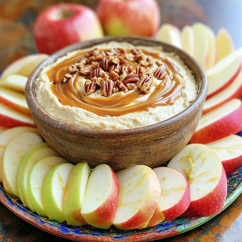 - 2 medium apples (Honeycrisp or Granny Smith) - 1 cup caramel sauce (store-bought or homemade) - 1/2 cup cream cheese, softened - 1/4 cup powdered sugar - 1 teaspoon vanilla extract - 1/4 teaspoon cinnamon - Optional garnishes (chopped nuts, extra caramel) To make a tasty caramel apple dip, you need some simple ingredients. Start with 2 medium apples. I like Honeycrisp or Granny Smith because they are crisp and sweet. Next, grab 1 cup of caramel sauce. You can buy this at the store or make your own. You will also need 1/2 cup of softened cream cheese. This gives the dip a creamy texture. Add 1/4 cup of powdered sugar for sweetness. Then, include 1 teaspoon of vanilla extract to enhance the flavor. A pinch of 1/4 teaspoon of cinnamon adds a warm spice. For fun, you can add optional garnishes. Chopped nuts like pecans or walnuts give crunch. Drizzle some extra caramel on top for a sweet touch. These ingredients come together to create a dip that’s easy and fun to eat. You can serve it with apple slices for a perfect treat. To start, gather your ingredients. In a medium bowl, combine these items: - 1/2 cup cream cheese, softened - 1/4 cup powdered sugar - 1 teaspoon vanilla extract - 1/4 teaspoon cinnamon Use a handheld mixer or a whisk. I prefer a handheld mixer for smoothness, but a whisk works too. Mix until the blend is creamy and fluffy. This step makes the dip taste rich and delightful. Next, it's time to prepare the caramel sauce. Place 1 cup of caramel sauce in a microwave-safe bowl. Heat it in the microwave for about 30 seconds. Check the sauce; it should be pourable but not too hot. Stir it to ensure a smooth consistency. This step is key for a great dip. Now, fold the warm caramel sauce into the cream cheese mixture. Use a spatula to combine gently. Make sure they are well mixed. Then, transfer the dip to a serving bowl. Smooth the top with your spatula. For a fun touch, drizzle extra caramel on top. You can also sprinkle chopped nuts like pecans or walnuts for crunch. Lastly, arrange apple slices around the dip for easy dipping. Enjoy this simple and tasty treat! To make your caramel apple dip even better, try using flavored cream cheese. Cream cheese with hints of caramel or vanilla can add depth. You can also mix in different nuts for a fun twist. Pecans or walnuts give a crunchy texture that pairs well with the dip. Serving this dip can be just as fun as making it. Arrange apple slices around the dip on a bright platter. You can even stand a few slices upright for a cool look. Drizzle extra caramel on top for a shiny finish. It makes the dip look more inviting. If you have any dip left, store it in the fridge. Use an airtight container to keep it fresh. It can last for up to three days. If you want to keep it longer, consider freezing it. Just remember to thaw it in the fridge before serving again. {{image_2}} You can use many fruits for dipping. Apples are great, but try these options: - Pear slices for a sweet crunch - Bananas for a creamy twist - Strawberries for a fresh pop - Pineapple chunks for a tropical bite These fruits pair well with caramel dip. Each fruit adds its unique taste and fun texture. For vegan alternatives, swap cream cheese with vegan cream cheese. Use a plant-based caramel sauce. Check the label to ensure it’s dairy-free. If you need gluten-free options, this dip is already safe! All ingredients are gluten-free. Just make sure your caramel sauce is gluten-free too. Adding spices or extracts can change the dip's flavor. Here are some ideas: - Mix in a pinch of nutmeg for warmth. - Add a splash of almond extract for a nutty twist. - Stir in a dash of cayenne for heat. You can also create sweet and savory dips. Try adding bacon bits or cheese for a savory twist. These flavor combos can surprise and delight your guests! To store caramel apple dip in the fridge, place it in an airtight container. This helps keep it fresh and tasty. You can cover the dip with plastic wrap if you don't have a container. Make sure to press the wrap directly onto the dip to avoid air getting in. This method keeps the dip creamy and prevents it from drying out. Can you freeze caramel apple dip? Yes, you can freeze it! However, the texture may change a bit once thawed. To freeze, use a freezer-safe container. Leave some space at the top, as the dip may expand. When you are ready to eat it, thaw it overnight in the fridge. Reheating recommendations: After thawing, mix the dip well. If it seems too thick, you can add a little cream cheese or caramel sauce to bring back its smooth texture. How long will it last in the fridge? Caramel apple dip can last about 3 to 5 days in the fridge. Make sure to check it before serving. Signs of spoilage to watch for include changes in color, a sour smell, or mold. If you see any of these signs, it’s best to throw the dip away. Keeping an eye on your dip ensures you enjoy it at its best! Yes, you can use homemade caramel sauce. To make it, you'll need just a few simple ingredients: sugar, butter, and heavy cream. Start by heating one cup of sugar in a pot over medium heat. Stir it until it melts and turns a golden brown. Then, add 6 tablespoons of butter and mix well. Finally, pour in half a cup of heavy cream and stir until smooth. Let it cool before using it in your dip. Honeycrisp and Granny Smith apples are the best choices for caramel apple dip. Honeycrisp apples are sweet and juicy, which contrasts nicely with the rich caramel. Granny Smith apples provide a tart flavor that balances the sweetness. Other good options include Fuji and Gala apples. Each has a unique taste and texture, so you can choose based on your preference. Making caramel apple dip takes just 15 minutes. You can prep the cream cheese mixture and warm the caramel in about 5 minutes. Then, mix everything together and serve. This quick recipe is perfect for a last-minute snack or dessert. Enjoy the fun of dipping apples in this rich and creamy treat! In this post, we covered how to make a delicious caramel apple dip. We detailed the essential ingredients and explained the steps for mixing and serving. I shared tips to enhance flavor and presentation, along with storage info. Remember, you can customize the dip with different fruits or dietary options. This dip is perfect for gatherings and easy to make. Enjoy your tasty treat and impress your friends!